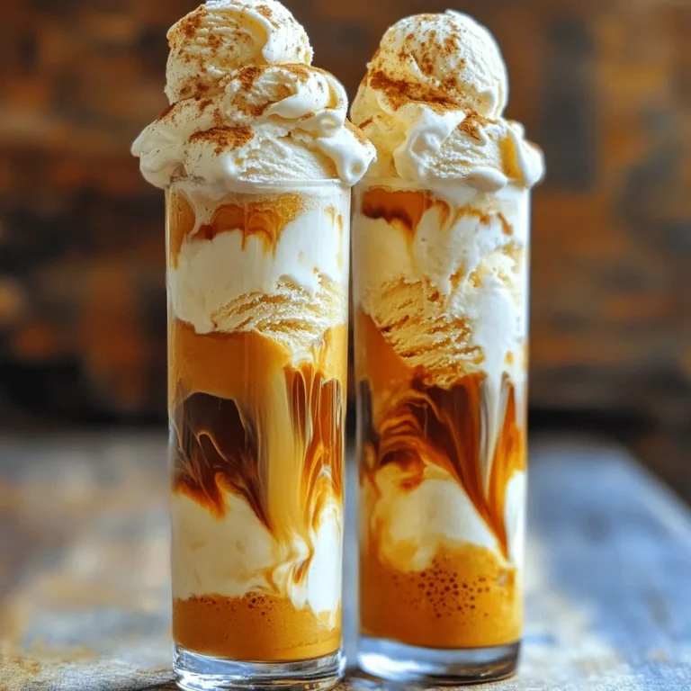To make your Pumpkin Spice Latte Ice Cream Floats, you will need these key ingredients: - 2 cups brewed coffee, cooled - 1 cup pumpkin puree - 1/2 cup milk (or dairy-free alternative) - 1/3 cup sugar - 2 teaspoons pumpkin pie spice - 1 teaspoon vanilla extract - 4 scoops vanilla or coffee ice cream - Whipped cream, for topping - Extra pumpkin pie spice or cinnamon, for garnish These ingredients create a rich and creamy blend that brings the fall spirit to your glass. You can personalize your floats with these optional ingredients: - Caramel sauce for extra sweetness - Chocolate chips for a fun crunch - Maple syrup for a unique flavor twist - Nutmeg for additional spice Feel free to mix and match to find your perfect flavor. If you want a dairy-free option, try these substitutes: - Use almond milk or oat milk instead of regular milk. - Choose dairy-free ice cream, like coconut or almond-based options. These swaps keep the flavor while ensuring everyone can enjoy this treat! First, grab a medium bowl. In this bowl, mix 2 cups of cooled brewed coffee with 1 cup of pumpkin puree. Add in 1/2 cup of milk, which can be dairy or a substitute. Stir in 1/3 cup of sugar, 2 teaspoons of pumpkin pie spice, and 1 teaspoon of vanilla extract. Whisk it all together until it looks smooth. Taste your mixture. If you want more sweetness or spice, add more sugar or pumpkin pie spice. Now, take four tall glasses. In each glass, scoop one generous scoop of vanilla or coffee ice cream. Slowly pour the pumpkin spice coffee mixture over the ice cream. Watch as it creates a fun float effect. The ice cream will start to melt a bit but should keep its shape. To get the best float, pour the coffee mixture gently. This way, it won’t sink right to the bottom. Use a spoon to help guide the mixture if needed. After topping with whipped cream, sprinkle some pumpkin pie spice or cinnamon on top. This adds flavor and makes the float look pretty. Enjoy your treat right away with a straw and a spoon! To boost the flavor of your Pumpkin Spice Latte Ice Cream Floats, try these tips: - Use fresh pumpkin puree for a richer taste. - Swap out regular milk for oat or almond milk for extra creaminess. - Add a pinch of nutmeg to deepen the spice flavors. - Mix in a dash of maple syrup for a hint of sweetness. - Experiment with flavored ice creams, like caramel or chocolate, for a twist. Avoid these pitfalls for the best floats: - Don’t use hot coffee; it will melt your ice cream too fast. - Adding too much sugar can overpower the pumpkin flavor. - Skipping the whisking step can leave lumps in your mixture. - Using low-quality ice cream can affect the texture and taste. - Don’t forget to taste your mixture! Adjust the flavors before pouring. Make your floats stand out with these serving ideas: - Use clear glasses to show off the layers. - Garnish with crushed graham crackers for a fun crunch. - Add chocolate shavings for a sweet contrast. - Serve with cute straws or spoons for easy enjoyment. - Drizzle caramel sauce on top for a decadent touch. {{image_2}} You can switch up the ice cream flavor for your float. Instead of vanilla or coffee, try chocolate, caramel, or even pumpkin ice cream. Each will give a new twist to your treat. Chocolate ice cream adds a rich depth. Caramel brings a sweet touch. Pumpkin ice cream enhances the fall vibe. Not a coffee fan? You can still enjoy this float! Use warm milk or chai tea as a base. Just mix in pumpkin puree, sugar, and spices. It will taste just as good. You can also use apple cider for a fruity twist. This option is great for kids or those avoiding caffeine. Change the flavors to match the season. In winter, use peppermint ice cream with hot cocoa. For spring, mix in fresh berries and yogurt. In summer, try tropical flavors like coconut or mango. Each season brings new tastes to explore. Don't hesitate to get creative with your floats! If you have some Pumpkin Spice Latte Ice Cream Floats left, store them in the fridge. Place the floats in airtight containers. This keeps their taste fresh. Avoid leaving them open, as they can absorb other smells. It is best to eat them within two days for the best flavor. For the ice cream, keep it in the freezer. Wrap it well in plastic wrap or foil. This stops ice crystals from forming. If you use a store-bought tub, keep it closed when not in use. Ice cream can last for a few weeks when stored right. If you have leftover coffee mixture, pour it into an ice cube tray. Freeze it until solid. You can use these cubes in future floats. Just blend them with some milk or cream for a quick treat. This way, you can enjoy the flavors later, too! Yes, you can prepare the pumpkin spice coffee mix ahead of time. Just store it in the fridge. It stays fresh for up to three days. When you’re ready, simply pour it over the ice cream. The ice cream will melt a bit, but that is part of the fun! To change the sweetness, taste the coffee mix first. If it's not sweet enough, add more sugar. Start with one tablespoon and mix well. Keep tasting until it’s just right for you. You can also use sweeter types of milk or flavored creamers if you want. There are many fun toppings to try! Here are some ideas: - Crushed graham crackers for crunch - Chopped nuts for texture - Chocolate syrup for a twist - Caramel sauce for added sweetness - Mini marshmallows for extra fluff Yes, you can easily make a vegan version! Use dairy-free milk and ice cream. Almond, coconut, or oat milk works great. For ice cream, look for brands that make vegan options. The flavors will still be rich and delicious! You learned how to make a tasty Pumpkin Spice Latte Ice Cream Float. We covered essential and optional ingredients, plus dairy-free swaps. I shared steps to make the coffee base and assemble your floats. You now know tips to enhance flavor and avoid common mistakes. Remember to store any leftovers properly and freeze your coffee mix. This float is easy to customize, so have fun with it. Enjoy your delicious creation today or share it with friends.