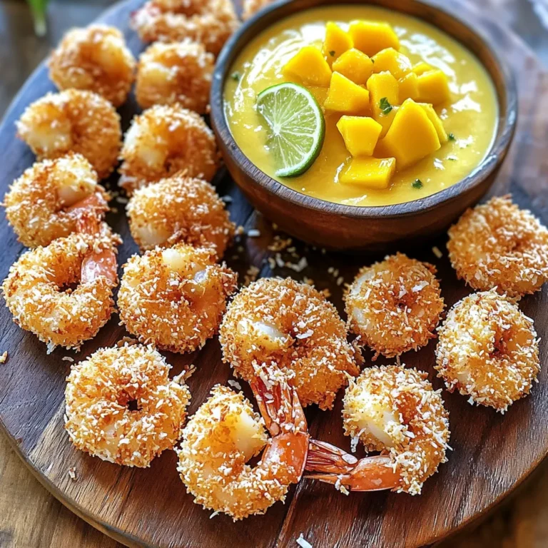 - 1 pound large shrimp, peeled and deveined - 1 cup all-purpose flour - 2 large eggs, beaten - 1 cup shredded sweetened coconut - 1 cup panko breadcrumbs - 1 teaspoon garlic powder - 1 teaspoon paprika - Salt and pepper, to taste - Cooking spray - 1 ripe mango, peeled and diced - 1/2 cup plain Greek yogurt - 1 tablespoon honey - 1 tablespoon lime juice - Salt to taste You can change some ingredients if needed. If you want a gluten-free option, use almond flour instead of all-purpose flour. For a lighter dip, swap Greek yogurt with low-fat yogurt. You can also use agave syrup instead of honey for a vegan choice. If fresh mango is not available, use canned mango or frozen mango chunks. Just make sure to thaw them first. These swaps keep the dish tasty and fun! First, we make the mango dip. Grab a ripe mango and peel it. Dice the mango into small pieces. Next, add the diced mango to a blender. Include half a cup of plain Greek yogurt, one tablespoon of honey, and one tablespoon of lime juice. Don’t forget a pinch of salt. Blend everything until it’s smooth and creamy. Taste it to see if you want to add more honey. Once it's ready, move the dip to a bowl. Place it in the fridge while we get the shrimp ready. Now, let’s set up our breading station. You’ll need three shallow dishes. In the first dish, add one cup of all-purpose flour. Season this flour with salt and pepper. In the second dish, beat two large eggs. Finally, in the third dish, mix one cup of shredded coconut with one cup of panko breadcrumbs. Add one teaspoon of garlic powder, one teaspoon of paprika, and a pinch of salt. This mix will give our shrimp a great flavor. Before we cook, preheat your air fryer to 400°F (200°C). Now, take a shrimp and coat it in the seasoned flour. Shake off any extra flour. Next, dip it into the beaten eggs, letting the excess drip off. Then, roll the shrimp in the coconut-panko mix. Press gently so it sticks well. Place the breaded shrimp on a plate. Repeat this with all the shrimp. Lightly spray the air fryer basket with cooking spray. Arrange the shrimp in a single layer, making sure not to crowd them. Give the tops a light spray with more cooking spray for extra crispiness. Cook the shrimp in the air fryer for about 8 to 10 minutes. Flip them halfway through. They should be golden brown and crispy when done. Once cooked, let them rest for a minute. Serve the crispy coconut shrimp warm with the mango dip on the side. To get your shrimp super crispy, start by using panko breadcrumbs. They are light and airy. The combination of panko and shredded coconut creates a crunchy outer layer. For an extra crisp, lightly spray the shrimp with cooking spray before cooking. This helps them brown nicely in the air fryer. Cooking time changes based on shrimp size. Large shrimp cook in about 8 to 10 minutes. If you use smaller shrimp, check them around 6 to 8 minutes. Always flip the shrimp halfway through. This ensures even cooking. If they look golden and crispy, they are ready to eat! The mango dip is refreshing on its own, but you can boost its flavor. Add a pinch of chili powder for a bit of heat. You can also mix in some fresh cilantro for a herbal touch. If you want more sweetness, try adding a splash of orange juice. Adjust the salt to your taste for a perfect dip. {{image_2}} You can jazz up your coconut shrimp with various dips. Try a sweet chili sauce for a spicy kick. You can also use a zesty cilantro-lime dip to enhance the tropical vibe. Each dip brings its unique flavor, making your meal fun and exciting. I love to experiment with flavors, and this keeps it fresh. Air frying gives coconut shrimp a crispy finish without too much oil. Baking can work too, but it might not reach the same level of crunch. If you choose to bake, set your oven to 425°F (220°C). Spread the shrimp on a lined baking sheet and bake for about 12-15 minutes. Flip them halfway for even cooking. Both methods are tasty, but air frying is quicker and has that extra crunch. If you crave heat, make a spicy version. Mix cayenne pepper into the flour for a kick. You can also add some hot sauce to the beaten eggs. This adds flavor and heat, giving your shrimp a delightful surprise. Adjust the spice level based on your taste. The balance of sweet coconut and spicy shrimp is simply amazing! After cooking, let the shrimp cool to room temperature. Place them in an airtight container. Store in the fridge for up to three days. Reheat them in the air fryer for a crispy bite. This way, they regain their crunch. To freeze, first, let the shrimp cool completely. Arrange them in a single layer on a baking sheet. Freeze for about two hours until firm. Then, transfer to a freezer-safe bag. They can last up to two months in the freezer. When ready, cook them directly from frozen. Just add a few extra minutes to the cooking time. The mango dip can stay fresh in the fridge for about five days. Keep it in an airtight container to maintain its flavor. If you notice any changes in smell or texture, it's best to discard it. For longer storage, you can freeze the dip. Just remember to thaw it before serving. To make coconut shrimp in the air fryer, start by setting up a breading station. Use three shallow dishes. In one, place flour seasoned with salt and pepper. In the second, add beaten eggs. In the third, mix shredded coconut, panko breadcrumbs, garlic powder, paprika, and a pinch of salt. Next, coat each shrimp in flour, then dip in eggs, and finally coat with the coconut mixture. Preheat the air fryer to 400°F (200°C). Spray the basket with cooking spray. Arrange the shrimp in a single layer and lightly spray the tops. Cook for 8-10 minutes, flipping halfway, until golden brown and crispy. Yes, you can use frozen shrimp for this recipe. Be sure to thaw them first. Place the shrimp in the fridge overnight or run them under cold water in a bowl. Pat them dry before breading. This step ensures the coating sticks well and fries up crispy. Coconut shrimp pairs well with many sides. You can serve it with: - Rice or quinoa for a filling meal. - A fresh salad for a light option. - Sweet potato fries for a tasty side. - A tangy dipping sauce like sweet chili. To make the mango dip healthier, try these tips: - Use low-fat Greek yogurt instead of regular. - Replace honey with a natural sweetener, like stevia. - Add a splash of orange juice for extra flavor without added sugar. - Use fresh herbs like mint or cilantro for added nutrition and taste. You learned how to make tasty coconut shrimp with a mango dip. We covered the ingredients, step-by-step cooking, and how to store leftovers. I shared tips for crispiness and flavor, plus variations for your meal. Now you can impress your friends and family with this dish. Enjoy your cooking!