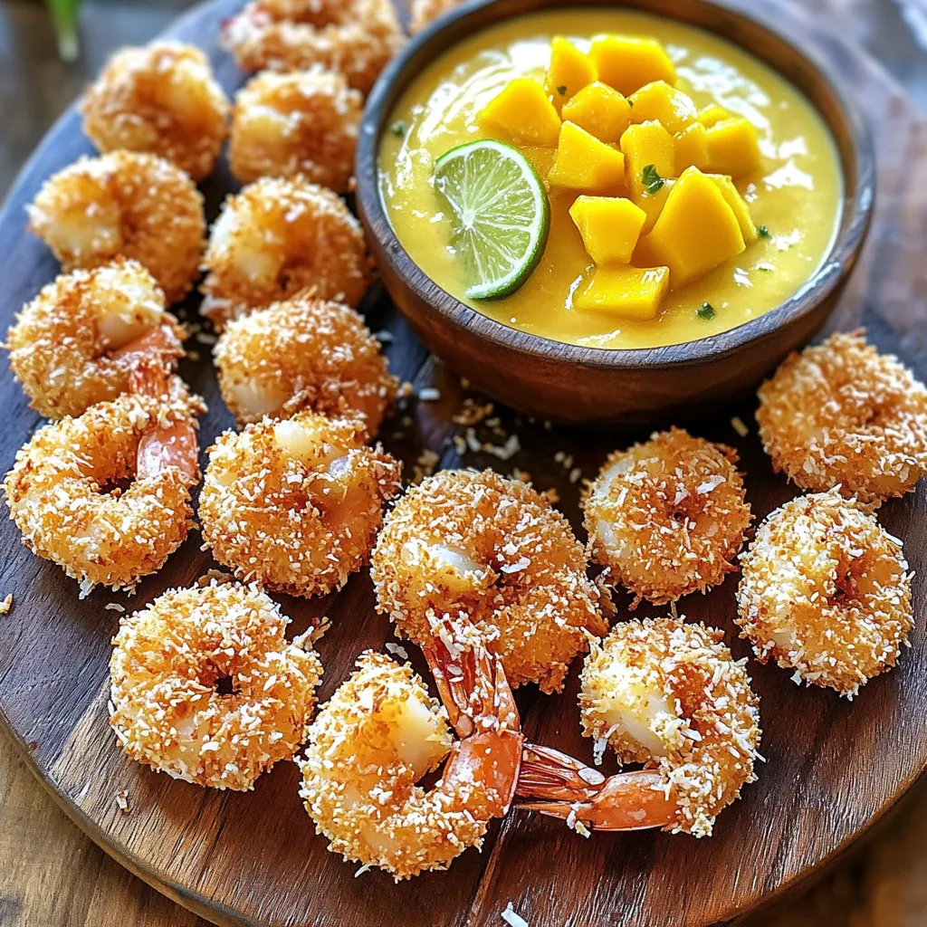 - 1 pound large shrimp, peeled and deveined - 1 cup all-purpose flour - 2 large eggs, beaten - 1 cup shredded sweetened coconut - 1 cup panko breadcrumbs - 1 teaspoon garlic powder - 1 teaspoon paprika - Salt and pepper, to taste - Cooking spray - 1 ripe mango, peeled and diced - 1/2 cup plain Greek yogurt - 1 tablespoon honey - 1 tablespoon lime juice - Salt to taste You can change some ingredients if needed. If you want a gluten-free option, use almond flour instead of all-purpose flour. For a lighter dip, swap Greek yogurt with low-fat yogurt. You can also use agave syrup instead of honey for a vegan choice. If fresh mango is not available, use canned mango or frozen mango chunks. Just make sure to thaw them first. These swaps keep the dish tasty and fun! First, we make the mango dip. Grab a ripe mango and peel it. Dice the mango into small pieces. Next, add the diced mango to a blender. Include half a cup of plain Greek yogurt, one tablespoon of honey, and one tablespoon of lime juice. Don’t forget a pinch of salt. Blend everything until it’s smooth and creamy. Taste it to see if you want to add more honey. Once it's ready, move the dip to a bowl. Place it in the fridge while we get the shrimp ready. Now, let’s set up our breading station. You’ll need three shallow dishes. In the first dish, add one cup of all-purpose flour. Season this flour with salt and pepper. In the second dish, beat two large eggs. Finally, in the third dish, mix one cup of shredded coconut with one cup of panko breadcrumbs. Add one teaspoon of garlic powder, one teaspoon of paprika, and a pinch of salt. This mix will give our shrimp a great flavor. Before we cook, preheat your air fryer to 400°F (200°C). Now, take a shrimp and coat it in the seasoned flour. Shake off any extra flour. Next, dip it into the beaten eggs, letting the excess drip off. Then, roll the shrimp in the coconut-panko mix. Press gently so it sticks well. Place the breaded shrimp on a plate. Repeat this with all the shrimp. Lightly spray the air fryer basket with cooking spray. Arrange the shrimp in a single layer, making sure not to crowd them. Give the tops a light spray with more cooking spray for extra crispiness. Cook the shrimp in the air fryer for about 8 to 10 minutes. Flip them halfway through. They should be golden brown and crispy when done. Once cooked, let them rest for a minute. Serve the crispy coconut shrimp warm with the mango dip on the side. To get your shrimp super crispy, start by using panko breadcrumbs. They are light and airy. The combination of panko and shredded coconut creates a crunchy outer layer. For an extra crisp, lightly spray the shrimp with cooking spray before cooking. This helps them brown nicely in the air fryer. Cooking time changes based on shrimp size. Large shrimp cook in about 8 to 10 minutes. If you use smaller shrimp, check them around 6 to 8 minutes. Always flip the shrimp halfway through. This ensures even cooking. If they look golden and crispy, they are ready to eat! The mango dip is refreshing on its own, but you can boost its flavor. Add a pinch of chili powder for a bit of heat. You can also mix in some fresh cilantro for a herbal touch. If you want more sweetness, try adding a splash of orange juice. Adjust the salt to your taste for a perfect dip. {{image_2}} You can jazz up your coconut shrimp with various dips. Try a sweet chili sauce for a spicy kick. You can also use a zesty cilantro-lime dip to enhance the tropical vibe. Each dip brings its unique flavor, making your meal fun and exciting. I love to experiment with flavors, and this keeps it fresh. Air frying gives coconut shrimp a crispy finish without too much oil. Baking can work too, but it might not reach the same level of crunch. If you choose to bake, set your oven to 425°F (220°C). Spread the shrimp on a lined baking sheet and bake for about 12-15 minutes. Flip them halfway for even cooking. Both methods are tasty, but air frying is quicker and has that extra crunch. If you crave heat, make a spicy version. Mix cayenne pepper into the flour for a kick. You can also add some hot sauce to the beaten eggs. This adds flavor and heat, giving your shrimp a delightful surprise. Adjust the spice level based on your taste. The balance of sweet coconut and spicy shrimp is simply amazing! After cooking, let the shrimp cool to room temperature. Place them in an airtight container. Store in the fridge for up to three days. Reheat them in the air fryer for a crispy bite. This way, they regain their crunch. To freeze, first, let the shrimp cool completely. Arrange them in a single layer on a baking sheet. Freeze for about two hours until firm. Then, transfer to a freezer-safe bag. They can last up to two months in the freezer. When ready, cook them directly from frozen. Just add a few extra minutes to the cooking time. The mango dip can stay fresh in the fridge for about five days. Keep it in an airtight container to maintain its flavor. If you notice any changes in smell or texture, it's best to discard it. For longer storage, you can freeze the dip. Just remember to thaw it before serving. To make coconut shrimp in the air fryer, start by setting up a breading station. Use three shallow dishes. In one, place flour seasoned with salt and pepper. In the second, add beaten eggs. In the third, mix shredded coconut, panko breadcrumbs, garlic powder, paprika, and a pinch of salt. Next, coat each shrimp in flour, then dip in eggs, and finally coat with the coconut mixture. Preheat the air fryer to 400°F (200°C). Spray the basket with cooking spray. Arrange the shrimp in a single layer and lightly spray the tops. Cook for 8-10 minutes, flipping halfway, until golden brown and crispy. Yes, you can use frozen shrimp for this recipe. Be sure to thaw them first. Place the shrimp in the fridge overnight or run them under cold water in a bowl. Pat them dry before breading. This step ensures the coating sticks well and fries up crispy. Coconut shrimp pairs well with many sides. You can serve it with: - Rice or quinoa for a filling meal. - A fresh salad for a light option. - Sweet potato fries for a tasty side. - A tangy dipping sauce like sweet chili. To make the mango dip healthier, try these tips: - Use low-fat Greek yogurt instead of regular. - Replace honey with a natural sweetener, like stevia. - Add a splash of orange juice for extra flavor without added sugar. - Use fresh herbs like mint or cilantro for added nutrition and taste. You learned how to make tasty coconut shrimp with a mango dip. We covered the ingredients, step-by-step cooking, and how to store leftovers. I shared tips for crispiness and flavor, plus variations for your meal. Now you can impress your friends and family with this dish. Enjoy your cooking!