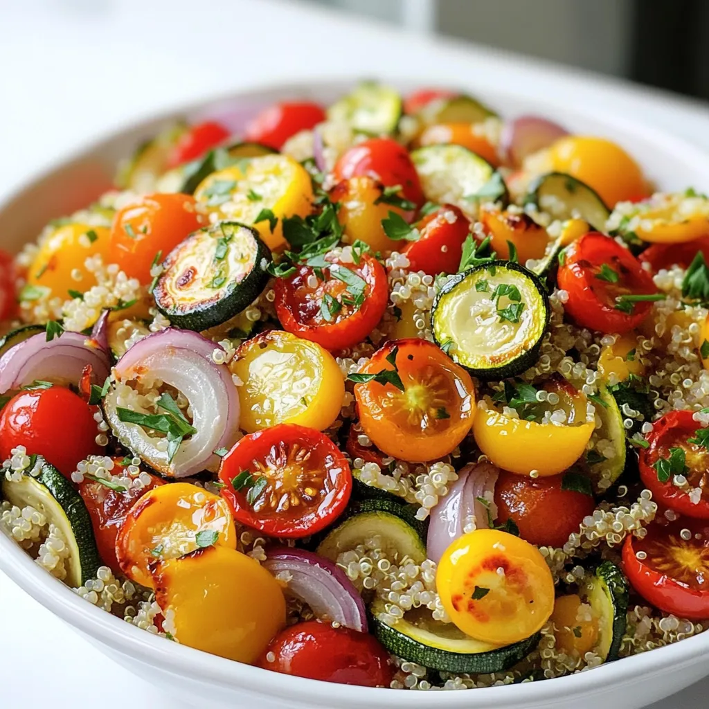 - 1 cup quinoa, rinsed - 2 cups vegetable broth - 1 zucchini, diced - 1 red bell pepper, diced - 1 yellow bell pepper, diced - 1 cup cherry tomatoes, halved - 1 red onion, sliced - 2 tablespoons olive oil - 1 teaspoon garlic powder - 1 teaspoon dried oregano - 1 teaspoon cumin - Salt and pepper to taste - Fresh parsley for garnish To make a delicious roasted vegetable quinoa pilaf, you need fresh and colorful ingredients. Quinoa is the star here. It has protein and fiber. Rinsing it helps remove any bitterness. The vegetable broth adds flavor as the quinoa cooks. Next, we have zucchini, red and yellow bell peppers, cherry tomatoes, and red onion. These veggies not only taste great but also add bright colors. Each one brings a unique flavor to the dish. You’ll also need olive oil, garlic powder, oregano, and cumin. These spices give the pilaf depth and warmth. Don’t forget to add salt and pepper. They help to bring out all the flavors. Finally, fresh parsley adds a nice touch. It adds a pop of color and freshness. This mix of ingredients makes for a nutritious and simple meal that you can enjoy any day of the week! First, preheat your oven to 425°F (220°C). This heat helps roast the veggies well. Next, take a large baking sheet and line it with parchment paper for easy cleanup. In a bowl, combine the diced zucchini, red bell pepper, yellow bell pepper, cherry tomatoes, and red onion. These colors make the dish fun and tasty! Drizzle the vegetables with two tablespoons of olive oil. Then, sprinkle in one teaspoon of garlic powder, oregano, and cumin. Add salt and pepper to taste. Toss everything together until the vegetables are well coated. Place the baking sheet in the preheated oven. Roast the vegetables for 20 to 25 minutes. Stir them halfway through. This keeps them from burning and helps them roast evenly. You want them to be tender and have a nice golden color. The sweet smell of roasting veggies fills your kitchen and makes it feel cozy. While the veggies roast, rinse one cup of quinoa under cold water. This step removes any bitter taste. In a medium saucepan, bring two cups of vegetable broth to a boil. Once it boils, add the rinsed quinoa. Reduce the heat to low, cover, and let it simmer. Cook for 15 to 20 minutes. When it's done, the quinoa will be fluffy, and the broth will be absorbed. Once the vegetables are roasted and the quinoa is ready, it's time to mix. In a large bowl, combine the roasted vegetables with the cooked quinoa. Gently fold everything together. Taste the mix and adjust the seasoning with more salt and pepper if needed. Serve it warm and garnish with fresh parsley. - Choosing the right vegetables for roasting: Select fresh, colorful vegetables. Zucchini, bell peppers, cherry tomatoes, and red onion work well together. Their flavors blend nicely when roasted. You can also try seasonal options for variety. - Essential tips for flavor enhancement: Use olive oil generously. It helps veggies caramelize and adds flavor. Sprinkle garlic powder, dried oregano, and cumin on top. These spices elevate the taste. Don’t forget to season with salt and pepper for balance. - How to achieve fluffy quinoa: Rinse quinoa under cold water. This step removes bitter flavors. Use two cups of vegetable broth for every one cup of quinoa. Bring broth to a boil, then reduce heat to simmer. Cover and cook for 15 to 20 minutes. Your quinoa will be light and fluffy. - Troubleshooting common quinoa issues: If quinoa is mushy, you may have added too much liquid. Always measure carefully. If it sticks together, try rinsing it better next time. - Best serving temperatures: Serve the dish warm for the best flavor. Cold quinoa can dull the taste. - Accompaniments and garnishing ideas: Top with fresh parsley for color and freshness. You can also add a squeeze of lemon juice for brightness. Pair it with a protein like grilled chicken or chickpeas for a complete meal. {{image_2}} You can swap seasonal vegetables in this recipe. For summer, try using fresh corn or eggplant. In fall, butternut squash or Brussels sprouts work well. Feel free to mix and match! Adding leafy greens can boost nutrition. Spinach or kale adds color and vitamins. Just stir them in during the last few minutes of roasting. They will wilt beautifully and enhance the dish. You can easily change the flavor of your pilaf. Fresh herbs like basil or thyme add a bright touch. You can also try spices like paprika for a kick. Experiment with your favorites! For protein, consider adding chickpeas or diced chicken. This will make your pilaf heartier and more filling. Just mix the protein in with the vegetables before roasting. This recipe is gluten-free and vegan. Quinoa is a great grain choice for those needs. You can enjoy it without worry! If you're watching carbs, reduce the quinoa. Use half a cup instead of a full cup. You can also add more vegetables to fill your plate. This keeps the meal satisfying without too many carbs. To keep your Roasted Vegetable Quinoa Pilaf fresh, use airtight containers. Glass or plastic containers work well. Store in the fridge for up to four days. If you want to keep it longer, freezing is a great option. When reheating, the microwave works best. Heat in short bursts of 30 seconds. Stir in between to warm evenly. To avoid dry quinoa, add a splash of vegetable broth or water before reheating. This keeps it fluffy and moist. To freeze the pilaf, let it cool completely first. Then, place it in freezer-safe bags or containers. Ensure you remove excess air. You can freeze it for up to three months. To thaw, move it to the fridge overnight. Reheat as mentioned above for best results. Quinoa is a grain-like seed that packs a punch of nutrition. It is rich in protein, fiber, and essential vitamins. Quinoa contains all nine amino acids, making it a complete protein source. This is great for vegetarians and vegans. It also has a low glycemic index, which helps keep your blood sugar steady. When comparing quinoa to rice, quinoa offers more nutrients. One cup of cooked quinoa has about 8 grams of protein while white rice has only 4 grams. Quinoa has more fiber, iron, and magnesium, too. This makes it a healthier choice for meals. Yes, you can make this dish ahead of time! To store it, keep it in an airtight container in the fridge. It stays good for about 3 to 4 days. If you want to prep, roast the veggies and cook the quinoa in advance. To refresh the pilaf before serving, you can reheat it in the microwave or on the stovetop. Add a splash of vegetable broth or water to keep it moist. Stir it occasionally as it heats. Rinsing quinoa is key to removing its natural coating, called saponin. Saponin can make quinoa taste bitter. To rinse, place the quinoa in a fine mesh strainer and run cold water over it for about 2 minutes. Other tips to enhance flavor include cooking quinoa in vegetable broth instead of water. You can also add spices like cumin or garlic powder to the cooking water for extra taste. This will make your quinoa more flavorful and enjoyable! This blog post covered how to make a delicious roasted vegetable quinoa meal. We looked at the key ingredients, step-by-step instructions, and helpful tips for perfect results. I shared ideas for variations and how to store leftovers. Making this dish is simple and rewarding. Enjoy the many flavors, and don’t be afraid to customize it to fit your taste. With this guide, you can create a healthy meal that everyone will love. Happy cooking!