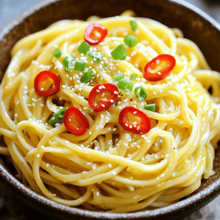 - 8 ounces spaghetti or noodles of choice - 6 tablespoons unsalted butter - 6 cloves garlic, minced - 1-2 red chili peppers, sliced (adjust for spice level) - 1 tablespoon soy sauce - 1 tablespoon honey - 1 teaspoon sesame oil - 1/4 cup green onions, chopped - 1/4 cup grated Parmesan cheese (optional) - Salt and pepper to taste - Sesame seeds for garnish These ingredients come together to create a vibrant and tasty dish. The spaghetti or noodles are the base, providing a lovely texture. Unsalted butter adds richness, while minced garlic gives a strong flavor. The red chili peppers bring heat that you can adjust to your liking. Soy sauce adds depth, and honey balances the heat with a touch of sweetness. Sesame oil adds a unique nutty flavor. Green onions add freshness and color, while Parmesan cheese, if used, gives a savory touch. Finally, sesame seeds make a great garnish, adding crunch. - Calories per serving: Approximately 450 - Carbohydrates: 60g - Fats: 20g - Protein: 10g This dish is not only tasty but also packs a good amount of energy. The carbs come mainly from the noodles, which fuel your body. The fats are from the butter and any cheese you might add. The protein helps in muscle repair, making it a satisfying meal. To cook your spaghetti or noodles, start by heating a large pot of salted water. Bring it to a rolling boil. Add 8 ounces of your chosen noodles. Cook them according to the package directions until they are al dente. This usually takes around 8 to 10 minutes. Stir the noodles occasionally to prevent sticking. To achieve that perfect al dente texture, taste a noodle a minute or two before the time is up. It should be firm but not hard. Once done, drain the noodles in a colander and set them aside. Remember to reserve about half a cup of the pasta water for later. Next, let's prepare the sauce. In a large skillet, melt 6 tablespoons of unsalted butter over medium heat. Once the butter is nicely melted, add 6 cloves of minced garlic and 1 to 2 sliced red chili peppers. Sauté these for about 2 to 3 minutes. You want the garlic to become fragrant and lightly golden. After that, stir in 1 tablespoon of soy sauce, 1 tablespoon of honey, and 1 teaspoon of sesame oil. Mix everything well so it combines perfectly. This sauce is where the magic happens, so don’t rush through it. Now, it's time to mix everything together. Add the cooked noodles directly into the skillet with your garlic butter sauce. Toss them gently to coat every noodle in that delicious sauce. If the noodles seem too dry, use the reserved pasta water. Slowly add it in, a little at a time, until you reach your desired consistency. Lastly, toss in 1/4 cup of chopped green onions and season with salt and pepper to taste. If you want to add a touch of creaminess, sprinkle in 1/4 cup of grated Parmesan cheese and mix well. Let everything sit for a minute off the heat. This resting time helps the flavors meld beautifully before you serve. To enhance the garlic taste, use fresh minced garlic. The more garlic, the better! You can also add garlic powder for extra depth. For spice lovers, add more chili peppers. If you like it mild, use just one. When cooking, keep the heat moderate. This helps the garlic turn golden but not burnt. Stir often to keep it from sticking. If you want a richer flavor, use a mix of butter and olive oil. These noodles pair well with grilled chicken or shrimp. They also work great with steamed veggies like broccoli or snap peas. For a hearty meal, serve with a side salad. For garnishing, sprinkle green onions and sesame seeds on top. You can also add a squeeze of lime for brightness. A drizzle of extra soy sauce can add more umami. {{image_2}} You can make Spicy Garlic Butter Noodles fit your needs. If you're gluten-free, try rice noodles or zucchini noodles. They work well and keep the dish tasty. For those who want a vegan twist, swap out the butter for olive oil or vegan butter. You can also use nutritional yeast instead of Parmesan cheese. This will give you that cheesy flavor without the dairy. Add more fun and nutrition by mixing in veggies or proteins. Try adding broccoli, bell peppers, or spinach. You can also toss in cooked chicken, shrimp, or tofu for extra protein. Want to change up the flavor? Experiment with different sauces or spice blends. You could use chili garlic sauce for more heat or teriyaki sauce for a sweet twist. The key is to play around until you find your favorite combo. To keep your Spicy Garlic Butter Noodles fresh, follow these steps: - Allow the noodles to cool to room temperature. - Place them in an airtight container. - Store in the fridge for up to 3 days. Using an airtight container helps prevent moisture loss. Glass or plastic containers work well. If you have a lot of leftovers, consider using smaller containers. This way, you only open what you need. When you're ready to enjoy your leftovers, use these methods for the best results: - Stovetop: Heat a skillet over low heat. Add a splash of water or broth. This adds moisture while reheating. Stir gently until warmed through. - Microwave: Place noodles in a microwave-safe bowl. Add a teaspoon of water. Cover with a microwave-safe lid or plate. Heat in short bursts, stirring in between, until hot. To keep the flavor strong, avoid high heat. High heat can dry them out. Adding a little butter or oil while reheating can also boost the taste. Yes, you can make Spicy Garlic Butter Noodles ahead of time. Store them in an airtight container in the fridge. They stay fresh for about 3 days. To keep the noodles from sticking, add a little olive oil before storing. This will help them stay separate. When you're ready to eat, just reheat them on the stove or in the microwave. Add a splash of water to help soften the noodles. If you want to skip butter, there are good options. Olive oil works well and gives a nice flavor. You can also use plant-based butters if you prefer a vegan option. Coconut oil can add a sweet taste, while avocado oil is a healthy choice. Choose what fits your diet and taste best. You can easily adjust the spice in this dish. Use more or fewer red chili peppers based on your taste. If you want less heat, take out the seeds from the peppers. For a milder flavor, try using sweet bell peppers instead. You can also add a pinch of red pepper flakes for a different heat level. In this blog post, we covered how to make Spicy Garlic Butter Noodles. We discussed ingredients, cooking steps, tips for flavor, and storage. You can create a delicious dish no matter your skill level. Enjoy finding your own flavor variations, whether swapping noodles or changing spices. This recipe allows you to be creative while making it fit your taste. Simple options like storing and reheating keep your meal fresh. Dive into the kitchen and enjoy your meal!