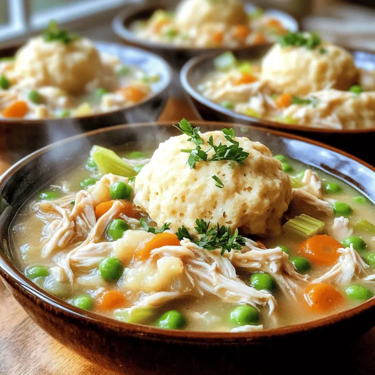 - 2 lbs boneless, skinless chicken thighs - 4 cups low-sodium chicken broth - 1 cup carrots, sliced - 1 cup celery, chopped - 1 cup frozen peas - 1 medium onion, diced - 3 cloves garlic, minced I love using boneless, skinless chicken thighs for their rich flavor. They stay juicy and tender as they cook. Low-sodium chicken broth adds depth without too much salt. I include carrots, celery, peas, and garlic for a colorful mix. These veggies not only taste great but also add nutrition. - 1 teaspoon dried thyme - 1 teaspoon dried rosemary - 1 tablespoon olive oil - 1 cup heavy cream - 2 cups biscuit mix (like Bisquick) - 2/3 cup milk For seasoning, I use thyme and rosemary. These herbs give the dish an aromatic touch. Olive oil helps sauté the veggies, giving them a nice base. Heavy cream adds richness to the broth. The biscuit mix makes our dumplings fluffy and soft, while milk binds them together. - Fresh parsley, chopped - Salt and pepper to taste Finally, I top the dish with fresh parsley for a pop of color. A sprinkle of salt and pepper enhances the flavors. These simple touches make the dish look and taste great. Enjoy this cozy meal with loved ones! Start by heating 1 tablespoon of olive oil in a skillet over medium heat. Add 1 medium diced onion, 1 cup of sliced carrots, and 1 cup of chopped celery. Toss in 3 minced garlic cloves too. Sauté these vegetables for about 5 minutes. You want them to soften and smell great. Next, transfer the sautéed veggies to your slow cooker. On top of the veggies, layer 2 pounds of boneless, skinless chicken thighs. Pour in 4 cups of low-sodium chicken broth. Add in 1 teaspoon of dried thyme and 1 teaspoon of dried rosemary. Sprinkle salt and pepper to taste. Gently stir everything to mix well. Now, cover your slow cooker. Cook on low for 6 to 7 hours or on high for 3 to 4 hours. The chicken should be tender and fully cooked. Once done, carefully take the chicken out. Shred the chicken using two forks and return it to the pot. Stir in 1 cup of frozen peas and 1 cup of heavy cream. Mix everything well. In a separate bowl, mix 2 cups of biscuit mix with 2/3 cup of milk. This will form your dumpling dough. Drop spoonfuls of the dough over the chicken and veggie mix in the slow cooker. Cover again and cook on high for an extra 30 to 40 minutes. Do not open the lid during this time. The dumplings will become fluffy and delicious. To make your chicken and dumplings shine, try adding more herbs and spices. Here are some suggestions: - Parsley: Fresh parsley adds a bright taste. - Bay Leaves: A couple of bay leaves can deepen the broth flavor. - Paprika: Sweet or smoked paprika gives a unique twist. - Black Pepper: A pinch of fresh black pepper enhances the dish. These flavors blend well with chicken and veggies, making your meal even tastier. Getting the right dumpling texture is key. Here are some tips: - Dough Consistency: The dough should be thick but not too dry. Add milk slowly. - Cooking Time: Cook dumplings on high for 30-40 minutes. Avoid lifting the lid! This keeps the heat in for fluffy dumplings. - Test for Doneness: Insert a toothpick to check. If it comes out clean, your dumplings are done. Following these steps ensures you have light, fluffy dumplings every time. How you serve your dish can make a big difference. Here are some ideas for a lovely presentation: - Use Deep Bowls: Serve the chicken and dumplings in deep bowls. This helps keep the dish warm. - Garnish with Parsley: Sprinkle fresh parsley on top for color and freshness. - Add Crusty Bread: A slice of crusty bread on the side makes a great addition. These simple tips can turn a cozy meal into a beautiful feast. Enjoy your chicken and dumplings! {{image_2}} You can easily swap ingredients to match your taste. If you want to try different meats, use turkey or even pork. For a vegetarian option, replace chicken with hearty mushrooms or jackfruit. You can also change the vegetables. Try adding green beans, corn, or bell peppers for a new twist. Each swap adds its unique flavor to the dish. Making this dish gluten-free is simple. You can use gluten-free biscuit mix and check the broth for gluten. For a dairy-free version, swap heavy cream with coconut milk or almond milk. This keeps the dish creamy without dairy. Always check labels to ensure all ingredients suit your needs. Herbs make this dish shine. If you like bold flavors, add fresh basil or dill. For a spicy kick, consider red pepper flakes or smoked paprika. You can also enhance the taste with a splash of lemon juice or a dash of soy sauce. Each option changes the flavor and makes it fun to explore different tastes in your slow cooker chicken and dumplings. To store leftovers safely, place them in an airtight container. Let the dish cool down before sealing it. Store in the fridge for up to four days. Always label the container with the date. This helps you keep track of how long it has been stored. For best results when freezing, let the dish cool completely. Transfer it to a freezer-safe container. Leave some space at the top, as the dish will expand when frozen. You can freeze it for up to three months. To reheat, thaw in the fridge overnight. Heat in a pot on low, stirring often. In the fridge, chicken and dumplings stay fresh for about four days. In the freezer, they can last up to three months. After that, the quality may decline, but it will still be safe to eat. Always check for any off smells or changes in texture before eating. Yes, you can use frozen chicken thighs. Just add them directly to the slow cooker without thawing. The cooking time will remain the same. The key is to ensure the chicken reaches an internal temperature of 165°F. You can check this with a meat thermometer. Using frozen chicken may add a few minutes to your cooking time. Chicken and dumplings are a hearty dish, so simple sides work well. Here are a few great options: - Crusty bread: Perfect for dipping. - Side salad: A fresh mix of greens adds crunch. - Steamed vegetables: Broccoli or green beans pair nicely. - Mashed potatoes: A creamy side for extra comfort. To check if the dumplings are done, look for these signs: - They should be fluffy and risen above the broth. - A toothpick inserted should come out clean. - They should not feel doughy or wet. When you see these signs, your dumplings are ready to enjoy! This recipe brings together tender chicken, fresh veggies, and fluffy dumplings. You learned how to sauté vegetables, prepare the slow cooker, and mix the biscuit dough. I also shared tips for flavor and how to present your meal. Don't hesitate to swap ingredients or modify for dietary needs. This dish is a cozy classic that you can enjoy in many ways. With proper storage, it stays fresh and delicious for days. Dive into this comfort food and make it your own!