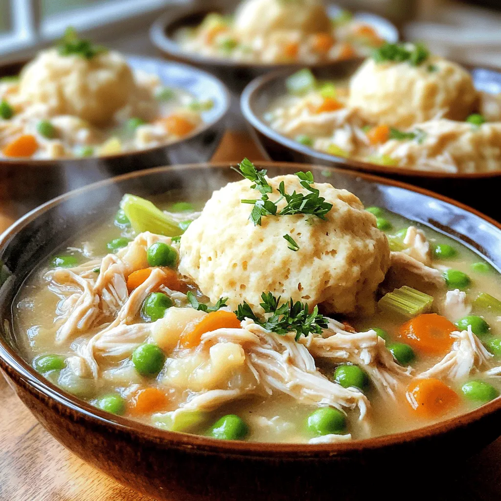 - 2 lbs boneless, skinless chicken thighs - 4 cups low-sodium chicken broth - 1 cup carrots, sliced - 1 cup celery, chopped - 1 cup frozen peas - 1 medium onion, diced - 3 cloves garlic, minced I love using boneless, skinless chicken thighs for their rich flavor. They stay juicy and tender as they cook. Low-sodium chicken broth adds depth without too much salt. I include carrots, celery, peas, and garlic for a colorful mix. These veggies not only taste great but also add nutrition. - 1 teaspoon dried thyme - 1 teaspoon dried rosemary - 1 tablespoon olive oil - 1 cup heavy cream - 2 cups biscuit mix (like Bisquick) - 2/3 cup milk For seasoning, I use thyme and rosemary. These herbs give the dish an aromatic touch. Olive oil helps sauté the veggies, giving them a nice base. Heavy cream adds richness to the broth. The biscuit mix makes our dumplings fluffy and soft, while milk binds them together. - Fresh parsley, chopped - Salt and pepper to taste Finally, I top the dish with fresh parsley for a pop of color. A sprinkle of salt and pepper enhances the flavors. These simple touches make the dish look and taste great. Enjoy this cozy meal with loved ones! Start by heating 1 tablespoon of olive oil in a skillet over medium heat. Add 1 medium diced onion, 1 cup of sliced carrots, and 1 cup of chopped celery. Toss in 3 minced garlic cloves too. Sauté these vegetables for about 5 minutes. You want them to soften and smell great. Next, transfer the sautéed veggies to your slow cooker. On top of the veggies, layer 2 pounds of boneless, skinless chicken thighs. Pour in 4 cups of low-sodium chicken broth. Add in 1 teaspoon of dried thyme and 1 teaspoon of dried rosemary. Sprinkle salt and pepper to taste. Gently stir everything to mix well. Now, cover your slow cooker. Cook on low for 6 to 7 hours or on high for 3 to 4 hours. The chicken should be tender and fully cooked. Once done, carefully take the chicken out. Shred the chicken using two forks and return it to the pot. Stir in 1 cup of frozen peas and 1 cup of heavy cream. Mix everything well. In a separate bowl, mix 2 cups of biscuit mix with 2/3 cup of milk. This will form your dumpling dough. Drop spoonfuls of the dough over the chicken and veggie mix in the slow cooker. Cover again and cook on high for an extra 30 to 40 minutes. Do not open the lid during this time. The dumplings will become fluffy and delicious. To make your chicken and dumplings shine, try adding more herbs and spices. Here are some suggestions: - Parsley: Fresh parsley adds a bright taste. - Bay Leaves: A couple of bay leaves can deepen the broth flavor. - Paprika: Sweet or smoked paprika gives a unique twist. - Black Pepper: A pinch of fresh black pepper enhances the dish. These flavors blend well with chicken and veggies, making your meal even tastier. Getting the right dumpling texture is key. Here are some tips: - Dough Consistency: The dough should be thick but not too dry. Add milk slowly. - Cooking Time: Cook dumplings on high for 30-40 minutes. Avoid lifting the lid! This keeps the heat in for fluffy dumplings. - Test for Doneness: Insert a toothpick to check. If it comes out clean, your dumplings are done. Following these steps ensures you have light, fluffy dumplings every time. How you serve your dish can make a big difference. Here are some ideas for a lovely presentation: - Use Deep Bowls: Serve the chicken and dumplings in deep bowls. This helps keep the dish warm. - Garnish with Parsley: Sprinkle fresh parsley on top for color and freshness. - Add Crusty Bread: A slice of crusty bread on the side makes a great addition. These simple tips can turn a cozy meal into a beautiful feast. Enjoy your chicken and dumplings! {{image_2}} You can easily swap ingredients to match your taste. If you want to try different meats, use turkey or even pork. For a vegetarian option, replace chicken with hearty mushrooms or jackfruit. You can also change the vegetables. Try adding green beans, corn, or bell peppers for a new twist. Each swap adds its unique flavor to the dish. Making this dish gluten-free is simple. You can use gluten-free biscuit mix and check the broth for gluten. For a dairy-free version, swap heavy cream with coconut milk or almond milk. This keeps the dish creamy without dairy. Always check labels to ensure all ingredients suit your needs. Herbs make this dish shine. If you like bold flavors, add fresh basil or dill. For a spicy kick, consider red pepper flakes or smoked paprika. You can also enhance the taste with a splash of lemon juice or a dash of soy sauce. Each option changes the flavor and makes it fun to explore different tastes in your slow cooker chicken and dumplings. To store leftovers safely, place them in an airtight container. Let the dish cool down before sealing it. Store in the fridge for up to four days. Always label the container with the date. This helps you keep track of how long it has been stored. For best results when freezing, let the dish cool completely. Transfer it to a freezer-safe container. Leave some space at the top, as the dish will expand when frozen. You can freeze it for up to three months. To reheat, thaw in the fridge overnight. Heat in a pot on low, stirring often. In the fridge, chicken and dumplings stay fresh for about four days. In the freezer, they can last up to three months. After that, the quality may decline, but it will still be safe to eat. Always check for any off smells or changes in texture before eating. Yes, you can use frozen chicken thighs. Just add them directly to the slow cooker without thawing. The cooking time will remain the same. The key is to ensure the chicken reaches an internal temperature of 165°F. You can check this with a meat thermometer. Using frozen chicken may add a few minutes to your cooking time. Chicken and dumplings are a hearty dish, so simple sides work well. Here are a few great options: - Crusty bread: Perfect for dipping. - Side salad: A fresh mix of greens adds crunch. - Steamed vegetables: Broccoli or green beans pair nicely. - Mashed potatoes: A creamy side for extra comfort. To check if the dumplings are done, look for these signs: - They should be fluffy and risen above the broth. - A toothpick inserted should come out clean. - They should not feel doughy or wet. When you see these signs, your dumplings are ready to enjoy! This recipe brings together tender chicken, fresh veggies, and fluffy dumplings. You learned how to sauté vegetables, prepare the slow cooker, and mix the biscuit dough. I also shared tips for flavor and how to present your meal. Don't hesitate to swap ingredients or modify for dietary needs. This dish is a cozy classic that you can enjoy in many ways. With proper storage, it stays fresh and delicious for days. Dive into this comfort food and make it your own!