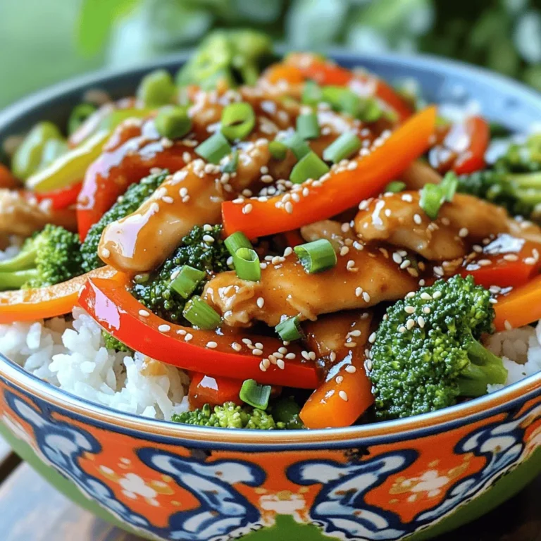 - 500g boneless chicken breast, sliced into thin strips - 1 bell pepper, sliced - 1 cup broccoli florets - 2 carrots, sliced into thin rounds - 2 red chilies, sliced (adjust to taste) - 3 tablespoons vegetable oil - 3 tablespoons soy sauce - 1 tablespoon hoisin sauce - 1 tablespoon sesame oil - 6 cloves garlic, minced - 1 teaspoon freshly grated ginger - Optional: salt, pepper, chopped green onions for garnish Gathering the right ingredients makes cooking easy and fun. First, get your chicken. I like using boneless chicken breast because it cooks quickly. Slice it into thin strips for even cooking. Next, gather colorful vegetables. Bell peppers, broccoli, and carrots add crunch and nutrition. Chili peppers give the dish a nice kick. You can adjust the number based on your taste. For sauces, soy sauce adds saltiness, while hoisin sauce brings a sweet touch. Sesame oil adds a nutty flavor that ties everything together. Don’t forget the garlic and ginger! They add depth and warmth to the dish. You can garnish with chopped green onions for a fresh finish. With these ingredients, you will create a tasty, colorful meal in no time! First, heat a large wok or pan over medium-high heat. Add 2 tablespoons of vegetable oil. Wait until the oil is hot. Then, add the sliced chicken breast to the pan. Stir-fry the chicken for about 5-6 minutes. You want it browned and cooked through. Season with salt and pepper to taste. Once done, remove the chicken from the pan and set it aside. In the same pan, add the remaining tablespoon of vegetable oil. Next, add the minced garlic, sliced red chilies, and freshly grated ginger. Stir-fry these for about 30 seconds. You want the aromas to fill your kitchen. After that, add the sliced bell pepper, broccoli florets, and thin rounds of carrots. Stir-fry the vegetables for about 3-4 minutes. They should be tender but still crisp. Now, return the cooked chicken to the pan with the vegetables. In a small bowl, mix the soy sauce, hoisin sauce, and sesame oil. Pour this sauce over the chicken and vegetables. Stir well to combine everything. Cook for an additional 2-3 minutes until all is heated through. Taste and adjust the seasoning with more salt, pepper, or sauce if needed. Finally, remove from heat and garnish with chopped green onions. The heat of your stove is very important. A high heat gives you nice sear marks and cooks the chicken fast. If the heat is too low, the food will steam instead of fry. This can make your chicken tough and your veggies mushy. To avoid soggy vegetables, cook each type of veggie separately. Start with the hardest ones first, like carrots and broccoli. Add softer ones later. This way, everything stays crisp and bright. Want to kick up the flavor? Try adding a dash of chili flakes or a splash of lime juice. These small changes can make your dish pop! You can also use a bit of fish sauce for extra umami. Balancing heat is key. If the dish gets too spicy, add a pinch of sugar or honey. This will help mellow the heat, letting the flavors shine through. {{image_2}} You can switch the chicken for tofu or shrimp. Tofu absorbs flavors well and is great for a vegetarian option. Just press it to remove extra water, then cut it into cubes. For shrimp, use peeled and deveined shrimp. It cooks fast, making your meal quick. You can also use different cuts of chicken. Thighs add moisture and flavor. They can make your stir fry even tastier. Just remember to cook them a bit longer than breasts to ensure they are done. Seasonal vegetables can brighten your stir fry. Try snap peas, zucchini, or asparagus. These veggies add color and crunch to your dish. Use what you can find fresh at your local market. If you'd like a vegetarian version, skip the chicken and add more veggies. You can use mushrooms for a savory taste. Adding extra bell peppers or greens like spinach can make it more filling and delicious. To keep your garlic chili chicken stir fry fresh, place leftovers in an airtight container. Make sure to let it cool before sealing. You can keep it in the fridge for up to three days. This way, you can enjoy it later without losing flavor. Just be sure to check for any signs of spoilage before eating. Freezing your stir fry is a great option for longer storage. First, let the dish cool completely. Then, transfer it to a freezer-safe container. You can also use freezer bags, but remove as much air as you can. Label the container with the date. This dish can last up to three months in the freezer. When you are ready to eat, take it out and thaw it in the fridge overnight. For a quick method, you can microwave it on low power until warm. Reheat it on the stove over medium heat, stirring often. This helps keep the chicken and veggies tender. What can I serve with garlic chili chicken stir fry? You can serve garlic chili chicken stir fry with cooked rice or noodles. The rice soaks up the sauce well. You might also add a side salad for freshness. Steamed veggies work great too. How spicy is this dish with two red chilies? Using two red chilies adds a nice heat. It’s spicy but not too hot. If you like less heat, use one chili or remove the seeds. Adjust the spice to fit your taste. Can I make this in a non-stick pan? Yes, a non-stick pan works well for this dish. It helps prevent sticking. You can use less oil, which is great for health. Just keep the heat at medium-high to cook well. What is the best way to cut chicken for stir fry? Cut the chicken breast into thin strips. This helps it cook quickly and evenly. Aim for pieces about half an inch wide. This size makes for a tender bite in each forkful. This blog post covered garlic chili chicken stir fry, from key ingredients to cooking techniques. You learned about the main items needed, including chicken, colorful veggies, and tasty sauces. We also discussed cooking steps, helpful tips, and easy variations. Enjoy your stir fry adventures! Remember, cooking is all about fun and creativity in the kitchen. Explore your ingredients and make it your own!