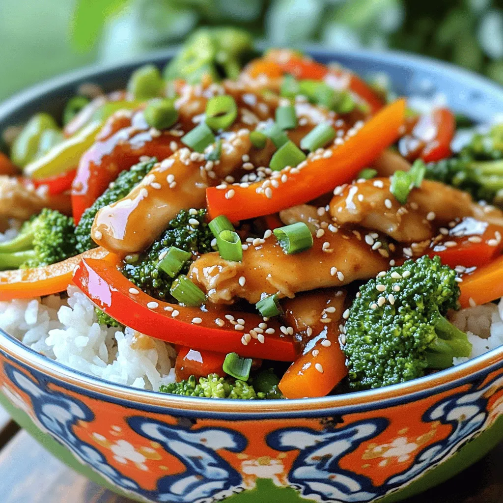 - 500g boneless chicken breast, sliced into thin strips - 1 bell pepper, sliced - 1 cup broccoli florets - 2 carrots, sliced into thin rounds - 2 red chilies, sliced (adjust to taste) - 3 tablespoons vegetable oil - 3 tablespoons soy sauce - 1 tablespoon hoisin sauce - 1 tablespoon sesame oil - 6 cloves garlic, minced - 1 teaspoon freshly grated ginger - Optional: salt, pepper, chopped green onions for garnish Gathering the right ingredients makes cooking easy and fun. First, get your chicken. I like using boneless chicken breast because it cooks quickly. Slice it into thin strips for even cooking. Next, gather colorful vegetables. Bell peppers, broccoli, and carrots add crunch and nutrition. Chili peppers give the dish a nice kick. You can adjust the number based on your taste. For sauces, soy sauce adds saltiness, while hoisin sauce brings a sweet touch. Sesame oil adds a nutty flavor that ties everything together. Don’t forget the garlic and ginger! They add depth and warmth to the dish. You can garnish with chopped green onions for a fresh finish. With these ingredients, you will create a tasty, colorful meal in no time! First, heat a large wok or pan over medium-high heat. Add 2 tablespoons of vegetable oil. Wait until the oil is hot. Then, add the sliced chicken breast to the pan. Stir-fry the chicken for about 5-6 minutes. You want it browned and cooked through. Season with salt and pepper to taste. Once done, remove the chicken from the pan and set it aside. In the same pan, add the remaining tablespoon of vegetable oil. Next, add the minced garlic, sliced red chilies, and freshly grated ginger. Stir-fry these for about 30 seconds. You want the aromas to fill your kitchen. After that, add the sliced bell pepper, broccoli florets, and thin rounds of carrots. Stir-fry the vegetables for about 3-4 minutes. They should be tender but still crisp. Now, return the cooked chicken to the pan with the vegetables. In a small bowl, mix the soy sauce, hoisin sauce, and sesame oil. Pour this sauce over the chicken and vegetables. Stir well to combine everything. Cook for an additional 2-3 minutes until all is heated through. Taste and adjust the seasoning with more salt, pepper, or sauce if needed. Finally, remove from heat and garnish with chopped green onions. The heat of your stove is very important. A high heat gives you nice sear marks and cooks the chicken fast. If the heat is too low, the food will steam instead of fry. This can make your chicken tough and your veggies mushy. To avoid soggy vegetables, cook each type of veggie separately. Start with the hardest ones first, like carrots and broccoli. Add softer ones later. This way, everything stays crisp and bright. Want to kick up the flavor? Try adding a dash of chili flakes or a splash of lime juice. These small changes can make your dish pop! You can also use a bit of fish sauce for extra umami. Balancing heat is key. If the dish gets too spicy, add a pinch of sugar or honey. This will help mellow the heat, letting the flavors shine through. {{image_2}} You can switch the chicken for tofu or shrimp. Tofu absorbs flavors well and is great for a vegetarian option. Just press it to remove extra water, then cut it into cubes. For shrimp, use peeled and deveined shrimp. It cooks fast, making your meal quick. You can also use different cuts of chicken. Thighs add moisture and flavor. They can make your stir fry even tastier. Just remember to cook them a bit longer than breasts to ensure they are done. Seasonal vegetables can brighten your stir fry. Try snap peas, zucchini, or asparagus. These veggies add color and crunch to your dish. Use what you can find fresh at your local market. If you'd like a vegetarian version, skip the chicken and add more veggies. You can use mushrooms for a savory taste. Adding extra bell peppers or greens like spinach can make it more filling and delicious. To keep your garlic chili chicken stir fry fresh, place leftovers in an airtight container. Make sure to let it cool before sealing. You can keep it in the fridge for up to three days. This way, you can enjoy it later without losing flavor. Just be sure to check for any signs of spoilage before eating. Freezing your stir fry is a great option for longer storage. First, let the dish cool completely. Then, transfer it to a freezer-safe container. You can also use freezer bags, but remove as much air as you can. Label the container with the date. This dish can last up to three months in the freezer. When you are ready to eat, take it out and thaw it in the fridge overnight. For a quick method, you can microwave it on low power until warm. Reheat it on the stove over medium heat, stirring often. This helps keep the chicken and veggies tender. What can I serve with garlic chili chicken stir fry? You can serve garlic chili chicken stir fry with cooked rice or noodles. The rice soaks up the sauce well. You might also add a side salad for freshness. Steamed veggies work great too. How spicy is this dish with two red chilies? Using two red chilies adds a nice heat. It’s spicy but not too hot. If you like less heat, use one chili or remove the seeds. Adjust the spice to fit your taste. Can I make this in a non-stick pan? Yes, a non-stick pan works well for this dish. It helps prevent sticking. You can use less oil, which is great for health. Just keep the heat at medium-high to cook well. What is the best way to cut chicken for stir fry? Cut the chicken breast into thin strips. This helps it cook quickly and evenly. Aim for pieces about half an inch wide. This size makes for a tender bite in each forkful. This blog post covered garlic chili chicken stir fry, from key ingredients to cooking techniques. You learned about the main items needed, including chicken, colorful veggies, and tasty sauces. We also discussed cooking steps, helpful tips, and easy variations. Enjoy your stir fry adventures! Remember, cooking is all about fun and creativity in the kitchen. Explore your ingredients and make it your own!