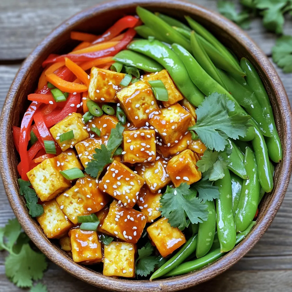 To make Minute Sweet Chili Tofu Stir-Fry, gather these items: - 14 oz (400g) firm tofu, pressed and cubed - 1 tablespoon vegetable oil - 2 cups mixed bell peppers (red, yellow, green), sliced - 1 cup snap peas, trimmed - 1 medium carrot, julienned - 3 green onions, chopped - 1-2 tablespoons sweet chili sauce (adjust for spiciness) - 2 tablespoons soy sauce - 1 teaspoon grated ginger - 2 cloves garlic, minced Adding a few garnishes can make your dish pop. Consider these options: - Sesame seeds - Fresh cilantro If you can’t find an ingredient, try these swaps: - Use extra-firm tofu instead of firm tofu for a similar texture. - Swap bell peppers with zucchini or broccoli for a new flavor. - Replace soy sauce with tamari for a gluten-free option. - Use garlic powder if you don’t have fresh garlic. These suggestions help you customize the dish while keeping the essence of the recipe intact. Enjoy your cooking! Start by pressing the tofu. This step helps to remove extra water. Wrap the tofu in a clean kitchen towel. Place a heavy object on top. Let it sit for about 15-20 minutes. Once done, cut the tofu into bite-sized cubes. This size helps it fry evenly. Heat a large non-stick skillet or wok over medium-high heat. Add 1 tablespoon of vegetable oil. Once the oil is hot, add the cubed tofu. Sauté the tofu for 5-6 minutes. Turn it occasionally to brown all sides. The tofu should look golden brown. This gives it a nice texture. Now, it’s time to stir-fry the veggies. Add minced garlic and grated ginger to the skillet. Stir for 1 minute to release their flavors. Then toss in the sliced bell peppers, snap peas, and julienned carrot. Stir-fry these for about 4-5 minutes. You want them tender but still crisp. This keeps the dish colorful and fresh. Next, drizzle the sweet chili sauce and soy sauce over the tofu and veggies. Toss everything well to coat. Stir-fry for an additional 1-2 minutes. This ensures all the flavors blend. Remove the skillet from heat, and fold in the chopped green onions. Your dish is ready to serve. To get crispy tofu, start by pressing it well. Remove as much water as you can. This keeps the tofu from being soggy. After pressing for 15-20 minutes, cut it into cubes. Use a non-stick skillet for the best results. Heat the oil until it's hot, then add the tofu. Sauté it for 5-6 minutes. Turn the pieces often until all sides are golden brown. This gives you that perfect crunch. Sweet chili sauce can vary in heat. If you like it mild, start with 1 tablespoon. You can add more if you want it spicier. Taste the sauce as you cook. This way, you can adjust to your liking. Remember, you can always add more spice, but you can't take it away! Serving is key for this dish. Use a nice bowl to show off the colors. Drizzle some extra sweet chili sauce on top. This adds flavor and makes it look great. Sprinkle sesame seeds and fresh cilantro for a pop of color. It not only tastes good but also looks amazing! {{image_2}} You can change the vegetables in this stir-fry. This dish is flexible. Try broccoli, zucchini, or mushrooms. They add great taste and crunch. You can also use seasonal veggies. Fresh asparagus or snap peas work well too. The key is to keep the colors bright and varied. This makes your meal look inviting and fun! If you want to switch the tofu, go for chickpeas or tempeh. Both are tasty and fill you up. You can also use chicken or shrimp for meat lovers. Just remember to cook them fully before adding veggies. This keeps the meal light and nutritious. Each protein brings its own unique flavor and texture. To boost the flavor, add lime juice or fresh herbs. Basil and mint give a fresh taste. You can also mix in some chili flakes for heat. If you want a sweet kick, try pineapple chunks. The mix of sweet and spicy is amazing. Experiment with different sauces like teriyaki or hoisin. Each twist brings something new to this quick dish. After enjoying your Minute Sweet Chili Tofu Stir-Fry, store any leftovers in an airtight container. This keeps the dish fresh for up to three days in the fridge. Make sure to cool the dish to room temperature before sealing it. This helps prevent moisture buildup, which can make the tofu soggy. To reheat your stir-fry, use a non-stick skillet over medium heat. Add a splash of water or oil to prevent sticking. Heat the stir-fry for about five minutes, stirring often. You can also use a microwave if you're in a hurry. Place the leftovers in a microwave-safe dish and cover it. Heat for one to two minutes or until warm. Stir halfway through to ensure even heating. If you want to save your stir-fry for later, freezing is a great option. Place the cooled dish in a freezer-safe container. Make sure to leave some space at the top, as the food will expand when frozen. It can last up to three months in the freezer. When you're ready to eat, thaw it overnight in the fridge and reheat as directed. However, the texture of the tofu and veggies may change after freezing, so keep that in mind. To make tofu less spongy, press it well. Start with firm tofu. Wrap it in a clean towel and add a heavy object on top. Leave it for about 15-20 minutes. This step removes excess moisture. Drier tofu cooks better and holds flavor well. Yes, you can use other sauces. Soy sauce adds a savory taste. Teriyaki sauce gives a sweet and salty twist. Hoisin sauce adds depth and richness. Feel free to mix sauces to find your favorite flavor. Experimenting makes cooking fun and unique! Several side dishes work well. Jasmine rice helps balance the dish's sweetness. Quinoa offers a nutty flavor and extra protein. Stir-fried greens like bok choy or broccoli add freshness. A simple cucumber salad can add crunch and coolness. We explored the essential ingredients and steps for making a tasty sweet chili tofu stir-fry. You learned about preparing tofu, cooking it, and stir-frying fresh vegetables. We also discussed tips for perfect tofu and ways to enhance your dish with different flavors. Remember, experimenting with ingredients can lead to unique and delightful meals. Proper storage ensures your leftovers stay fresh, making your cooking effort worthwhile. Embrace these ideas and enjoy creating this dish at home!