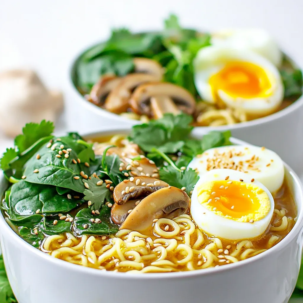 - 2 packs of ramen noodles (discard the seasoning packets) - 4 tablespoons unsalted butter - 6 cloves garlic, minced - 2 cups vegetable broth - 2 tablespoons soy sauce - 1 tablespoon sesame oil - 1 teaspoon chili flakes (adjust to taste) - 1 cup baby spinach - 1 cup sliced mushrooms (shiitake or button) - 2 green onions, sliced - 2 soft-boiled eggs (optional) - Fresh cilantro, for garnish - Sesame seeds, for garnish The main ingredients create a rich base. Ramen noodles offer a perfect chewy texture. Unsalted butter adds creamy depth. Minced garlic brings a strong, savory flavor. The broth blends vegetable broth with soy sauce and sesame oil. This mix creates a warm, umami taste. Chili flakes add a hint of heat, making each bite exciting. For vegetables, baby spinach adds color and nutrients. Mushrooms bring earthiness, while green onions add a fresh crunch. Optional soft-boiled eggs can enhance protein and richness. Garnish with fresh cilantro and sesame seeds for a beautiful finish. These ingredients transform a simple bowl into a gourmet dish. Start by boiling water in a pot. Once the water is bubbling, add the ramen noodles. Cook them according to the package instructions, usually just a few minutes. When they are ready, drain the noodles and set them aside in a bowl. Next, grab a large skillet and melt the butter over medium heat. Once melted, add in the minced garlic. Sauté the garlic for 1-2 minutes until it smells amazing. Be careful not to let it burn, as burnt garlic can taste bitter. Now, pour in the vegetable broth. Bring it to a gentle simmer. Stir in the soy sauce, sesame oil, and chili flakes. Taste your broth, and adjust the seasonings if you want it spicier or saltier. Add the sliced mushrooms to the simmering broth. Cook them for about 3-4 minutes until they get soft. After that, toss in the baby spinach and cook for another minute until it wilts. It’s time to combine everything! Add the cooked ramen noodles to the skillet. Toss the noodles in the garlic broth and vegetables until they are well coated. Let them heat through for about 2 more minutes. To serve, divide the garlic butter ramen into deep bowls. Top each bowl with a soft-boiled egg if you like. Sprinkle sliced green onions and fresh cilantro on top. Finish with a pinch of sesame seeds for a nice touch. For a zesty kick, add a lime wedge on the side. Enjoy your delicious creation! To make the perfect garlic butter, use fresh garlic. Minced garlic adds great taste. Sauté it gently in melted butter. Cook it for 1-2 minutes until fragrant. Be careful not to let it burn, as burnt garlic can taste bitter. You can adjust spice levels by adding more or fewer chili flakes. Start with 1 teaspoon and taste as you go. If you want more heat, add extra flakes. For a milder dish, skip the chili altogether. To make your ramen bowls extra creamy, add a splash of heavy cream. Stir it in after cooking the broth. This will give a rich texture to the dish. You can also use coconut milk for a dairy-free option. It adds a nice flavor and keeps the dish creamy. Serving is just as important as cooking. Use deep bowls for a nice look. Top each bowl with a soft-boiled egg for a pop of color. Add sliced green onions and fresh cilantro for freshness. A sprinkle of sesame seeds adds a nice crunch. Drizzle extra garlic butter on top for a finishing touch. Add a lime wedge on the side for a zesty kick. {{image_2}} You can make your garlic butter ramen even more filling by adding protein. Chicken or tofu works great here. For chicken, cook diced pieces in the skillet until golden brown. Add them right after the garlic butter step. For tofu, use firm tofu. Cut it into cubes and sauté it in the garlic butter until crispy. Toss it with the noodles and broth for a tasty bite. To make this dish plant-based, you can easily swap ingredients. Use vegan butter instead of regular butter. For protein, add tofu or chickpeas. Many veggies work well too, like broccoli or bell peppers. Just add them to the broth with the mushrooms. You can also replace the soy sauce with tamari if you need a gluten-free option. Want to try new flavors? Add different seasonings to change the taste. For a spicy kick, include sriracha or gochujang. If you love citrus, squeeze some lime juice into the broth. You can also mix in miso paste for a rich umami flavor. Experiment with fresh herbs like basil or mint for a fresh twist. These small changes can make your ramen unique and exciting! To store your garlic butter ramen, let it cool first. Then, place it in an airtight container. You can keep it in the fridge for up to three days. Make sure to cover it well to keep out air and moisture. When reheating, avoid using a microwave if you can. Instead, opt for a stovetop. Pour the ramen into a pot and add a splash of water or broth. Heat it gently over medium heat. Stir often to ensure even heating. This method keeps the flavors strong and the noodles from getting mushy. You can freeze garlic butter ramen, but it’s best to do this without the toppings. Store the cooled ramen in freezer-safe bags or containers. It can last up to three months in the freezer. When ready to eat, thaw it in the fridge overnight. Reheat it on the stove as mentioned before. To make ramen noodles, start with simple ingredients: flour, water, salt, and baking soda. Mix 2 cups of all-purpose flour with ½ teaspoon of salt. Add ½ cup of water and ½ teaspoon of baking soda. Knead until smooth, then let it rest for 30 minutes. Roll the dough thin and cut it into strips. Boil for about 2-3 minutes before using. Yes, you can use different noodles. Soba or udon noodles are great choices. Rice noodles also work well if you want a gluten-free option. Just adjust the cooking time based on the noodle type you choose. You can store leftover garlic butter ramen in the fridge for up to 3 days. Place it in an airtight container to keep it fresh. Make sure to let it cool before sealing. If you don't have vegetable broth, chicken broth is a good option. You can also use water with added soy sauce for a quick fix. For a richer taste, try miso soup or mushroom broth. This blog post covered a tasty garlic butter ramen recipe. You learned about the key ingredients, like ramen noodles and flavorful broth. I shared step-by-step instructions for cooking and combining everything. Tips included ways to enhance flavor and present your dish. We also explored variations and storage methods. In closing, this recipe is fun and flexible. You can make it your own while enjoying every bite. Whether you are cooking for yourself or sharing with friends, this dish will impress!