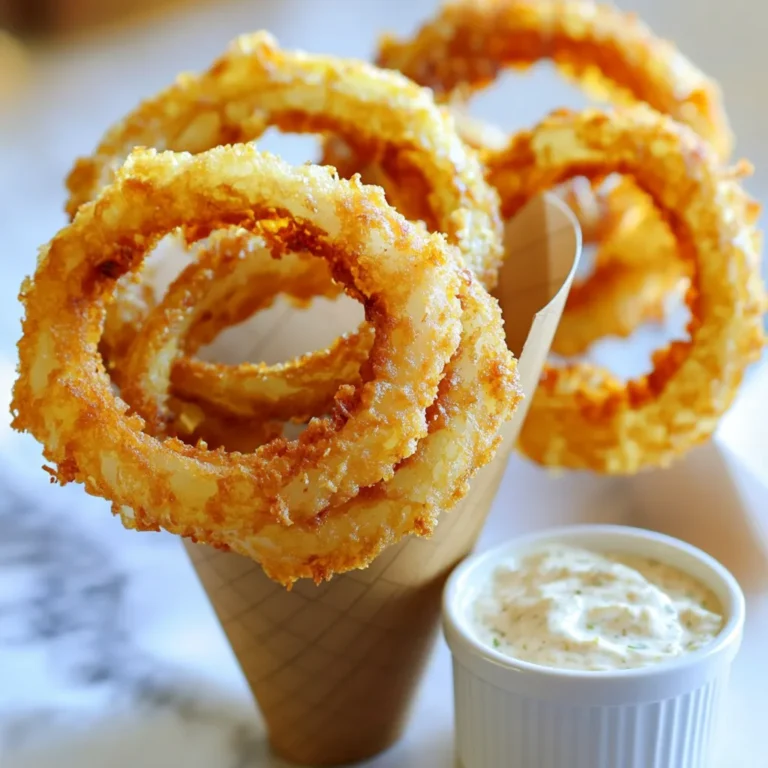 - 2 large onions, sliced into ½-inch rings - 1 cup all-purpose flour - 1 teaspoon garlic powder - 1 teaspoon paprika - ½ teaspoon salt - ½ teaspoon black pepper - 2 eggs, beaten - 1 cup breadcrumbs (panko recommended for crunch) To make perfect onion rings, you need the right ingredients. Start with two large onions. Slice them into ½-inch thick rings. Use all-purpose flour as the base for the coating. Season the flour with garlic powder, paprika, salt, and black pepper. These spices add great flavor. You will also need two beaten eggs. They help the breadcrumbs stick to the onion rings. For the crispy coating, use panko breadcrumbs. They create a delightful crunch when cooked. - ½ cup sour cream - 2 tablespoons mayonnaise - 2 cloves garlic, minced - 1 teaspoon lemon juice - Salt and pepper to taste This dip takes your onion rings to the next level. Start with ½ cup of sour cream and add two tablespoons of mayonnaise. This creates a creamy base. Next, mince two cloves of garlic for bold flavor. A teaspoon of lemon juice adds brightness. Finish with salt and pepper to taste. This dip is easy to make and pairs perfectly with the crispy onion rings. Enjoy your cooking! First, preheat your air fryer to 400°F (200°C). This step helps the onion rings cook evenly and become crispy. Next, grab a shallow bowl. Mix together the flour, garlic powder, paprika, salt, and black pepper. This blend gives the onion rings a tasty kick. Now, let’s coat those onion rings. Start with one ring. Dip it into the flour mixture, covering it well. Then, move it to a bowl of beaten eggs. This helps the breadcrumbs stick. Finally, roll the ring in the breadcrumbs. Panko breadcrumbs work best for crunch. Make sure each ring is fully coated. This step is key for getting that perfect crunch! Arrange the coated onion rings in a single layer in the air fryer basket. Make sure they don’t overlap. This helps them cook evenly. Spray the rings lightly with cooking spray for a golden finish. Cook them for 10 to 12 minutes. Flip them halfway through for even browning. Keep an eye on them, as cooking times can vary by air fryer model. When they look golden brown and crispy, they’re done! To get the best crunch from your onion rings, use panko breadcrumbs. They are lighter and create a great texture. Regular breadcrumbs work, but panko gives you that extra crisp. Also, don’t overcrowd the air fryer basket. When you pile too many rings together, they steam instead of fry. This can make them soggy. Cook them in a single layer for the best results. Cooking times can vary between air fryer models. Some may cook faster than others. Keep an eye on them. If your air fryer runs hot, check at the 8-minute mark. You want them golden brown, not burnt. To keep your onion rings warm, place them on a baking sheet in a low oven. Set it to about 200°F (93°C). This way, you can cook them in batches without losing warmth and crunch. Enjoy your crispy onion rings fresh! {{image_2}} You can easily change the flavor of your onion rings. A spicy version is simple; just add cayenne pepper to the flour mix. Start with a pinch and adjust to your taste. This will give your onion rings a nice kick. Another fun twist is to create a cheese crust. Before you air fry, sprinkle some grated cheese on top of the coated onion rings. Use cheddar or parmesan for a rich flavor. The cheese melts and creates a delicious layer. Onion rings taste great with many dips. Besides the zesty garlic dip, you can try a tangy BBQ sauce or a creamy ranch dip. These dips add different flavors that will impress your guests. If you prefer vegan options, consider using hummus or a cashew dip. Both are tasty and pair well with crispy onion rings. You can even make a vegan garlic dip using silken tofu and garlic. It’s light and full of flavor! To keep your onion rings fresh, store them in the fridge. Place them in an airtight container. This helps prevent moisture from making them soggy. They can stay fresh for 2 to 3 days. For long-term storage, you can freeze the onion rings. First, let them cool completely. Spread them out on a baking sheet. Freeze them for about 1 hour. Once frozen, transfer the rings to a freezer bag. This method stops them from sticking together. Frozen onion rings can last up to 2 months in the freezer. When reheating, the air fryer is best. Preheat it to 350°F (175°C). Add the onion rings in a single layer. Heat for about 5-7 minutes. This will help them regain their crispiness. If you use an oven, set it to 375°F (190°C). Place the onion rings on a baking sheet. Bake for 10-15 minutes, flipping halfway through. To avoid sogginess, do not cover the onion rings while reheating. This keeps the air flowing around them, ensuring they stay crispy. Yes, you can use frozen onion rings in the air fryer. Just adjust the cooking time. Cook them at 400°F (200°C) for about 10-15 minutes. Check for crispness and give them a shake halfway through. The air fryer cooks them evenly and makes them crispy. Soggy onion rings can happen for a few reasons. Here are common mistakes: - Not drying the onion rings well after washing - Overcrowding the air fryer basket - Skipping the breadcrumbs or using too few - Not spraying enough oil on the rings To avoid sogginess, ensure each ring has a full coating and leave space while cooking. Yes, you can prep ahead. Slice the onions and coat them in flour, egg, and breadcrumbs. Store them in the fridge for up to 2 hours. When ready, air fry them as directed. This makes it easy for a quick snack or side dish. Onion rings are easy and fun to make at home. You learned about choosing the right ingredients, preparing, and cooking them perfectly in an air fryer. Remember to coat them well and watch for that golden crunch. You can also customize your dish with fun dips and flavors. Enjoy your tasty snacks fresh or save leftovers for later. Keep the tips in mind for the best results each time. Happy cooking!