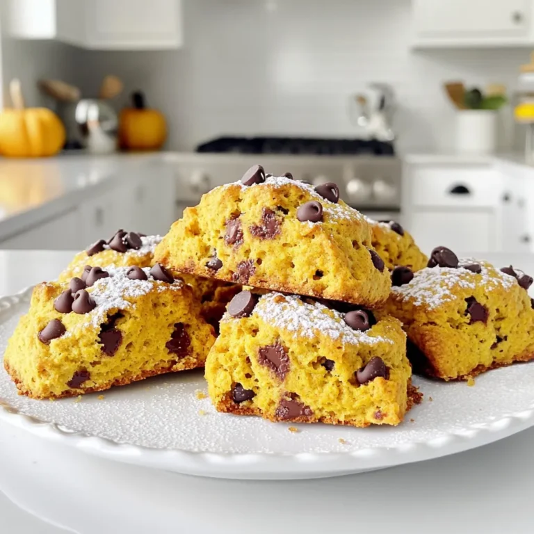 - 2 cups all-purpose flour - 1/2 cup granulated sugar - 1 tablespoon baking powder - 1/2 teaspoon baking soda - 1/2 teaspoon salt - 1 teaspoon ground cinnamon - 1/2 teaspoon ground nutmeg - 1/4 teaspoon ground ginger - 1/2 cup unsalted butter, chilled and cubed - 3/4 cup pumpkin puree - 1/4 cup heavy cream - 1 large egg - 1 teaspoon vanilla extract - 1 cup semi-sweet chocolate chips I love using these ingredients for my pumpkin chocolate chip scones. Each one plays a key role. The flour gives structure, while sugar adds sweetness. Baking powder and baking soda help the scones rise. Salt enhances all the flavors. Spices like cinnamon, nutmeg, and ginger bring warmth and depth. I always use unsalted butter, as it controls the salt level. Pumpkin puree keeps the scones moist and gives them that lovely fall flavor. The heavy cream adds richness, while the egg binds the dough. Lastly, the chocolate chips melt into gooey pockets of joy. You can mix and match these ingredients for fun variations, too! 1. First, preheat your oven to 400°F (200°C). This helps the scones bake evenly. 2. Next, line a baking sheet with parchment paper. This prevents sticking and makes cleanup easy. 3. In a large bowl, mix together the dry ingredients. Combine: - 2 cups all-purpose flour - 1/2 cup granulated sugar - 1 tablespoon baking powder - 1/2 teaspoon baking soda - 1/2 teaspoon salt - 1 teaspoon ground cinnamon - 1/2 teaspoon ground nutmeg - 1/4 teaspoon ground ginger 1. In a separate bowl, whisk together the wet ingredients. Mix well: - 3/4 cup pumpkin puree - 1/4 cup heavy cream - 1 large egg - 1 teaspoon vanilla extract 2. Make sure the mixture is smooth. This ensures even flavor in your scones. 1. Pour the wet mixture into the dry ingredients. Stir gently until just combined. Be careful not to overmix. 2. Fold in 1 cup of semi-sweet chocolate chips with a spatula. This adds a sweet touch to each bite. 3. Turn the dough onto a lightly floured surface. Knead it gently a few times until it comes together. 4. Pat the dough into a circle about 1-inch thick. This shapes the scones nicely. 5. Cut the dough into 8 wedges. Place them on the prepared baking sheet, leaving about 2 inches between each piece. 6. Bake in the preheated oven for 18-20 minutes. Look for a golden brown color and a clean toothpick when inserted. 7. After baking, let the scones cool for a few minutes on the baking sheet. Then, transfer them to a wire rack to cool completely. Enjoy the warm, sweet aroma wafting through your kitchen as these scones bake! To get a light and flaky scone, keep your butter cold. Cold butter helps create those lovely layers. When you mix it into the flour, aim for a crumbly texture. You want it to look like coarse crumbs. Be gentle when mixing wet and dry ingredients. Overmixing can make your scones tough. Just combine until you see no dry flour. This keeps them tender and soft. One big mistake is using warm butter. Always use butter that is chilled and cubed. This ensures your scones rise well. Another common error is overbaking. Keep an eye on them! Once they turn golden brown, take them out. If you wait too long, they can dry out. Finally, don’t skip the spices. The cinnamon, nutmeg, and ginger give great flavor. These scones are best warm. Serve them with a dusting of powdered sugar for a nice look. You can also add more chocolate chips on top. They taste great with coffee or tea. Try spreading a little butter or cream cheese on them. This adds richness and makes every bite even better. Enjoy them fresh for a delightful treat! {{image_2}} You can change the spices in your scones for new flavors. Try adding cardamom or allspice for a warm twist. If you love nuts, throw in some chopped pecans or walnuts. For a sweet crunch, top your scones with coarse sugar before baking. This adds a nice sparkle and texture. You can make these scones gluten-free. Use a gluten-free flour blend instead of all-purpose flour. Make sure it has xantham gum for the right texture. If you want vegan scones, swap out the butter for coconut oil. Use flax eggs by mixing ground flaxseed with water instead of a chicken egg. Make your scones fit the season by adding more flavors. In fall, mix in some cranberries or apples. In spring, try lemon zest or lavender for a fresh taste. You can even use different types of chocolate, like white or dark, to change the flavor profile. Each season brings its own delicious options! To keep your pumpkin chocolate chip scones fresh, store them in an airtight container. Place a piece of parchment paper between layers to avoid sticking. This helps maintain their soft texture. Use them within three days for the best taste. If you want to save some scones for later, freezing is a great option. Allow the scones to cool completely. Wrap each scone tightly in plastic wrap and then place them in a freezer bag. They can stay fresh for up to three months. When you're ready to enjoy them, just thaw them in the fridge overnight. To reheat, preheat your oven to 350°F (175°C). Place the scones on a baking sheet. Heat for about 10 minutes or until warm. This method keeps them nice and soft. You can also use a microwave for quick reheating, but they may lose some texture this way. Enjoy your scones warm for the best flavor! Yes, you can use fresh pumpkin. Just cook and puree it first. Make sure the pumpkin is smooth. This will help the scones stay moist. Fresh pumpkin gives a nice flavor too. Store your scones in an airtight container. Keep them at room temperature for up to two days. For longer storage, place them in the fridge. They can last up to a week this way. You may also wrap them well and freeze for two months. You can use dried fruit, like cranberries or raisins. Nuts can also work well for crunch. If you want a different flavor, try white chocolate chips. Each option will change the taste but still be delicious. - Additional common user questions: - Can I add nuts to the scones? Yes, chopped nuts like walnuts or pecans can add great texture. - How do I know when the scones are done? Look for a golden brown color. A toothpick should come out clean when inserted. - Can I make the dough ahead of time? Yes, you can prepare the dough. Just chill it and bake within 24 hours for best results. These tasty scones are made with simple ingredients like flour, pumpkin, and spices. You learned step-by-step how to mix, shape, and bake them for the perfect treat. Remember to avoid common mistakes for better texture. Don't forget the fun variations and storage tips. In the end, these scones make a great snack or dessert for any occasion. Enjoy baking and sharing your results!