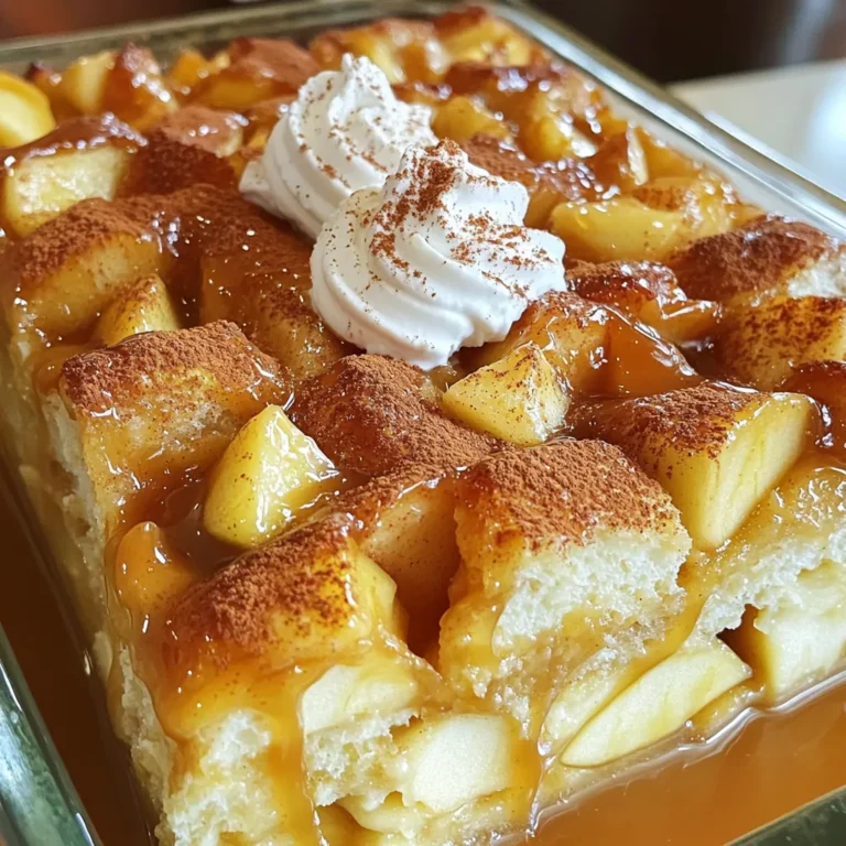 To make Cozy Caramel Apple Bread Pudding, you need a few key ingredients. Here’s what you'll need: - 6 cups day-old bread (French or brioche), cubed - 3 cups milk - 1 cup heavy cream - 3 large eggs - 1 cup brown sugar - 1 teaspoon vanilla extract - 1 teaspoon ground cinnamon - 1/2 teaspoon nutmeg - 2 cups peeled and diced apples (Granny Smith or Honeycrisp) - 1 cup caramel sauce (store-bought or homemade) - 1/2 cup chopped walnuts (optional) - Pinch of salt Each ingredient plays a key role. The day-old bread gives structure and absorbs the custard beautifully. Milk and cream add richness that makes the pudding creamy. Eggs bind everything together. The brown sugar brings sweetness and depth. Vanilla, cinnamon, and nutmeg infuse warm, cozy flavors. Choosing the right apples is crucial. Granny Smith offers tartness, while Honeycrisp adds sweetness. The caramel sauce gives that extra touch of indulgence. If you want a crunch, add walnuts. When you gather these ingredients, you set the stage for a delicious dessert. Each bite will be warm and comforting, perfect for a chilly day. - Preheat the oven to 350°F (175°C). - Grease a 9x13 inch deep baking dish with butter or non-stick spray. - In a large bowl, combine 6 cups of cubed day-old bread and 2 cups of diced apples. - If you like nuts, add in 1/2 cup of chopped walnuts now. - In another bowl, whisk together 3 cups of milk, 1 cup of heavy cream, and 3 large eggs. - Mix in 1 cup of brown sugar, 1 teaspoon of vanilla extract, 1 teaspoon of ground cinnamon, 1/2 teaspoon of nutmeg, and a pinch of salt. - Pour the custard over the bread and apple mixture. - Make sure every piece of bread gets soaked. Let it sit for 10-15 minutes so it absorbs the liquid. - Drizzle 1 cup of caramel sauce over the mixture. - Gently fold it in to create swirls. - Bake for 40-50 minutes until the top is golden brown and the center is set. - Allow it to cool for 10 minutes before serving. - Cut into squares and serve warm, adding extra caramel sauce on top. For the best texture, use day-old French bread or brioche. This bread soaks up the custard well and bakes to a lovely texture. If you want a twist, try challah or even whole grain bread. Each choice brings its own unique flavor to this dish. The best apples for this recipe are Granny Smith or Honeycrisp. They provide a nice balance of sweet and tart flavors. If you want your pudding sweeter, choose a softer apple like Fuji or Gala. To balance sweetness, mix tart apples with sweet ones. This creates a rich flavor profile. Garnish your bread pudding with a sprinkle of cinnamon or a dollop of whipped cream. Chopped walnuts add a lovely crunch. For an extra treat, serve it with vanilla ice cream or drizzle warm cream sauces over the top. This adds warmth and richness to every bite. {{image_2}} You can make your bread pudding even more fun. Try mixing in chocolate chips or dried fruits. They add great taste and texture. Chocolate pairs well with caramel. Dried fruits bring sweetness and chewiness. You can also play with spices. Adding a pinch of ginger or a dash of cloves can change the whole dish. Experiment and find what you love! If you need gluten-free options, use gluten-free bread. It works just as well. Look for a bread that has a good texture. You can also make it dairy-free. Use almond milk instead of regular milk. For cream, try coconut cream. These swaps keep the dish tasty while meeting your dietary needs. As seasons change, so can your bread pudding. In fall, add pumpkin spice for a cozy twist. It brings warmth and flavor that everyone loves. You can also switch the apples for other fruits. Try pears or berries for a fresh taste. Each fruit gives a different flavor, making this dish exciting all year round! To store your cozy caramel apple bread pudding, let it cool first. Once cool, cover it tightly with plastic wrap or foil. You can also use an airtight container. This keeps it fresh and moist. Store it in the fridge for up to four days. If you plan to eat it later, refrigerate it right after it cools. To freeze your bread pudding, cut it into servings. Wrap each piece in plastic wrap and then place them in a freezer bag. This helps keep the flavor and texture. You can freeze it for up to three months. When you're ready to enjoy, thaw it in the fridge overnight. Reheat it in the oven at 350°F (175°C) for about 20 minutes. This warms it through and keeps it tasty. In the fridge, your bread pudding stays fresh for about four days. In the freezer, it lasts up to three months. Check for any signs of spoilage before eating. If you notice a sour smell, discoloration, or mold, it's best to throw it away. Always use your senses to ensure your dessert is safe to eat! Yes, you can prepare this dish ahead of time. - Mix the bread and apples, and place them in a baking dish. - Prepare the custard base and pour it over the bread mixture. - Cover it tightly with plastic wrap. - Store it in the fridge for up to 24 hours. - When ready, bake as directed, adding a few extra minutes if needed. To boost the caramel flavor, try these tips: - Use a richer caramel sauce. - Add an extra 1/4 cup of caramel sauce into the custard mixture. - Drizzle more caramel on top before serving. - You can even mix in caramel bits for extra sweetness. Bread pudding is best served warm. - Warm pudding has a soft and gooey texture. - The flavors blend together better when warm. - A scoop of ice cream on top adds a nice contrast to the warmth. Yes, you can double this recipe easily. - Use a larger baking dish, like a 12x18 inch pan. - Just double all the ingredients as listed. - Keep the same baking time, but check for doneness a bit earlier. The best bread for this dish is day-old French bread or brioche. - Both types soak up the custard well. - They create a soft texture and rich flavor. - You can also use challah for a sweeter taste. This bread pudding recipe is easy and fun to make. You learned about key ingredients, simple steps, and helpful tips. Remember to pick the right bread and apples for the best taste. Feel free to explore variations that suit your needs. Store leftovers properly to keep them fresh for days. I hope you try this recipe soon. Enjoy it warm or cold, and share it with friends and family!
