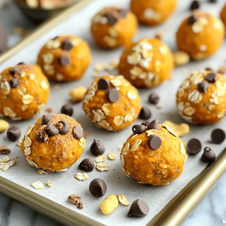 To make No-Bake Pumpkin Spice Protein Balls, gather these simple ingredients: - 1 cup pumpkin puree - 1 cup rolled oats - 1/2 cup natural nut butter (almond or peanut) - 1/4 cup honey or maple syrup - 1 scoop vanilla protein powder - 1 tablespoon pumpkin spice - 1/4 teaspoon sea salt - 1/4 cup mini chocolate chips (optional) - 1/4 cup chopped nuts or seeds (optional) Each ingredient plays a key role in taste and texture. Pumpkin puree gives a rich flavor and moisture. Rolled oats add bulk and fiber. Natural nut butter binds everything together while offering healthy fats. Honey or maple syrup sweetens the mix without being too overpowering. Vanilla protein powder boosts nutrition and helps create a filling snack. Pumpkin spice adds that warm, cozy taste we love. Sea salt balances the sweetness. You can add mini chocolate chips for a fun treat. Chopped nuts or seeds bring crunch and extra nutrition. This mix of flavors and textures makes these protein balls so satisfying! - Step 1: In a large mixing bowl, combine 1 cup of pumpkin puree, 1/2 cup of nut butter, and 1/4 cup of honey or maple syrup. Mix until smooth. This creamy base adds flavor and moisture. - Step 2: Next, add in 1 cup of rolled oats, 1 scoop of vanilla protein powder, 1 tablespoon of pumpkin spice, and 1/4 teaspoon of sea salt. Mix thoroughly until all ingredients blend well. This step gives the protein balls their structure. - Step 3: If you like, fold in 1/4 cup of mini chocolate chips and 1/4 cup of chopped nuts or seeds. This adds crunch and sweetness to the mix. - Step 4: Use your hands or a cookie scoop to form the mixture into small balls, about 1 inch in diameter. This size is perfect for snacking. - Step 5: Place the formed balls on a parchment-lined baking sheet. Refrigerate them for at least 30 minutes to firm up. This chilling step helps them hold their shape. Enjoy making these easy snacks! They are fun to prepare and taste amazing. - Ensure pumpkin puree is well-drained: This helps prevent soggy protein balls. Press the puree with a paper towel to get rid of extra moisture. - Use a cookie scoop for uniform sizes: This keeps your protein balls even. A scoop makes it easy to get the same amount every time. - Chill for longer for firmer balls: If you want a firmer texture, chill them for up to an hour. This step makes them easier to eat and more satisfying. - Substituting nut butter: You can swap almond butter for peanut butter or sunflower seed butter. Each option changes the flavor and texture. - Adjusting sweetness level: Feel free to add more or less honey or maple syrup. Taste the mix before forming the balls to find your perfect sweetness. - Adding different spices: You can play with spices like cinnamon or nutmeg. This adds new flavors and makes it fun to experiment with each batch. {{image_2}} You can add fun twists to your no-bake pumpkin spice protein balls. Here are a few ideas: - Chocolate pumpkin spice protein balls: Mix in cocoa powder with the other ingredients. This change gives a rich chocolate flavor that pairs well with pumpkin spice. You can also add chocolate chips for extra sweetness and texture. - Peanut butter cup version: Use peanut butter as your nut butter. Add a couple of tablespoons of cocoa powder to make it even more like a peanut butter cup. You can also fold in mini chocolate chips for a treat that tastes just like dessert. - Spiced chai protein balls: Swap out pumpkin spice for chai spices like cinnamon, ginger, and cardamom. This variation will give your protein balls a warm and cozy flavor. You can even add a splash of brewed chai tea for a unique twist. You can easily customize your protein balls with alternative ingredients. Here’s how: - Vegan swaps for honey or nut butter: Use maple syrup instead of honey. For nut butter, try sunflower seed butter or soy nut butter for a nut-free option. - Gluten-free oats: If you need your snack to be gluten-free, simply use certified gluten-free oats. They work just as well in this recipe. - Different protein powders: You can use any flavor of protein powder you have on hand. Chocolate or plant-based powders are great choices. They will add their unique taste to the mix while keeping the balls packed with protein. These variations and swaps let you create a snack that fits your taste and needs perfectly! To keep your no-bake pumpkin spice protein balls fresh, use an airtight container. Place them in the fridge. This helps maintain their taste and texture. I recommend using a glass or plastic container with a tight lid. This way, they stay moist and don't dry out. These protein balls last about a week in the fridge. After that, their freshness fades. If you want to store them longer, try freezing them. Just place them in a freezer-safe bag. They can last up to three months in the freezer. Remember to label the bag with the date. This helps you track their freshness! How do I make protein balls without protein powder? You can skip the protein powder. Just add more oats or nut butter. This keeps the texture right. You can also use seeds like chia for extra protein. Can I use fresh pumpkin instead of canned? Yes, fresh pumpkin works well. Make sure to cook and puree it first. Drain any extra water for the best texture. Are these protein balls suitable for meal prep? Absolutely! These protein balls are great for meal prep. They store well in the fridge for up to a week. Just grab one when you need a snack. What is the best way to prevent sticking when forming balls? To stop sticking, wet your hands with a little water. This helps the mixture slide off easily. You can also coat your hands in a bit of nut butter. Can I omit the sweetener altogether? You can leave out the sweetener if you prefer. The pumpkin and nut butter give some natural sweetness. Adjust the spices for extra flavor if you want. You now have all the details to make tasty, healthy protein balls. Remember, the key ingredients like pumpkin puree and nut butter provide nutrition and flavor. Follow the steps closely for the best results. Don’t hesitate to mix flavors and adjust the sweetness to your taste! These protein balls store well in the fridge and offer great meal prep options. Enjoy making and sharing them with others!