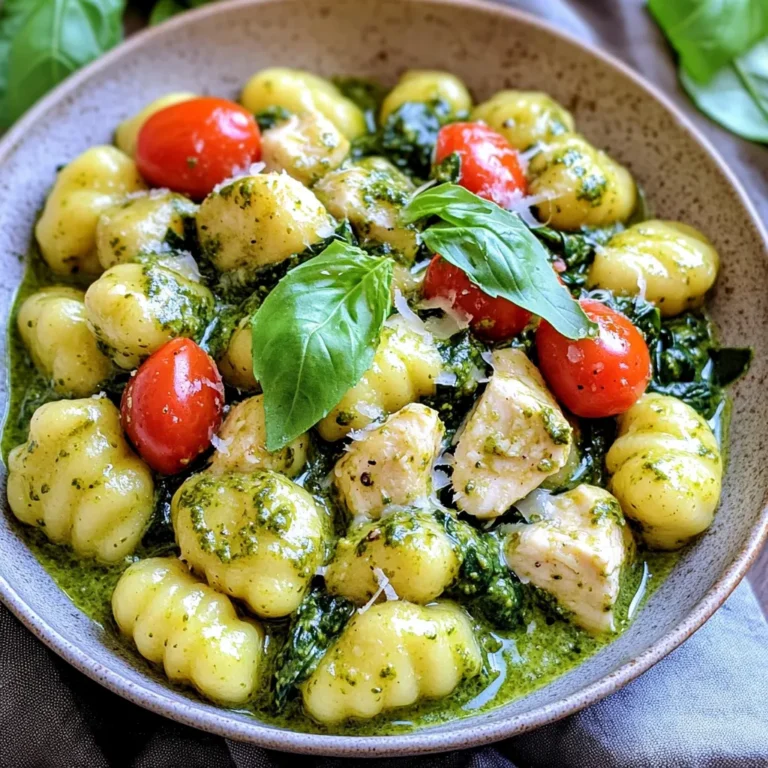 To make Creamy Pesto Chicken Gnocchi, you will need a few simple ingredients. Here’s what you should gather: - 1 pound gnocchi (store-bought or homemade) - 2 boneless, skinless chicken breasts, diced - 2 tablespoons olive oil - 2 cups fresh spinach, chopped - 1 cup cherry tomatoes, halved - 1 cup heavy cream - 1/2 cup basil pesto - 1/2 cup grated Parmesan cheese - Salt and pepper to taste - Fresh basil leaves for garnish Each ingredient plays an important role in creating this dish. The gnocchi adds a soft and pillowy texture. Chicken provides protein and heartiness. Olive oil helps in cooking and adds flavor. Spinach and cherry tomatoes bring freshness and color. Heavy cream creates that rich, creamy base. Basil pesto gives it a vibrant, herbaceous kick. Parmesan cheese gives a salty finish. Seasonings tie everything together, and fresh basil makes the dish pop visually and tastefully. Now that you have your ingredients, you're ready to dive into the cooking process! Sautéing Chicken Start by heating 2 tablespoons of olive oil in a large pot over medium heat. Add 2 diced chicken breasts. Season with salt and pepper. Cook for about 5-7 minutes. Look for the chicken to turn golden brown and be cooked through. Adding Vegetables Next, add 2 cups of chopped spinach and 1 cup of halved cherry tomatoes to the pot. Stir everything well to mix. Cook for another 2-3 minutes. You want the spinach to wilt and add flavor. Incorporating Cream and Pesto Lower the heat a bit. Pour in 1 cup of heavy cream. Stir to combine it with the chicken and veggies. Then, add in 1/2 cup of basil pesto. This step brings all the flavors together and creates a creamy base. Cooking Gnocchi Now, add 1 pound of gnocchi directly into the pot. Gently stir to ensure each piece is coated with the creamy sauce. Cook for 3-5 minutes. You want the gnocchi to be heated through and the sauce to thicken a little. Mixing in Cheese Finally, mix in 1/2 cup of grated Parmesan cheese. Stir well and taste. Adjust seasoning with more salt and pepper if needed. Remove the pot from the heat and let it sit for a minute before serving. - Ensuring Chicken is Cooked To make sure your chicken cooks well, cut it into small pieces. This helps it cook evenly. You want a nice golden color and no pink inside. Use a meat thermometer, and aim for 165°F (75°C) to be safe. - Achieving the Right Creamy Consistency For creamy sauce, add the heavy cream slowly. Stir as you pour to combine it well with the other ingredients. If the sauce gets too thick, add a splash of chicken broth or water. This keeps it smooth and pourable. - Selecting the Best Gnocchi Choose gnocchi that is fresh or of good quality. If you pick store-bought, look for brands with simple ingredients. Homemade gnocchi is a fun option too, but it requires extra time. Either way, they should be light and fluffy when cooked. - Ideal Pairings This dish pairs nicely with a crisp green salad. A light vinaigrette can add a nice touch. For drinks, a chilled white wine or sparkling water works great. - Presentation Tips Serve your dish in shallow bowls. This makes it look more appealing. Garnish with fresh basil leaves and a sprinkle of Parmesan cheese. It adds color and invites everyone to dig in! {{image_2}} Low-Fat Alternatives You can swap heavy cream for low-fat milk or Greek yogurt. This change cuts calories while keeping some creaminess. For cheese, use a lower-fat version of Parmesan. This works well for a lighter dish without losing flavor. Vegetable Add-ins Add more veggies for color and nutrients. Try zucchini or bell peppers. You can also use mushrooms for a hearty touch. These additions blend well with the chicken and pesto, creating a more vibrant meal. Adding Spices For a kick, sprinkle in some red pepper flakes. This simple step gives your dish a nice warmth. You might also try garlic powder or Italian herbs. These spices boost flavor without overpowering the creamy pesto. Alternative Sauces If you want a twist, use sun-dried tomato pesto instead of basil pesto. This gives a rich, tangy taste. Another option is adding a splash of lemon juice. It brightens the flavors and adds a fresh zing to your dish. Refrigerating After enjoying your creamy pesto chicken gnocchi, cool any leftovers first. Place them in an airtight container. Store in the fridge for up to three days. This keeps the flavors fresh and tasty. Freezing Options If you want to keep it longer, freezing is a great choice. Use a freezer-safe container or bag. Make sure to remove as much air as possible. You can freeze it for up to three months. When ready to eat, let it thaw in the fridge overnight. Best Methods to Reheat The best way to reheat this dish is on the stove. Pour the gnocchi into a skillet over low heat. Add a splash of cream or water to help it warm up. Stir gently until it’s heated through. You can also use a microwave. Place the gnocchi in a microwave-safe dish, cover it, and heat in short bursts. Stir in between to ensure even heating. Yes, you can use homemade gnocchi. It adds a personal touch and great flavor. Just make sure it is cooked right before adding it to the sauce. Fresh gnocchi will cook quickly and soak up the creamy sauce well. The chicken is fully cooked when it reaches an internal temperature of 165°F. You can cut into a piece to check. The meat should be white, not pink. If you see any pink, cook it a bit longer. If you need a substitute for heavy cream, try using half-and-half or whole milk. You can also use coconut milk for a dairy-free option. Mix in some cornstarch to thicken it. This will help you achieve a creamy texture without heavy cream. This article covers a simple recipe with tasty ingredients like chicken and gnocchi. You learned the steps to cook this dish, from sautéing chicken to mixing in cheese. Helpful tips ensure your meal comes out great, and variations let you customize it easily. Storing leftovers is simple, and reheating maintains the taste. Remember, cooking should be fun and creative. Don't hesitate to try new things. Enjoy your cooking journey!