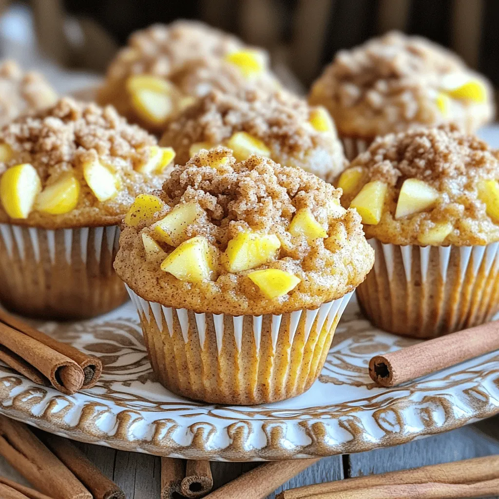- 2 cups all-purpose flour - 1 cup granulated sugar - 1 tablespoon baking powder - 1 teaspoon ground cinnamon - ½ teaspoon salt - 1 cup whole milk - ½ cup unsalted butter, melted - 2 large eggs - 1 teaspoon vanilla extract - 2 cups peeled and diced apples (Granny Smith or Honeycrisp) - ½ cup all-purpose flour - ½ cup brown sugar, packed - 1 teaspoon ground cinnamon - ¼ cup cold unsalted butter, cubed Gathering these ingredients is simple. First, you need the dry ingredients. The flour gives structure. Sugar adds sweetness. Baking powder helps the muffins rise. Cinnamon gives that warm flavor. Salt enhances all the tastes. Next, focus on wet ingredients. Milk makes the batter moist. Melted butter adds richness. Eggs bind everything together. Vanilla adds a nice aroma and taste. For the apple filling, choose Granny Smith for tartness or Honeycrisp for sweetness. Both options bring great flavor and moisture. Finally, the streusel topping needs flour, brown sugar, cinnamon, and cold butter. This mix creates a crunchy layer on top of each muffin. It adds texture and sweetness. With all these ingredients ready, you are set to make delicious Cinnamon Apple Streusel Muffins! - Preheat the oven to 350°F (175°C). - Line a muffin tin with paper liners or grease it with non-stick spray. - In a large bowl, whisk together: - 2 cups all-purpose flour - 1 cup granulated sugar - 1 tablespoon baking powder - 1 teaspoon ground cinnamon - ½ teaspoon salt - In another bowl, mix: - 1 cup whole milk - ½ cup melted unsalted butter - 2 large eggs - 1 teaspoon vanilla extract - Pour the wet mixture into the dry ingredients. - Stir gently until just combined. Be careful not to overmix. - Gently fold in 2 cups of peeled and diced apples. - In a small bowl, combine: - ½ cup all-purpose flour - ½ cup brown sugar - 1 teaspoon ground cinnamon - Use a fork or your fingers to mix in: - ¼ cup cold unsalted butter, cubed - Mix until it resembles coarse crumbs. - Divide the muffin batter evenly among the prepared muffin cups. - Fill each cup about ¾ full. - Sprinkle the streusel topping generously over each muffin. - Bake in the preheated oven for about 20-25 minutes. - A toothpick inserted in the center should come out clean. - Allow the muffins to cool in the pan for 5 minutes. - Transfer them to a wire rack to cool completely. - Avoid overmixing the batter: Mix just until combined. Overmixing makes muffins tough. - Use room temperature ingredients: This helps the batter mix well and rise nicely. - Adding spices or nuts for extra flavor: Try adding chopped walnuts or pecans for crunch. You can also add nutmeg or ginger for warmth. - Substitutions for apples: If you don’t have apples, use pears or diced berries. They add great taste too! - Dusting with powdered sugar: A light sprinkle adds a touch of sweetness and looks great. - Serving suggestions with coffee or tea: These muffins pair perfectly with your favorite hot drink. Enjoy them warm for the best flavor! {{image_2}} You can easily change the fruit in these muffins. Swap apples for pears or berries. Both options add new flavors and textures. Diced bananas also work well. They make the muffins moist and sweet. If you need gluten-free muffins, use a gluten-free flour mix. Make sure it has a good binding agent. You can also create a vegan version. Replace eggs with flaxseed or applesauce. Use almond milk instead of whole milk. Want to make these muffins even richer? Add caramel bits or chopped nuts. Walnuts or pecans give a nice crunch. You can also use flavored extracts. Almond or maple extracts can add a unique twist. Store your muffins in an airtight container. This keeps them fresh and moist. The best temperature for short-term storage is room temperature. Make sure they cool fully before you store them. To keep your muffins longer, freeze them. Wrap each muffin in plastic wrap. Then, place them in a freezer-safe bag or container. This helps prevent freezer burn. When you want to enjoy them, thaw the muffins in the fridge overnight. To reheat, pop them in the microwave for about 15-20 seconds. You can also warm them in the oven at 350°F (175°C) for 10 minutes. Cinnamon apple streusel muffins stay fresh for about 3-5 days at room temperature. In the fridge, they can last up to a week. Look for signs of spoilage like a dry texture or an off smell. If they seem hard or moldy, it's best to toss them. Always trust your senses. Enjoy these muffins while they are fresh! You can make these muffins healthier by reducing the sugar and fat. Try these tips: - Use ¾ cup of sugar instead of 1 cup. - Swap half of the butter for unsweetened applesauce. - Add a cup of oats for fiber. These changes keep the muffins tasty but lower in calories. Yes, you can use whole wheat flour. It adds a nutty flavor and extra fiber. However, the muffins may be denser. I recommend mixing whole wheat with all-purpose flour. Try a 1:1 ratio for best results. If you don’t have diced apples, don’t worry! You can use: - Pears, diced and peeled. - Mashed bananas for a different twist. - Diced peaches or berries for a fruity change. These alternatives will change the flavor but still make delicious muffins. Yes, you can make these muffins ahead of time. Here are some best practices: - Bake them a day in advance and store in an airtight container. - Freeze the muffins for up to three months. - Thaw in the fridge overnight before serving. This way, you always have fresh muffins ready to eat! This blog post explored how to make delicious apple muffins. We discussed each ingredient, from dry to wet. You learned step-by-step instructions for mixing, baking, and cooling. Tips and variations helped you personalize your muffins. Proper storage ensures they stay fresh. I hope you feel ready to bake and enjoy these tasty treats. Simple recipes can bring joy to your kitchen. Get creative and make these muffins your own!