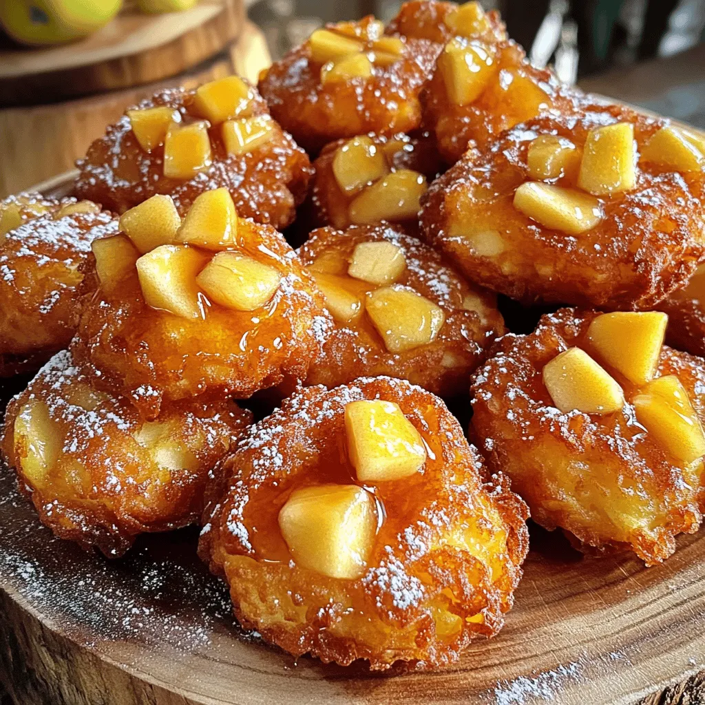 To make these tasty fritters, gather these key ingredients: - 2 medium apples, peeled and diced - 1 cup all-purpose flour - 1/2 cup granulated sugar - 1 teaspoon baking powder - 1/2 teaspoon baking soda - 1/2 teaspoon ground cinnamon - 1/4 teaspoon salt - 1/2 cup buttermilk - 1 large egg - 1 teaspoon vanilla extract - Oil for frying - 1/2 cup maple syrup - 1/2 cup powdered sugar Each ingredient plays a role. The apples add sweetness and moisture. The flour and sugar give the fritters structure. The baking powder and soda help them rise. Cinnamon adds warmth and flavor, while buttermilk makes them tender. You can enhance these fritters with a few extras: - Chopped nuts (like walnuts or pecans) - A pinch of nutmeg - A splash of lemon juice Chopped nuts add crunch. Nutmeg brings depth to the flavor. Lemon juice can brighten the taste of the apples. If you need to swap any ingredients, here are some ideas: - Use whole wheat flour for a nuttier taste. - Swap buttermilk with regular milk or yogurt mixed with vinegar. - Maple syrup can be replaced with honey for a different sweetness. These substitutions can still yield a delicious result. Feel free to experiment based on what you have at home! Start by peeling and dicing two medium apples. I like using sweet apples like Fuji or Honeycrisp. Place the diced apples in a bowl. Add one tablespoon of granulated sugar and a dash of cinnamon. This will bring out the apples' natural sweetness. Let the apples sit for about 10 minutes. This step helps the apples release their juices, which adds flavor to the fritters. In a large bowl, mix together one cup of all-purpose flour, half a cup of granulated sugar, one teaspoon of baking powder, half a teaspoon of baking soda, half a teaspoon of ground cinnamon, and a quarter teaspoon of salt. In a separate bowl, whisk together half a cup of buttermilk, one large egg, and one teaspoon of vanilla extract. Pour the wet mixture into the dry ingredients. Gently fold everything together until just combined. Be careful not to overmix. Finally, stir in the prepared apple mixture evenly. Heat oil in a deep frying pan over medium heat. Aim for a temperature of about 350°F or 175°C. Once the oil is hot, scoop out spoonfuls of the batter. Carefully drop them into the oil, forming small fritters. Fry them in batches to avoid overcrowding. Cook for about 3 to 4 minutes on each side. Look for a golden brown color. Once cooked, remove the fritters and place them on a paper towel-lined plate. This will help drain any excess oil. In a small saucepan, combine half a cup of maple syrup with half a cup of powdered sugar. Heat over low heat. Stir the mixture until smooth and warm. This creates a rich glaze that adds a perfect finish to your fritters. Drizzle the warm glaze over each fritter while they are still slightly warm. This helps the glaze to set nicely on the fritters. To get the best fritter texture, use firm apples. Granny Smith or Honeycrisp work great. Dice the apples small to ensure even cooking. Let them sit with sugar and cinnamon. This step helps draw out moisture and adds flavor. When mixing the batter, avoid overmixing. Mix just until combined. This keeps your fritters light and fluffy. Heat your oil to 350°F (175°C) for the right frying temperature. Use a deep frying pan to allow enough space for fritters. Fry them in small batches. This keeps the temperature steady. Cook for about 3-4 minutes on each side. Look for a golden-brown color. Use a slotted spoon to remove the fritters and drain them on paper towels. Serve your fritters warm for the best taste. Arrange them on a nice platter. Dust with powdered sugar for a beautiful finish. Drizzle the warm maple glaze right before serving. For extra coziness, add a small bowl of maple syrup for dipping. You can even pair them with a hot drink like coffee or tea. Enjoy this sweet treat with friends or family for a perfect cozy moment! {{image_2}} You can use many types of apples for fritters. Each kind gives a unique taste. I love using Granny Smith apples. They are tart and hold their shape well. Honeycrisp apples are also a great choice. They add sweetness and crunch. You can even mix different apples for a fun twist. Try combining tart and sweet apples. This mix enhances flavor and texture. Making gluten-free fritters is easy and tasty. Swap all-purpose flour for a gluten-free blend. Look for a mix that has xanthan gum. This helps with the texture. You can also use almond flour or coconut flour. These options give a different taste. Just remember, the batter may need adjusting. Add a bit more liquid if it feels too thick. Nuts and spices bring new flavors to your fritters. Chopped walnuts or pecans add a nice crunch. You can stir them into the batter before frying. If you love spice, try adding nutmeg or ginger. A pinch of cardamom also gives warmth. These additions can make your fritters special. Experiment with different combinations to find your favorite. To keep your fritters fresh, let them cool first. Then, place them in an airtight container. You can stack them with parchment paper in between. This keeps them from sticking together. Store the container in the fridge. They will last for about 2-3 days. When you're ready to enjoy your fritters again, the best way to reheat them is in the oven. Preheat your oven to 350°F (175°C). Place the fritters on a baking sheet lined with parchment paper. Heat them for about 10-15 minutes, until warm. This method helps keep them crispy. You can also use a microwave, but they may get soggy. If you want to save fritters for later, freezing is a great option. First, let them cool completely. Then, lay them out on a baking sheet in a single layer. Freeze them for about an hour. Once frozen, transfer them to a freezer-safe bag or container. They can last in the freezer for up to 2 months. To reheat, bake them from frozen, following the previous reheating tips. Yes, you can make these fritters ahead of time. I recommend frying them and then letting them cool. Store them in an airtight container in the fridge for up to two days. To enjoy them later, just reheat in an oven until warm. The best apples for fritters are tart and firm. I love using Granny Smith apples for their crisp texture and bright flavor. Honeycrisp or Fuji apples also work well. They add a nice sweetness while holding their shape during cooking. To keep fritters from getting soggy, drain them well after frying. Place them on paper towels right away to absorb excess oil. Also, avoid stacking them while they are still hot. This keeps them crispy longer. Yes, you can bake these fritters instead of frying. Preheat your oven to 375°F (190°C). Place the fritters on a baking sheet lined with parchment paper. Bake for about 15-20 minutes until golden brown, flipping halfway through for even cooking. They won't be as crispy, but they'll still taste great! Maple glazed apple fritters are a delight to create. We explored essential and optional ingredients, plus substitutions for flavor. The step-by-step instructions guide you through making the perfect fritters and glaze. You learned tips for texture and serving ideas to enhance your experience. Variations let you customize your fritters with different apples or spices. Remember to store leftovers properly for great taste. Enjoy making and sharing these treats! They are sure to impress anyone who tries them.