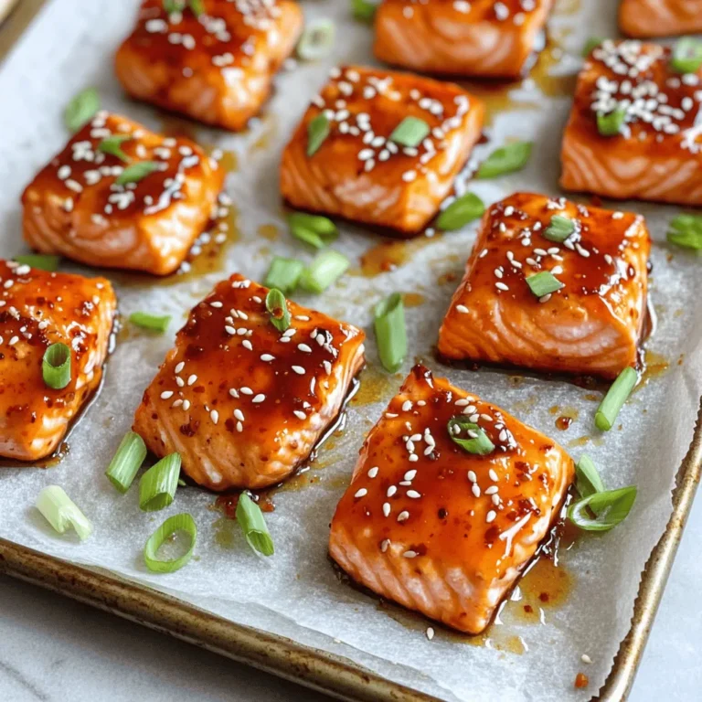 - Fresh salmon fillet: Use 1 lb of fresh salmon. Remove the skin and cut it into bite-sized pieces. Fresh salmon gives the best flavor and texture. - Sweet chili sauce: You need 1/4 cup. This sauce adds a sweet and spicy kick. - Soy sauce and its role: You will use 2 tablespoons. Soy sauce adds depth and umami to the dish. - Honey and alternatives: Use 1 tablespoon of honey. It enhances sweetness. You can swap it for maple syrup if needed. - Sesame oil importance: You need 1 tablespoon of sesame oil. It adds a nice nutty flavor that complements the salmon. - Garlic powder and ginger powder: Each ingredient should be 1 teaspoon. These spices bring warmth and aroma to your bites. - Sesame seeds and garnishing: Use 1 tablespoon of sesame seeds. They add crunch and a lovely look to your dish. - Green onions for flavor: Chop 2 green onions finely. They add a fresh taste and bright color. - Salt and pepper for seasoning: Use salt and pepper to taste. These are key for enhancing all the flavors in your dish. To start, gather your ingredients. In a medium bowl, add the sweet chili sauce, soy sauce, honey, sesame oil, garlic powder, ginger powder, salt, and pepper. Use a whisk to mix everything together well. This step is key. The marinade brings all the flavors together. Let the marinade sit for a minute. This helps the flavors blend. Marinating the salmon is important. It allows the fish to soak up all the great taste. Aim for at least 30 minutes in the fridge for the best flavor. Next, take your fresh salmon fillet. Cut it into bite-sized pieces. Place the salmon bites in the bowl with the marinade. Gently toss them to coat every piece. Make sure each bite gets a good layer of the sauce. Cover the bowl and put it in the fridge. This step is crucial. Refrigeration helps the salmon absorb the flavors. The longer it sits, the better it gets. Try to let it marinate for at least 30 minutes. Now, it's time to bake. Preheat your oven to 425°F (220°C). This temperature is perfect for cooking salmon quickly. While the oven heats up, line a baking sheet with parchment paper. Once the oven is hot, arrange the salmon bites on the sheet. Place them in a single layer. Leave some space between each piece. This helps them cook evenly. Drizzle any leftover marinade over the salmon for added flavor. Bake in the oven for 10-12 minutes. Keep an eye on them. The salmon is done when it flakes easily with a fork. After baking, remove the salmon bites and sprinkle sesame seeds and chopped green onions on top. Enjoy them hot with extra sweet chili sauce on the side for dipping! To get the right balance of flavor, you can adjust the sweetness and saltiness. If you want it sweeter, add more honey or sweet chili sauce. For extra salt, use a bit more soy sauce. Taste the marinade before you add the salmon. This helps you find the right mix. Marinating the salmon longer can boost the taste. Aim for at least 30 minutes, but up to two hours works best. This gives the salmon time to soak up all the flavors. You can cook sweet chili salmon bites in different ways. Grilling adds a nice smoky flavor. Broiling cooks them fast and gives a crispy edge. Both methods bring out great taste. Look for signs of perfectly cooked salmon. It should be opaque and flake easily with a fork. The inside should not look raw. If you see any pink, give it a bit more time. Pair these salmon bites with simple sides. Rice or a fresh salad complements the dish nicely. You might also try steamed veggies for a healthy touch. For creative presentations, place the salmon bites on a large platter. Drizzle extra sweet chili sauce on top. Sprinkle sesame seeds and green onions for a colorful finish. Serve with toothpicks for easy eating. {{image_2}} You can change the fish or seafood in this recipe. Fresh tuna or shrimp works great. They both soak up flavors well. For a vegan option, use tofu or tempeh. Cut them into similar bite-sized pieces. This way, you keep the texture fun and appealing. You can add spices to boost the taste. Try cayenne pepper for heat or smoked paprika for depth. Fresh herbs like cilantro or basil can brighten the dish. For a different sauce, swap sweet chili for teriyaki or a spicy sriracha mix. Adjusting the sauce can give you a new twist each time. When serving at parties, arrange the salmon bites on a large platter. Garnish with extra green onions and sesame seeds for a splash of color. You can also serve them on skewers for easy eating. Pair with dips like wasabi mayo or a cool cucumber sauce. This variety adds fun to your meal. To store leftovers, place them in an airtight container. Make sure the salmon bites cool down to room temperature before sealing. Leftovers can stay fresh for up to three days in the fridge. Always check for any unusual smells or colors before eating. For freezing, lay the salmon bites in a single layer on a baking sheet. Freeze them for about one hour until firm. Then, transfer the bites to a freezer bag. Squeeze out as much air as you can before sealing. They can stay frozen for up to three months. When ready to enjoy, thaw them in the fridge overnight. Reheat in the oven at 350°F (175°C) for about 10 minutes. Watch for signs of spoilage, like an off smell or a slimy texture. To maintain flavor and texture, always store salmon in airtight containers. Keep your fridge at a safe temperature of 40°F (4°C) or below. Enjoy your sweet chili salmon bites at their best! You should marinate the salmon for at least 30 minutes. This time helps the flavors soak in. If you have more time, marinating for up to two hours works well too. Just remember to keep it in the fridge to stay fresh. Yes, you can use frozen salmon. Just make sure to thaw it first. Place the salmon in the fridge overnight, or use cold water for a quicker thaw. Once thawed, you can follow the recipe as normal. Sweet chili salmon bites pair well with many sides. Try serving them with rice or noodles for a complete meal. You could also add a fresh salad or steamed veggies on the side. These sides balance the flavors nicely. Check if the salmon flakes easily with a fork. It should look opaque and have a light pink color inside. If you have a food thermometer, the internal temperature should reach 145°F (63°C) for it to be fully cooked. Yes, you can prepare the salmon bites ahead of time. Marinate them and then store in the fridge for up to two hours. You can also bake them and store leftovers in the fridge. Just reheat in the oven for best results. This blog covered how to make tasty sweet chili salmon bites. You learned about the key ingredients, like salmon, sweet chili sauce, and sesame oil. I shared step-by-step instructions for marinating and baking. You also found tips for flavor and cooking methods. Lastly, I introduced variations and storage tips. By following these steps, you can create a delicious dish. Enjoy experimenting with flavors and serving suggestions to impress family and friends. Happy cooking!