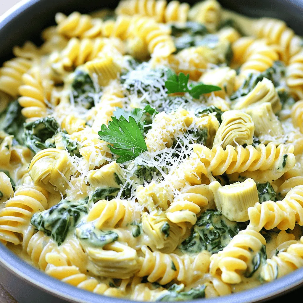 To make One-Pot Creamy Spinach Artichoke Pasta, you need the right ingredients. Here’s what you will need: - 12 oz (340g) pasta of choice (penne or fusilli work well) - 1 can (14 oz) artichoke hearts, drained and chopped - 3 cups fresh spinach, roughly chopped - 1 cup cream cheese, softened - 1 cup vegetable broth - 1 cup grated Parmesan cheese - 2 cloves garlic, minced - 1 teaspoon onion powder - ½ teaspoon red pepper flakes (optional, if you like a bit of heat) - Salt and pepper to taste - 2 tablespoons olive oil - Fresh parsley or basil, for garnish Each ingredient plays a key role. The pasta is the base, holding all those creamy flavors. The artichokes add a unique taste and texture. Fresh spinach brings color and nutrition. Cream cheese and Parmesan create that rich creaminess we crave. Vegetable broth gives the dish depth and flavor. Garlic and onion powder enhance the taste, while red pepper flakes add a nice kick. Finally, the olive oil helps sauté the garlic and keeps everything moist. Feel free to mix and match pasta types based on your preference. You can also adjust the spices to suit your taste. This dish is simple yet satisfying! 1. Heat olive oil in a large pot on medium heat. 2. Add minced garlic and cook for 1 minute until fragrant. 3. Toss in chopped artichoke hearts and spinach. Stir until spinach wilts, about 2-3 minutes. 4. Add pasta, vegetable broth, and onion powder to the pot. Bring to a gentle boil. 5. Cover the pot and reduce heat to simmer. Cook for 10-12 minutes until pasta is al dente. 6. Stir in softened cream cheese and grated Parmesan. Mix until cheese melts into a creamy sauce. 7. If the sauce is thick, add a splash of water or broth. 8. Season with salt, pepper, and red pepper flakes to taste. 9. Let it sit for a few minutes to thicken. - Sauté garlic and artichokes takes around 4 minutes total. - Boiling and simmering the pasta lasts about 10-12 minutes. - The overall cooking time is around 25 minutes. - Serve the pasta in bowls for a nice presentation. - Garnish with chopped parsley or basil for color. - Add a sprinkle of extra Parmesan on top for flavor. To adjust the sauce consistency, add a bit of vegetable broth. If it's too thick, water works well, too. For a richer flavor, stir in more Parmesan cheese. You can also add lemon juice for a zesty kick. One-pot cooking is simple. Start by sautéing garlic first. This step enhances the dish's aroma. When adding pasta, ensure it's fully submerged in the broth. Stir often to prevent sticking. To avoid overcooked pasta, check for doneness a minute early. It should be al dente, firm yet tender. Prep ingredients ahead of time. Chop artichokes and spinach in advance. This saves time when cooking. For quick cleanup, soak your pot right after serving. A little water makes washing easier. You can also use a liner for extra convenience. {{image_2}} - Gluten-free pasta options: You can use gluten-free penne or fusilli for this dish. Brands like Barilla or Banza offer great choices. They taste good and cook well in one pot. - Dairy-free alternatives: For a dairy-free version, try using cashew cream or coconut cream. Nutritional yeast can also add a cheesy flavor without dairy. - Adding proteins: You can make this dish heartier by adding cooked chicken or shrimp. Simply toss in the protein during the last few minutes of cooking. This adds flavor and makes it a full meal. - Incorporating additional vegetables: Consider adding bell peppers, mushrooms, or sun-dried tomatoes. These veggies boost flavor and nutrition. Just chop them and add them with the spinach. - Adjusting ingredients for seasonal produce: In spring, add asparagus or peas for a fresh touch. In fall, try adding roasted butternut squash. It adds sweetness and color. - Holiday-themed variations: For a festive twist, mix in cranberries and pecans during the holidays. This makes the dish special and perfect for gatherings. You can keep One-Pot Creamy Spinach Artichoke Pasta in the fridge for up to three days. Make sure to store it in an airtight container. This helps keep the flavors fresh and tasty. Before serving, check for any signs of spoilage. If it smells good and looks fine, you are good to go! If you want to save this pasta dish for later, freezing is a great option. First, let the pasta cool completely. Then, place it in a freezer-safe container. Make sure to leave some space at the top for expansion. You can freeze it for up to three months. When you want to eat it, thaw it in the fridge overnight. To reheat, put it in a pot over low heat. You may need to add a splash of broth or water to bring back the creaminess. Leftover One-Pot Creamy Spinach Artichoke Pasta can be fun and tasty! You can mix it into a salad for a quick lunch. It adds a nice creamy texture to greens. You could also use it as a filling for wraps. Just add some fresh veggies and roll it up. These simple ideas help you use every last bit of your delicious pasta! Can I make this dish vegan? Yes, you can make this dish vegan! Use vegan cream cheese and nutritional yeast instead of Parmesan cheese. You can also swap the vegetable broth for a homemade vegetable stock to keep it plant-based. What can I substitute for cream cheese? If you don't have cream cheese, you can use Greek yogurt or a dairy-free cream alternative. Silken tofu blended until smooth can also work as a great substitute, giving the dish a creamy texture. Is it possible to use frozen spinach? Yes, you can use frozen spinach! Just make sure to thaw and drain it well before adding it to the pot. This will help avoid excess moisture in your dish. How to adjust serving sizes To adjust serving sizes, simply scale the ingredients up or down. For example, if you want to serve six instead of four, increase all ingredient amounts by 1.5 times. Can I double the recipe? Yes, you can double the recipe. Just use a larger pot to ensure everything cooks evenly. Keep an eye on the cooking time, as it may vary slightly with more ingredients. Recommended pots and utensils I recommend using a large pot or Dutch oven for this recipe. A wooden spoon or silicone spatula works best for stirring. A sharp knife will help with chopping the spinach and artichokes. Best tools for easy cleanup For easy cleanup, consider using a non-stick pot. You can also line your cutting board with parchment paper to catch any veggie scraps. This makes cleaning up a breeze! This dish combines simple ingredients and easy steps to create a tasty meal. You learned how to choose pasta, flavorful broth, and types of cheese. I shared quick cooking tips and variations to fit your needs. Whether you want a creamy texture or a vegan option, you can customize it all. Don’t forget about fun serving ideas and how to store leftovers. Enjoy experimenting with this recipe to make it your own!