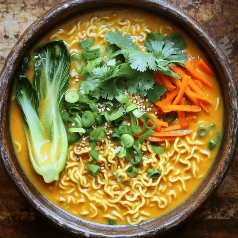 - 200g ramen noodles - 2 tablespoons peanut butter (smooth or crunchy) - 3 cups vegetable broth - 1 cup bok choy, chopped - 1 carrot, julienned - 1 bell pepper, sliced - 2 green onions, sliced - Fresh cilantro - 1 tablespoon soy sauce - 1 tablespoon sesame oil - 1 tablespoon sriracha - 2 cloves garlic, minced - 1 teaspoon ginger, grated This dish shines because of its simple yet bold ingredients. Ramen noodles form the base. The creamy peanut butter adds richness and depth. Vegetable broth brings warmth and flavor to the mix. Next, the vegetables add a crunchy texture and freshness. Bok choy, carrot, and bell pepper make the dish colorful and healthy. Green onions and cilantro finish it off with a fresh note. For flavoring, soy sauce gives saltiness. Sesame oil adds a nutty taste. Sriracha brings the heat. Garlic and ginger enhance the overall profile of the broth. This blend creates a quick, tasty meal that comforts and satisfies. - Boiling the noodles: Start by boiling water in a large pot. Add the ramen noodles and cook them according to the package instructions. This usually takes about 3 to 5 minutes. - Setting noodles aside: Once the noodles are tender, drain them. Set them aside while you prepare the broth. - Heating the sesame oil: In the same pot, lower the heat to medium. Add 1 tablespoon of sesame oil and let it heat up. - Sautéing garlic and ginger: Next, add 2 cloves of minced garlic and 1 teaspoon of grated ginger. Cook for about 1 minute until they smell nice and fragrant. - Incorporating bok choy, carrot, and bell pepper: Pour in 3 cups of vegetable broth. Then, add 1 cup of chopped bok choy, 1 julienned carrot, and 1 sliced bell pepper. - Simmering until tender: Let the mix simmer for 5 to 7 minutes. Check that the veggies are tender but still bright. - Mixing peanut butter, soy sauce, and sriracha: In a small bowl, mix 2 tablespoons of peanut butter, 1 tablespoon of soy sauce, and 1 tablespoon of sriracha. Stir until you get a smooth sauce. - Stirring sauce into broth and vegetables: Add the peanut sauce to the pot with the broth and vegetables. Stir well to combine everything evenly. - Tossing with cooked ramen: Finally, add the cooked ramen noodles to the pot. Toss them gently so they get a nice coating of the sauce. - Taste testing and adjusting flavors: Take a quick taste of the ramen. If you want more heat, add a bit more sriracha or soy sauce. - Serving suggestions with garnishes: Ladle the ramen into bowls. Top with sliced green onions, sesame seeds, and fresh cilantro for a tasty finish. To keep your noodles from getting mushy, cook them just until al dente. Drain the noodles right away and rinse them with cold water. This stops the cooking. For perfect vegetable tenderness, add the bok choy, carrot, and bell pepper after the broth simmers. Cook them for 5-7 minutes until they are soft but still bright in color. You can customize the spiciness of your ramen by adjusting the sriracha. Start with a tablespoon and add more if you like it hot. For added protein, try adding firm tofu or cooked chicken. Just toss them into the broth with the vegetables for a satisfying meal. Garnishing is key to a beautiful dish. Top your ramen with sliced green onions, sesame seeds, and fresh cilantro. These not only add color but also enhance the flavor. For serving, use deep bowls to hold the broth and noodles. This makes it easy for guests to enjoy every last bite. {{image_2}} You can switch up the noodles for a fun twist. Try udon or soba noodles instead of ramen. Udon is thick and chewy, while soba has a nutty taste. Both add new flavors to your dish. If you want a different nut taste, use almond or cashew butter. Almond butter is smooth, while cashew butter has a creamier texture. These swaps can change the whole vibe of your ramen! To change the spice level, add more or less sriracha. If you love heat, go for extra! If you prefer mild, start small. You can also mix in different herbs or spices. A sprinkle of cilantro or basil can brighten the flavor. A dash of curry powder or cumin adds a unique twist. Explore what you like best! If you follow a vegan diet, this ramen is easy to adjust. Use vegetable broth and a plant-based nut butter. For gluten-free options, choose gluten-free ramen noodles or rice noodles. Always check labels to be safe. You can enjoy a delicious bowl without worry! To keep your Spicy Peanut Butter Ramen fresh, store leftovers in the fridge. Place them in airtight containers. This will keep moisture in and prevent it from drying out. Make sure the ramen cools down before sealing the containers. Leftovers taste best within three days. When you reheat, use a pot on low heat. This helps maintain the texture and flavor. Stir often to warm it evenly. If it seems thick, add a splash of water or broth. After reheating, taste and adjust the seasoning. You might want to add a bit more soy sauce or sriracha. You can freeze Spicy Peanut Butter Ramen, but the texture may change. If you freeze it, keep the noodles and broth separate. Use freezer-safe containers or bags. When you want to eat it, thaw in the fridge overnight. Reheat gently in a pot, adding a bit of water if needed. Spicy Peanut Butter Ramen is a fun and tasty dish. It mixes creamy peanut butter with noodles. The broth is rich and full of flavor. You get a nice kick from sriracha and ginger. This dish is quick to make, perfect for busy days. It’s great for lunch or dinner! To reduce heat, you can cut back on sriracha. Start with just a half tablespoon. You can also add more peanut butter to balance the spice. Another option is to use mild chili paste instead of sriracha. Adding extra vegetable broth will also help cool it down. Yes, you can use instant ramen noodles! They cook quickly and work well in this recipe. Just follow the package directions for cooking. Drain them and add them to the broth like regular ramen noodles. It will save you time and still taste great. You can serve this ramen with a side salad or spring rolls. Steamed dumplings also make a nice pairing. If you want more veggies, try serving it with roasted broccoli. Fresh fruit like mango or pineapple can add a sweet touch, too. Spicy Peanut Butter Ramen lasts about 3 days in the fridge. Make sure to store it in an airtight container. If you want to keep it fresh, eat it within this time. Always check for any signs of spoilage before eating. This blog post covered a simple and tasty dish: Spicy Peanut Butter Ramen. We explored the main ingredients like ramen noodles, peanut butter, and vegetable broth. The step-by-step guide made cooking easy, teaching you how to prepare a rich broth, sauté veggies, and whip up a creamy peanut sauce. We added helpful tips to keep noodles and vegetables just right. You can also customize this dish to fit your taste, with easy swaps and storage advice. Enjoy your delicious ramen and get creative with it!