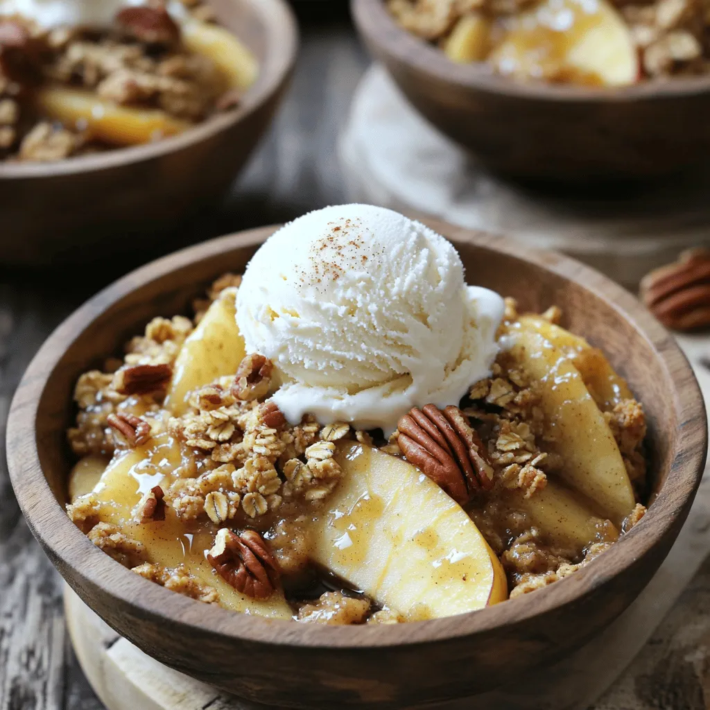 - Apples and their types You need 4 medium apples. I love using Granny Smith or Honeycrisp. They add a nice tartness. You can also mix different types for unique flavors. - Sweeteners: Brown sugar and maple syrup Use 1 cup of packed brown sugar. It gives a deep sweetness. Add 1/2 cup of pure maple syrup for a cozy, rich flavor. - Spices: Ground cinnamon and nutmeg Ground cinnamon is key here. Use 1 teaspoon for warmth. Add 1/4 teaspoon of nutmeg for a hint of spice. This makes your apple crisp fragrant and delicious. - Other key ingredients: Oats, pecans, and butter You’ll need 1 cup of rolled oats for crunch. Chop 1 cup of pecans for extra texture. Finally, use 1/3 cup of melted unsalted butter to tie it all together. This adds richness to the topping. Start by peeling, coring, and slicing your apples. I like to use Granny Smith or Honeycrisp. Next, toss the apple slices in a mixing bowl with lemon juice, brown sugar, ground cinnamon, nutmeg, and half of the maple syrup. This mix makes the apples sweet and tasty. Once coated, spread the apple mixture evenly in a greased 9x13 inch baking dish. In a separate bowl, combine rolled oats, chopped pecans, all-purpose flour, melted butter, and salt. Mix until the texture is crumbly. You want it to feel like wet sand. This topping will give a nice crunch when baked. Preheat your oven to 350°F (175°C). Once ready, sprinkle the oat and pecan mixture over the apples. Drizzle the remaining maple syrup on top for extra sweetness. Bake the dish for about 40-45 minutes. You’ll know it’s ready when the top turns golden brown and the apples are bubbling. After baking, let it cool for a few minutes. Serve warm in bowls. I recommend adding a scoop of vanilla ice cream or a dollop of whipped cream. A sprinkle of cinnamon and a few whole pecans on top adds a nice touch. Enjoy! For this crisp, I love using Granny Smith or Honeycrisp apples. They add a nice tartness. You can also try Fuji or Gala for a sweeter taste. Different apples change the flavor and texture. Tart apples hold their shape well. Sweet apples can become softer and mushy. Aim for a mix for balance. To get the right topping, you want a good mix of sweetness and crunch. Start with one cup of rolled oats and one cup of chopped pecans. You can add more nuts or oats to suit your taste. If you like it sweeter, add a bit more brown sugar or maple syrup. To avoid a soggy bottom, make sure the apples are well-coated with spices. Spread the oat mixture evenly over the apples. Drizzling some maple syrup on top helps keep it crispy. Bake at 350°F for 40-45 minutes until golden. Let it cool briefly before serving. This way, your crisp stays crunchy and delicious! {{image_2}} If you want a change from pecans, try walnuts. They give a rich flavor. Almonds are another great choice for a nice crunch. Cashews can also work but will change the taste a bit. Each nut brings its unique flavor and texture. Feel free to mix different nuts for a fun twist. You can add cranberries for a tart kick. They contrast well with sweet apples. Raisins also add natural sweetness and chewiness. For a seasonal touch, layer in pears or berries. These fruits make the dish even more vibrant and tasty. Mixing fruits keeps every bite exciting and fresh. To make this recipe gluten-free, use gluten-free flour and oats. Check that your oats are certified gluten-free. This ensures no cross-contamination occurs. You can also swap the all-purpose flour for almond flour. It adds a nutty flavor and works well. Enjoy your warm apple crisp without worry! To keep your apple crisp fresh, store leftovers in an airtight container. Place it in the fridge. It will stay good for up to three days. If you want to enjoy it later, freeze it. Let the crisp cool completely. Then wrap it tightly in foil or plastic wrap. You can also use a freezer-safe container. It will last for up to three months in the freezer. To reheat the apple crisp, use an oven for the best results. Preheat your oven to 350°F (175°C). Place the apple crisp in an oven-safe dish. Cover it with foil to keep it from drying out. Heat for about 15-20 minutes, or until warm. You can also microwave it. Place a slice on a plate and heat for about 30 seconds. To keep flavors fresh, add a splash of maple syrup before reheating. Enjoy every bite! Yes, you can make this apple crisp ahead of time. Here are some tips: - Prepare the apple mixture: You can slice and coat the apples with lemon juice, brown sugar, and spices. Store it in the fridge for up to one day. - Make the topping: Combine the oats, pecans, flour, and butter. Keep it in a sealed container. - Bake when ready: Just before serving, spread the apple mix in the baking dish. Add the topping and bake. This apple crisp pairs well with several tasty options: - Ice cream: Vanilla is a classic choice, but try caramel or cinnamon flavors too. - Whipped cream: A dollop on top adds creaminess. - Yogurt: Greek yogurt offers a tangy twist. To keep the topping golden, follow these tips: - Cover with foil: If it browns too fast, cover it lightly with foil. - Check the oven: Every oven is different. Keep an eye on the crisp as it bakes. - Use the right pan: A dark pan absorbs heat more quickly. Adjust the time if needed. In this post, we covered how to make a delicious Warm Maple Pecan Apple Crisp. We explored the best types of apples, sweeteners, and spices. I shared step-by-step instructions for creating a perfect topping and baked apple mixture. Remember to choose apples that fit your taste and tweak your topping for the best crunch. You can also try adding other fruits or nuts for fun twists. Enjoy your apple crisp fresh or stored—it's a treat that brings joy any time!