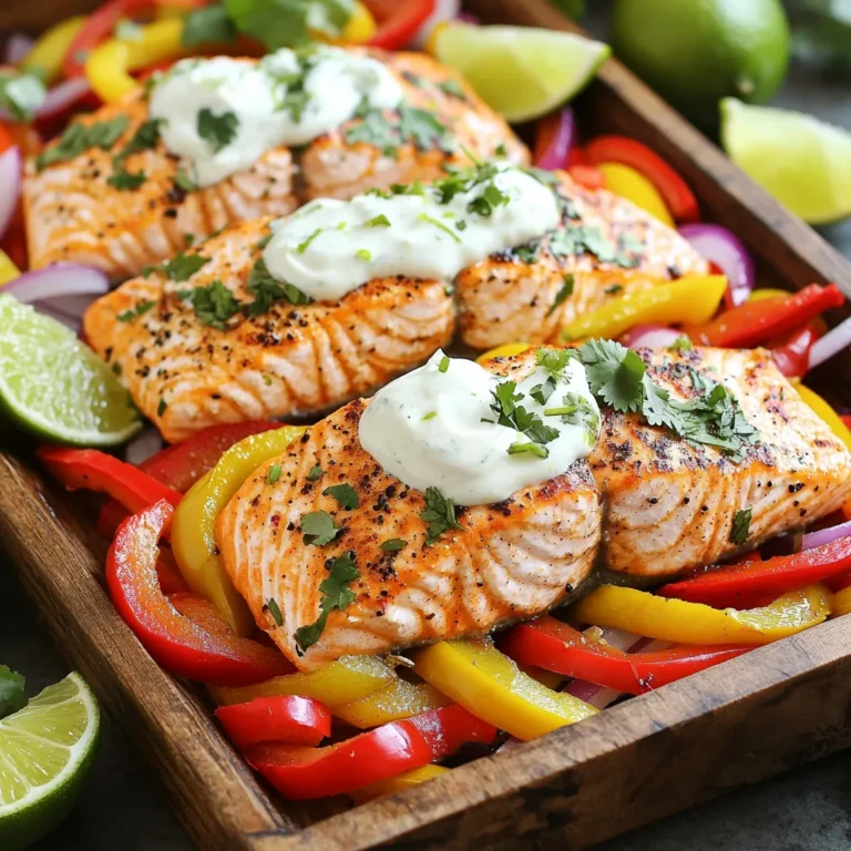 When making Sheet-Pan Fajita Salmon with Lime Crema, you need fresh ingredients. Here’s what you will need: - 4 salmon fillets - 1 red bell pepper, sliced - 1 yellow bell pepper, sliced - 1 red onion, sliced - 2 tablespoons olive oil - 2 teaspoons chili powder - 1 teaspoon cumin - 1 teaspoon garlic powder - Salt and pepper to taste - 1 lime, juiced (1 tablespoon reserved for crema) - ½ cup sour cream - 2 tablespoons mayonnaise - Fresh cilantro, chopped (for garnish) These ingredients create a tasty dish full of flavor. The salmon gives protein, while the bell peppers and onions add color and crunch. The spices make everything pop! Lime juice adds brightness, and the crema brings creaminess to each bite. This mix makes a great meal that is easy to make and fun to eat. You can feel good knowing you are using fresh, simple items to create a gourmet dish at home. 1. First, preheat your oven to 400°F (200°C). This step is key for even cooking. 2. Next, take a large baking sheet and line it with parchment paper. This helps with easy cleanup later. 1. In a large mixing bowl, combine the sliced red and yellow bell peppers with the sliced red onion. 2. Drizzle the olive oil over the veggies. Add the chili powder, cumin, garlic powder, salt, and pepper. Toss well to coat every piece evenly. 3. Spread the seasoned vegetables in an even layer on the prepared baking sheet. 4. Now, place the salmon fillets on top of the veggies. Squeeze fresh lime juice over the salmon. Add a pinch of salt and pepper on top. 1. Bake everything in the preheated oven for 15-20 minutes. 2. Check for doneness by seeing if the salmon flakes easily with a fork. The veggies should be tender too. 3. While it bakes, you can prepare the lime crema. Mix sour cream, mayonnaise, and reserved lime juice in a small bowl. Season with salt and pepper to taste. 4. Once done, take the sheet pan out of the oven and let it cool for a few minutes. This method ensures a flavorful meal with minimal fuss. Enjoy your cooking! - Ideal cooking time: Bake the salmon for 15 to 20 minutes. This time ensures the salmon cooks through but remains moist. - How to check for doneness: Use a fork to flake the salmon gently. If it flakes easily, it's done. The flesh should be opaque and not translucent. - Additional seasoning options: Try adding smoked paprika or cayenne for a smoky kick. Fresh lime zest can brighten the dish further. - Tips for high-quality lime crema: Use full-fat sour cream for creaminess. Mix in fresh lime juice and zest for a burst of flavor. Taste as you go to find your perfect balance. - Best side dishes to complement the meal: Serve with warm tortillas or a simple green salad. Rice or quinoa can also be a nice addition. - Plating the dish nicely: Arrange the salmon and veggies on a large platter. Drizzle the lime crema over the top and garnish with fresh cilantro. Add lime wedges on the side for color and taste. {{image_2}} You can swap salmon for chicken or tofu. Both options work well here. For chicken, use boneless thighs or breasts. Season them the same way as the salmon. Bake until cooked through, about 25-30 minutes. Tofu is a great choice for a plant-based meal. Use firm tofu, press out the water, and cut it into cubes. Toss the tofu with the same seasonings and bake as directed. If you prefer seafood, shrimp or white fish are excellent choices. Shrimp cooks quickly, so add it in the last 5 minutes of baking. For white fish, like cod, follow the same steps as salmon. Just ensure it’s flaky and tender when done. Get creative with spices to change the taste. Add smoked paprika for a smoky flavor or cayenne pepper for heat. You can also try adding dried herbs like oregano or thyme. Fresh herbs like basil or dill can give it a fresh twist. Mix in different veggies for added color and nutrients. Zucchini, corn, or cherry tomatoes work well. Just cut them into similar sizes to ensure they cook evenly. Feel free to toss in some fresh cilantro or parsley right before serving to add freshness. Change the lime crema by using yogurt or avocado. Greek yogurt gives a tangy twist, while avocado adds creaminess. Simply blend your choice with lime juice and season to taste. Adjust the zestiness by adding more or less lime juice. You can also mix in some hot sauce or diced jalapeños for extra flavor. The crema should complement your dish, so make it to your liking! To keep your sheet-pan fajita salmon fresh, store it in the fridge. Use an airtight container to prevent moisture loss. This dish lasts about three days when stored properly. If you don't think you'll eat it in that time, consider freezing it. Salmon can last up to three months in the freezer, but for best taste, aim to eat it sooner. When you reheat your salmon, you want to keep it tender. The best way to do this is in the oven. Preheat your oven to 350°F (175°C) and place the salmon on a baking sheet for about 10 minutes. This helps keep the texture nice. If you're short on time, you can use the microwave. Heat it in short bursts of 30 seconds, checking often to avoid overcooking. Remember, the goal is to warm it, not cook it again. The best way to cook salmon on a sheet pan is to preheat your oven to 400°F (200°C). This high heat helps cook the salmon evenly and gives it a nice texture. Use parchment paper to line your baking sheet. This makes cleanup easy. Place your seasoned salmon on top of veggies for extra flavor. Bake for 15 to 20 minutes. Check that the salmon flakes easily with a fork. This means it is done. Yes, you can use frozen salmon for this recipe. If you use frozen salmon, make sure to thaw it first. Thaw it in the fridge overnight or under cold water. Once thawed, pat it dry with a paper towel. This helps the seasoning stick better. You might need to increase the baking time by a few minutes. Always check for doneness to ensure it's cooked through. To make this recipe spicier, add more chili powder to the veggies. You can also include sliced jalapeños or fresh hot peppers. For a different heat, try adding cayenne pepper or a dash of hot sauce to the lime crema. This will give your dish a nice kick. Be careful not to overdo it, so it remains tasty. This blog post covers how to create a tasty sheet pan salmon dish. You learned about the main ingredients, like salmon, bell peppers, and seasonings. We went through step-by-step instructions to prepare, marinate, and bake the dish. Tips helped you perfect cooking, enhance flavors, and choose side dishes. Variations let you explore different proteins and flavor profiles. Finally, we discussed storing leftovers and reheating methods. Now, it's time to try this easy recipe and enjoy your delicious meal!