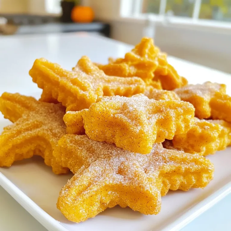 To make pumpkin spice churros in the air fryer, you'll need these simple ingredients: - 1 cup all-purpose flour - 1 tablespoon pumpkin puree - 1 teaspoon pumpkin pie spice - 1 tablespoon sugar - 1/2 teaspoon baking powder - 1/2 teaspoon salt - 1 cup water - 2 tablespoons unsalted butter, cubed - 1/2 cup sugar (for coating) - 1 tablespoon cinnamon - Cooking spray Each ingredient plays a role in creating the perfect churro. The all-purpose flour gives the churros their structure. The pumpkin puree adds moisture and a nice flavor. Pumpkin pie spice brings warmth and that classic fall taste. Sugar sweetens the dough and the coating. Baking powder helps the churros puff up. Salt balances the sweetness. Water and butter combine to form the dough. The sugar and cinnamon mixture coats the churros for that delicious finish. Finally, cooking spray ensures they crisp up nicely in the air fryer. These ingredients come together to make a quick and tasty treat, perfect for sharing or enjoying on your own. You can easily find them at your local store. Enjoy the process of making these delightful churros! First, grab a medium saucepan. Combine 1 cup of water, 1 tablespoon of sugar, and 2 tablespoons of cubed unsalted butter. Heat this mixture over medium heat. Stir it until the butter melts and the sugar dissolves. Once it boils, remove it from heat. Now, add 1 cup of all-purpose flour, 1 tablespoon of pumpkin puree, 1 teaspoon of pumpkin pie spice, 1/2 teaspoon of baking powder, and 1/2 teaspoon of salt to the pan. Mix this well until a smooth dough forms. Let the dough cool for a few minutes. Next, preheat your air fryer to 375°F (190°C). While it heats, take the cooled dough and transfer it to a piping bag. Use a star tip to pipe 4-inch long churros onto a parchment-lined tray. Lightly spray each churro with cooking spray. Place them in the air fryer basket without touching each other. Cook for 8-10 minutes until they turn golden brown. Flip the churros halfway through for even cooking. In a bowl, mix 1/2 cup of sugar with 1 tablespoon of cinnamon. Once your churros are cooked, take them out of the air fryer. Toss them in the cinnamon-sugar mixture until they are well coated. Enjoy your pumpkin spice churros right away for the best taste! To make great churros, focus on the dough. You want a thick and smooth mix. If it’s too thin, add a little flour. If it’s too thick, add a bit of water. This balance gives you a nice shape when piping. For even cooking in the air fryer, do not overcrowd the basket. Leave space between churros. This allows hot air to flow around them. Flip them halfway to get all sides golden brown. Adjust the cooking time if you want crispier churros. Start with 8 minutes, then check. If they need more time, add 1-2 minutes. Keep an eye on them to avoid burning. Using the right tools helps a lot. A good piping bag is key. I recommend a sturdy bag with a star tip. This gives churros their classic shape. When choosing an air fryer, look for one with good reviews. Models with adjustable temperature settings work best. They give you better control over cooking. {{image_2}} You can make your pumpkin spice churros even more fun! Try adding a chocolate or caramel drizzle. Just melt your favorite chocolate or caramel sauce. Once your churros cool, drizzle the sauce over them. This adds a sweet touch that makes them extra special. Want a bit of heat? Create a spicy version by adding cayenne pepper. Mix a small amount of cayenne into the dough. Start with 1/8 teaspoon and adjust as needed. This gives your churros a warm kick, perfect for spice lovers. If you need gluten-free churros, swap the all-purpose flour for a gluten-free blend. Many brands offer this option. Make sure the blend has a good structure to hold the churros together. For vegan adaptations, replace the unsalted butter with coconut oil or a vegan butter. Use a plant-based milk instead of water if you like. These small changes help keep the flavor while making it vegan-friendly. Enjoy this tasty treat without worry! To keep your churros fresh, place them in an airtight container. This helps prevent them from getting soggy. Store them in the fridge if you plan to eat them within a few days. They stay good for about 2 to 3 days this way. If you want to keep them longer, freezing is a great option. First, allow the churros to cool completely. Then, wrap each churro tightly in plastic wrap. Place them in a freezer-safe bag. They will last up to 3 months in the freezer. To bring back the crispy texture, use your air fryer. Preheat the air fryer to 350°F (175°C). Place the churros in the basket without stacking them. Heat for about 3 to 5 minutes. Check them often to avoid burning. This method restores their crunch while keeping the flavor intact. Enjoy your delicious pumpkin spice churros just like fresh! Churros stay fresh for 1 to 2 days at room temperature. Store them in a sealed bag. Avoid the fridge, as it makes them soggy. For longer storage, freeze them. They last up to 3 months in the freezer. Yes, you can prepare the dough ahead of time. Store it in the fridge for up to 24 hours. When ready to cook, let it sit at room temperature for a few minutes. This helps the dough relax and pipe easier. You can also pipe the churros and freeze them. Just remember to cook them straight from frozen. The best temperature for churros in the air fryer is 375°F (190°C). This heat cooks them evenly and gives a nice golden color. - How to know when churros are done cooking? Churros are done when they turn golden brown and crispy. Check them around 8 minutes. If they need more time, keep an eye on them. They can cook quickly. - Can I bake these churros instead of air frying? You can bake churros, but the texture will be different. Preheat your oven to 400°F (200°C). Bake for about 15-20 minutes, flipping halfway. They won’t be as crispy but still taste great. In this post, I shared how to make delicious air fryer churros using simple ingredients. You learned about preparing the dough, air frying, and coating the churros in sugar and cinnamon. I also offered tips for perfecting your churros and fun flavor variations. Now, you can enjoy this tasty treat at home. With just a few steps, you'll impress family and friends. Try different flavors and dietary options to make them yours. Enjoy churros fresh or store them for later, knowing you have all the right tips!