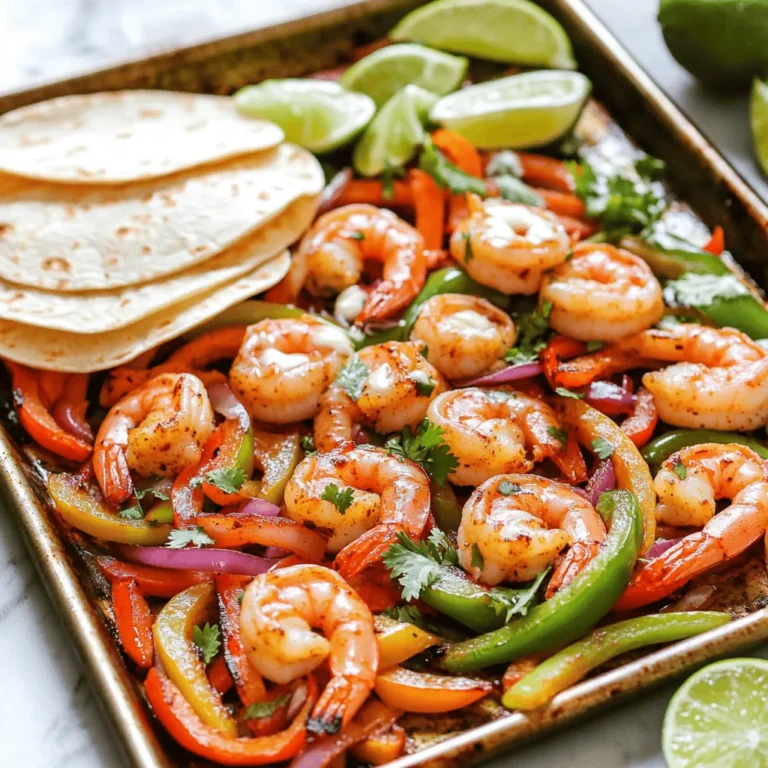 To make garlic butter shrimp fajitas, you need: - 1 lb large shrimp, peeled and deveined - 2 bell peppers (red and green), sliced - 1 medium red onion, sliced - 4 cloves garlic, minced - 1/4 cup unsalted butter, melted - 2 tablespoons olive oil - 1 teaspoon paprika - 1 teaspoon cumin - 1/2 teaspoon chili powder - Salt and pepper to taste - Fresh cilantro, chopped (for garnish) - Lime wedges (for serving) - Flour tortillas (for serving) If you need to convert measurements for this recipe, here are some quick guides: - 1/4 cup = 4 tablespoons - 2 tablespoons = 6 teaspoons - 1 teaspoon = 5 milliliters - 1 pound = 16 ounces You can add some fun twists to your fajitas with these options: - Avocado slices for creaminess - Jalapeños for a spicy kick - Corn for sweetness - Black beans for extra protein - Sour cream for a tangy finish These ingredients can change the flavor, so pick what you like! 1. Preheat the oven. Set it to 400°F (200°C). Line a large sheet pan with parchment paper for easy cleanup. 2. Mix the sauce. In a large bowl, combine the melted butter, olive oil, minced garlic, paprika, cumin, chili powder, salt, and pepper. Stir well. 3. Add the shrimp and veggies. Toss in the shrimp, sliced bell peppers, and red onion. Make sure everything is coated in the garlic butter mix. 4. Spread the mix. Pour the shrimp and vegetable mixture onto the prepared sheet pan. Lay it out in a single layer. 5. Bake. Place the pan in the oven. Cook for 15-20 minutes. Look for shrimp to turn pink and opaque, while veggies become tender. 6. Cool down. Once done, take the pan out of the oven. Let it cool for a few minutes. 7. Serve in tortillas. Take warm flour tortillas and fill them with the garlic butter shrimp mix. 8. Garnish. Top with fresh cilantro and serve with lime wedges on the side. Enjoy your delicious meal! To cook shrimp just right, start with fresh or thawed shrimp. Pat them dry with a paper towel. This helps them sear and not steam. Cook shrimp for about 15-20 minutes in the oven. Watch for their color change. They should turn pink and opaque. Overcooked shrimp can become rubbery. Take them out as soon as they are done. You can boost the flavor of your shrimp fajitas. Try adding lime juice for a zesty kick. Fresh herbs like cilantro or parsley also brighten the dish. For heat, add sliced jalapeños or a dash of hot sauce. Mixing in some cumin or smoked paprika enhances the depth. Experiment with your favorite spices for a unique twist. One common mistake is overcrowding the pan. If the shrimp and veggies are too close, they steam instead of roast. This makes them soggy and less flavorful. Another mistake is not using enough seasoning. Shrimp need salt and spices to shine. Finally, don’t skip the rest time after cooking. Letting them cool a bit helps the flavors settle. {{image_2}} You can easily swap shrimp for other proteins. Chicken works great in this recipe. Just cut chicken breasts into thin strips. You can also try firm tofu for a plant-based option. Both will soak up the garlic butter flavor nicely. For a veggie delight, use more vegetables. Try adding zucchini, mushrooms, or asparagus. These veggies add color and crunch. Toss them in the same garlic butter mix. This way, you create a tasty dish for all plant lovers. If you like heat, add jalapeños or crushed red pepper. This spice adds a nice kick. You can also include chipotle powder for a smoky flavor. Pair this with some spicy salsa for an extra burst. This twist makes the dish lively and exciting. You can store your garlic butter shrimp fajitas in an airtight container. Let them cool first. Place the container in the fridge. They should stay fresh for 2-3 days. If they sit longer, the shrimp may lose their texture. To reheat, you can use the oven or microwave. If using the oven, set it to 350°F (175°C). Place the fajitas on a baking sheet and warm for about 10 minutes. If using the microwave, heat in 30-second bursts until warm. This keeps the shrimp tender. If you want to freeze, pack the fajitas in a freezer-safe bag. Remove as much air as you can. They can freeze for up to 2 months. When ready to eat, thaw in the fridge overnight. Reheat in the oven or microwave like before. Yes, you can use frozen shrimp. Just thaw them first. Place shrimp in cold water for about 10 minutes. This helps them cook evenly. Frozen shrimp work well, but fresh shrimp taste better. Fajitas pair great with many sides. You can serve them with: - Rice - Beans - Guacamole - Salsa - Sour cream - Chips These sides add flavor and texture. They also make your meal feel complete. To add spice, use more chili powder or fresh jalapeños. You can also add hot sauce. If you like heat, try using chipotle powder. This makes your fajitas bold and exciting. Yes, you can cook this recipe on a grill. Just use a grill basket to hold the shrimp and veggies. It adds a nice smoky flavor. Grill them for about 5-7 minutes until the shrimp is pink and the veggies are tender. This blog post covered ingredients, steps, and tips for cooking a fantastic dish. We explored important measurements, optional ingredients, and fantastic serving ideas. I shared how to cook shrimp perfectly and avoid common mistakes. You can also switch proteins or add veggies for unique flavors. Remember to store leftovers correctly and reheat them well. Cooking can be simple and fun with these tips. Enjoy your culinary adventure!