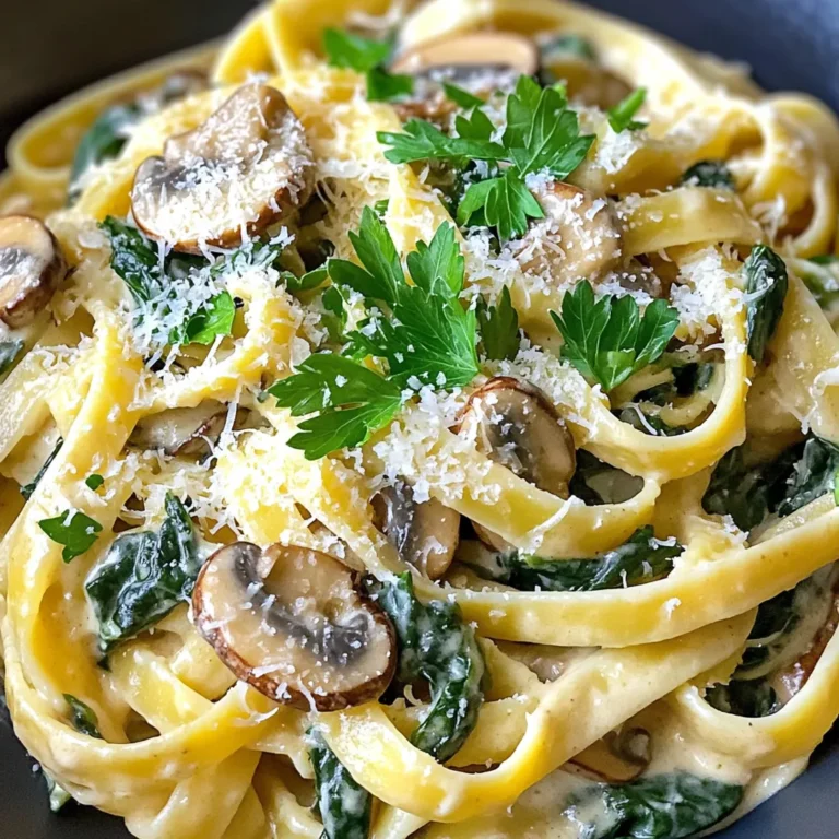To make this creamy mushroom spinach pasta, gather these simple ingredients: - 8 oz (225g) fettuccine or spaghetti - 2 tablespoons olive oil - 1 medium onion, finely chopped - 3 cloves garlic, minced - 12 oz (340g) mushrooms, sliced (cremini and button work best) - 5 oz (140g) fresh spinach - 1 cup (240ml) heavy cream - ½ cup (50g) grated Parmesan cheese - Salt and pepper to taste - ½ teaspoon nutmeg - Fresh parsley, chopped for garnish You can swap some ingredients for what you have at home. Use whole wheat pasta for a healthier option. If you want a dairy-free dish, try coconut cream instead of heavy cream. For the cheese, nutritional yeast gives a cheesy flavor without dairy. If you can’t find fresh spinach, frozen spinach works too. Just be sure to thaw and drain it well before adding it to the sauce. Garnishes add a nice touch to your dish. Consider using: - Extra grated Parmesan cheese - A sprinkle of red pepper flakes for heat - Toasted pine nuts for crunch - Lemon zest for a bright flavor - Fresh basil or chives for a fresh taste These options can enhance the meal and make it look beautiful on the table. First, fill a large pot with water. Add salt and bring it to a boil. Once boiling, add 8 oz of fettuccine or spaghetti. Cook it until al dente, as per package instructions. Drain the pasta in a colander but keep about ½ cup of the pasta water. Set the pasta aside for later. In a large skillet, pour 2 tablespoons of olive oil. Heat it over medium heat. Add 1 medium onion, finely chopped, and cook until it becomes clear, about 3-4 minutes. Next, stir in 3 cloves of minced garlic. Sauté for another minute until it smells great. Now, it’s time to add some flavor. Turn up the heat to medium-high. Toss in 12 oz of sliced mushrooms, mixing well. Season with a pinch of salt and pepper. Cook for 5-7 minutes. You want the mushrooms to turn golden brown and lose some moisture. Then, add 5 oz of fresh spinach. Cook until it wilts, which takes about 2-3 minutes. Reduce the heat to medium-low. Pour in 1 cup of heavy cream and mix well. Add ½ cup of grated Parmesan cheese, ½ teaspoon of nutmeg, and some salt and pepper to taste. Stir until the cheese melts and the sauce becomes creamy. Now, add the cooked pasta to the skillet. Toss it with the creamy mushroom-spinach sauce. If the sauce seems too thick, add some of the reserved pasta water, a little at a time, until it reaches your desired consistency. Once everything is mixed well, taste the dish and adjust the seasoning. Serve it hot. For a lovely touch, garnish with chopped parsley and a sprinkle of extra Parmesan cheese. Enjoy your delightful meal! To make great pasta, use a large pot with plenty of water. Add a good amount of salt; this adds flavor. Bring the water to a rolling boil before adding the fettuccine or spaghetti. Stir the pasta once you add it to prevent sticking. Cook it until it is al dente, or firm to the bite. Reserve some pasta water, about half a cup, before draining. This water helps thicken your sauce later. For a creamy sauce, use heavy cream as the base. It gives the sauce a rich texture. After cooking the mushrooms and spinach, lower the heat before adding the cream. This prevents the cream from curdling. Stir in grated Parmesan cheese slowly, letting it melt fully into the sauce. If the sauce becomes too thick, add the reserved pasta water a little at a time. This will help you reach the perfect creamy consistency. To boost flavor, don’t skip the onion and garlic. Sauté them together until soft and fragrant. Use a mix of mushrooms, like cremini and button, for depth. A pinch of nutmeg adds warmth and richness. Season with salt and pepper to taste. Always taste the sauce before serving to adjust the seasoning. Fresh parsley on top not only looks nice but adds a fresh taste. {{image_2}} You can easily add protein to this dish. Grilled chicken or shrimp works well. Cook the chicken in the skillet before adding the mushrooms. For shrimp, add them after the garlic. They cook quickly and add a nice flavor. You can also add cooked sausage for a heartier meal. If you want a vegetarian twist, try adding chickpeas or lentils. Both add protein and texture. You can also use tofu for a different protein option. Just sauté it with the onions. Another great option is to add roasted red peppers for a sweet touch. For a gluten-free meal, swap the pasta for gluten-free options. Look for rice or quinoa pasta. These work well with the creamy sauce. Make sure to check the labels for gluten-free certification. You can also try zucchini noodles for a lighter dish. They add a fresh taste and are fun to eat! To keep your creamy mushroom spinach pasta fresh, let it cool down. Place it in an airtight container. Store it in the fridge. Enjoy it within three days for the best taste. Label the container with the date to track freshness. When you're ready to eat, reheat the pasta on the stove. Use low heat to warm it gently. Add a little water or cream to keep it creamy. Stir often to avoid sticking. You can also use the microwave. Heat it in short bursts, stirring in between. This helps it heat evenly. If you want to save some for later, freezing works well. First, let the pasta cool completely. Portion it into freezer-safe bags. Remove as much air as possible before sealing. It can last up to three months in the freezer. To use, thaw it overnight in the fridge, then reheat. You can use half-and-half or coconut milk for a lighter option. If you want a vegan choice, try cashew cream or a blend of silken tofu and almond milk. These alternatives can give you a rich texture without heavy cream. Yes, you can prepare the sauce and cook the pasta ahead of time. Store them separately in the fridge. When you’re ready to eat, just heat them up and combine. This makes meal prep easy and quick. To make this dish vegan, use plant-based cream instead of heavy cream. You can also substitute the Parmesan cheese with nutritional yeast or a vegan cheese. This keeps the flavors while making it plant-based. A mix of cremini and button mushrooms works great. Cremini mushrooms add depth of flavor, while button mushrooms keep it light. You can also try shiitake or portobello for a richer taste, depending on your preference. This pasta dish stays good for about 3 to 5 days in the fridge. Make sure to store it in an airtight container. If you notice any changes in smell or color, it’s best to toss it out. This blog post walks you through making a delicious creamy mushroom spinach pasta. We covered key ingredients, substitutions, and optional garnishes. I shared step-by-step cooking instructions, tips for perfect pasta, and how to achieve a creamy sauce. You can adapt the dish with protein, vegetarian, or gluten-free options. Finally, I explained how to store leftovers and answered common questions. Enjoy making this dish and experiment with flavors. Every bite will be worth it!