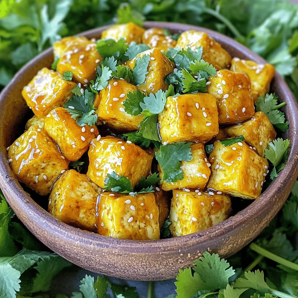 - 14 oz firm tofu - 1 tablespoon olive oil - 3 tablespoons honey - 2 tablespoons soy sauce - 1 tablespoon rice vinegar - 3 cloves garlic (minced) - 2 tablespoons cornstarch - 1 teaspoon sesame oil - 1/4 teaspoon red pepper flakes (optional) - Fresh cilantro (for garnish) - Sesame seeds (for garnish) To make the best crispy honey garlic tofu bites, you need firm tofu. This type holds its shape well when you cook it. Press the tofu to remove extra moisture. This step makes it crispy when you fry it. You will also need olive oil to help the tofu brown nicely. Honey gives these bites a sweet flavor. Soy sauce adds a salty touch, and rice vinegar brings some tang. For seasoning, minced garlic is a must. It gives a strong flavor. Cornstarch helps make the tofu crispy. Sesame oil adds a nutty taste, and red pepper flakes can give a little kick if you like spice. Lastly, fresh cilantro and sesame seeds are great for garnish. They make the dish look pretty and add flavor. To start, you need to press the tofu. This step is key. Pressing removes extra moisture, helping the tofu get crispy. Place the tofu on a plate. Put another plate on top and add a weight, like a can. Let it press for 20 to 30 minutes. After pressing, cut the tofu into bite-sized cubes. Aim for pieces about 1-inch each. This size helps them cook evenly and fit into your mouth easily. In a large bowl, toss the cubed tofu with 1 tablespoon of olive oil. Make sure every piece gets coated well. Next, sprinkle 2 tablespoons of cornstarch over the tofu. Toss gently again to coat. This will give your tofu a great crunch. Now, preheat your air fryer to 375°F (190°C). When it’s ready, place the coated tofu in the air fryer basket. Lay them in a single layer, with space between each piece. You may need to cook in batches if you have a small fryer. Cook the tofu for 15 to 20 minutes. Shake the basket halfway through to ensure even cooking. You want them golden and crispy on the outside. While the tofu cooks, it’s time to make the honey garlic sauce. In a small saucepan, combine 3 tablespoons of honey, 3 minced garlic cloves, 2 tablespoons of soy sauce, 1 tablespoon of rice vinegar, and 1 teaspoon of sesame oil. If you like a bit of heat, add 1/4 teaspoon of red pepper flakes. Heat the mixture over medium heat. Stir it well and bring it to a gentle simmer. Let it simmer for 3 to 5 minutes until it thickens slightly. This sauce adds a sweet and savory flavor to your crispy tofu bites. After the tofu finishes cooking, transfer it to a large bowl. Pour the honey garlic sauce over the tofu. Toss gently to coat all pieces evenly. Serve it hot, garnished with fresh cilantro and sesame seeds for extra flair. To make your tofu bites crispy, start by pressing the tofu. This step is crucial. Press the tofu for about 20-30 minutes. Use a clean kitchen towel to wrap the tofu. Place a heavy object on top to remove excess moisture. This makes the tofu firmer and helps it soak up flavor. Next, cooking temperature matters. Preheat your air fryer to 375°F (190°C). This temperature helps to get that golden brown color. Place the tofu in a single layer in the air fryer basket. Ensure they don’t touch. This allows the hot air to circulate and crisp them up. Remember to shake the basket halfway through cooking. This helps all sides cook evenly. You can adjust the sweetness to your liking. If you want a sweeter sauce, add more honey. For a spicier kick, increase the red pepper flakes. Mix in a pinch more if you enjoy heat. Consider adding new flavors too. You could stir in some ginger for a fresh twist. Adding lime juice can brighten the dish. If you want a smoky taste, try using smoked soy sauce. Each of these options can take the dish to a new level. Enjoy experimenting! {{image_2}} If you want to switch things up, use tempeh instead of tofu. Tempeh has a nutty taste and a firmer texture. It cooks well in the air fryer too. You can also try chicken alternatives, like seitan or plant-based chicken. These options keep the dish tasty and fun. For a sweet and spicy kick, add chili paste to the sauce. This change gives a nice heat that pairs well with the honey. You can also mix in different spices or herbs. Try ginger for a fresh twist or cumin for warmth. Experiment to find what you love best! To keep your crispy honey garlic tofu bites fresh, store them in an airtight container. Place a paper towel inside to absorb moisture. This helps maintain their crispiness. You can keep them in the fridge for up to three days. After that, they may lose their great taste and texture. To reheat your tofu bites, the air fryer is the best method. Set it to 375°F (190°C) and heat for about 5 minutes. This will help them regain their crunch. If you don’t have an air fryer, use an oven instead. Place them on a baking sheet and heat at 375°F (190°C) for 10 minutes. Here are some tips to keep them crispy: - Do not cover the tofu while reheating. - Avoid using a microwave, as it can make them soggy. Yes, you can make this recipe vegan. To replace honey, use maple syrup or agave nectar. These options provide a similar sweetness. They also blend well with the other flavors in the sauce. Press the tofu for about 20-30 minutes. This step is key as it removes excess moisture. By doing this, the tofu will absorb more flavor and become crispier when cooked. Use a tofu press or wrap the tofu in a clean towel. Place a heavy object on top to help press it down. You can serve these tofu bites with many sides. Try pairing them with steamed rice or quinoa for a full meal. Fresh veggies or a crisp salad also work well. For sauces, consider soy sauce or a spicy chili sauce to add extra flavor. This blog post has covered how to make crispy honey garlic tofu bites. You learned about the key ingredients, cooking steps, and how to achieve the right texture. I shared tips for flavor enhancements and storage, too. You can even try variations with different proteins. Remember, pressing tofu properly creates the best results. Enjoy experimenting with flavors and serving suggestions. Making these tofu bites can be fun and rewarding. Dive in and taste the goodness of your hard work!