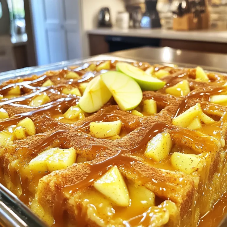 - Day-old bread types: Brioche and challah work best because they absorb liquid well. Their rich texture adds flavor and depth. Fresh bread can turn mushy and not hold its shape. - Dairy components: Whole milk offers creaminess, while heavy cream adds richness. Together, they create a smooth custard that soaks into the bread. - Eggs and sugar: Eggs help bind the pudding and give it a fluffy texture. Sugar adds sweetness, balancing flavors. The mix creates a lovely custard base. - Spices: Cinnamon and nutmeg are key. They warm the dish and enhance the apple flavor. A pinch brings out the sweetness without overpowering it. - Apples: Choose Granny Smith for tartness or Honeycrisp for sweetness. Both hold up well in baking, keeping their shape and offering contrasting flavors. - Optional ingredients: Chopped pecans add crunch and a nutty flavor. They also give texture to the soft bread pudding, making each bite interesting. - Store-bought vs. homemade: Store-bought caramel is quick and easy. Homemade adds a fresh taste but takes longer. Choose what fits your time and skills. - Tips for using caramel sauce: Drizzle half the caramel over the bread pudding before baking. This allows the flavors to meld. Reserve some for serving to elevate the dish. First, preheat your oven to 350°F (175°C). This step is key for even baking. While the oven heats, grease a 9x13 inch baking dish with butter or non-stick spray. This helps prevent sticking. Next, let’s mix the custard base. In a large bowl, whisk together 3 cups of whole milk, 1 cup of heavy cream, 1 cup of granulated sugar, 4 large eggs, and 2 teaspoons of vanilla extract. Add 1 teaspoon of cinnamon, 1/2 teaspoon of nutmeg, and a pinch of salt to the mixture. Whisk until smooth and blended. Now, add the 6 cups of cubed bread. Gently fold the bread into the liquid until it absorbs the custard. Let this sit for about 10-15 minutes. This soaking time is important for the bread to soak up all that yummy flavor. After soaking, fold in 3 medium apples, peeled, cored, and diced. You can use Granny Smith or Honeycrisp apples for the best taste. If you want some crunch, add 1/2 cup of chopped pecans. Mix well to ensure even distribution. Now, pour the bread mixture into your greased baking dish. Spread it evenly for consistent baking. Drizzle half of the caramel sauce over the top. This will caramelize while baking, adding a rich flavor. Bake in your preheated oven for about 45-55 minutes. You’ll know it’s done when the center is set and the top is golden brown. Keep an eye on it to avoid overbaking. Once done, remove the dish from the oven. Let it cool for about 10 minutes. While it cools, prepare the vanilla sauce. In a small saucepan, combine 1 cup of heavy cream, 1/2 cup of granulated sugar, and 1 teaspoon of vanilla extract. Heat over medium, stirring until the sugar dissolves. It should thicken slightly in about 5-7 minutes. To serve, cut the bread pudding into squares. Drizzle the remaining caramel sauce and vanilla sauce over each piece. Enjoy this warm, comforting treat! To make the best caramel apple bread pudding, start with bread that is a few days old. Let it sit out to dry. This helps soak in the custard mix. I like using brioche or challah for their rich flavor. Make sure to let the bread sit in the custard for 10-15 minutes. This time allows the bread to absorb the mix fully. If you skip this step, your pudding may turn out dry. When baking, ensure even heat. Use an oven thermometer to check your temperature. A well-preheated oven helps achieve that golden brown top. The center should feel firm but not hard. For a smooth and creamy vanilla sauce, use heavy cream. Heat it gently with sugar and vanilla. Stir often until it thickens slightly. This process takes about 5-7 minutes. If you find the sauce too sweet, add a pinch of salt. This balance enhances the flavor. You can also add more vanilla if you like a stronger taste. Taste as you go until it suits your preference. Garnishing your dish adds a lovely touch. A sprinkle of cinnamon over the top brightens it up. You can also add a few apple slices for color. Serve your pudding warm with a scoop of vanilla ice cream. The cold ice cream melts slightly, creating a delightful contrast. It's a treat everyone will love! {{image_2}} You can add fun flavors to your caramel apple bread pudding. Try different spices like ginger or cardamom. These spices can change the taste and make it more exciting. You can also use other fruits. Pears work great, and berries add a nice touch. Think about using ripe peaches for a summer twist. You can make this dish for everyone. For a gluten-free option, use gluten-free bread. Many brands offer great-tasting choices. If you want a vegan version, swap eggs with flaxseed meal or applesauce. Use almond milk instead of whole milk. Coconut cream can replace heavy cream for richness. Need fewer servings? Cut the recipe in half. This works well for smaller gatherings. If you want more, double the recipe for parties. You can also adjust portion sizes. Serve smaller pieces for a lighter dessert. This way, everyone gets to enjoy a taste without feeling too full. To keep your caramel apple bread pudding fresh, refrigerate it. Place it in an airtight container. This method helps prevent the pudding from drying out. You can store it for up to four days. Check for any off smells before serving. If it smells good, it should be safe to eat. You can freeze bread pudding for longer storage. First, cut it into squares. Wrap each piece tightly in plastic wrap. Then, place them in a freezer bag. This keeps the pudding fresh for up to three months. To reheat, thaw it overnight in the fridge. Warm it in the oven at 350°F (175°C) for about 15-20 minutes. This method helps maintain its texture and flavor. When serving leftovers, drizzle with fresh caramel and vanilla sauce. This adds moisture and flavor. You can also serve it warm with a scoop of vanilla ice cream. This combo makes each bite a treat. If you find it dry, a little cream can help revive it. Enjoy your delicious dessert! Can I use fresh bread instead of day-old? Yes, you can use fresh bread. However, day-old bread works best. It soaks up the custard better. Fresh bread may become too soggy. How can I make this recipe ahead of time? You can prepare the bread pudding the night before. Just mix all the ingredients and place them in the baking dish. Cover it and store it in the fridge. Bake it the next day when you’re ready. What’s the best way to reheat bread pudding? To reheat bread pudding, preheat your oven to 350°F (175°C). Place the bread pudding in a baking dish. Cover it with foil and heat for about 15-20 minutes. This keeps it moist and warm. Can I substitute almond milk for whole milk? Yes, almond milk works as a dairy-free option. Choose unsweetened almond milk for the best flavor. The texture might be slightly different, but it will still be tasty. How to choose spices for a different flavor profile You can try different spices like ginger or allspice. These spices add warmth and depth. Mix and match to find your favorite flavor. What to do if your bread pudding is too dry or wet? If it’s too dry, add more liquid next time. You can use milk or cream to help. If it’s too wet, reduce the soaking time for the bread. This prevents it from getting soggy. Fixing an overbaked bread pudding texture If your bread pudding is overbaked, it may become tough. You can add a drizzle of sauce or cream before serving. This adds moisture and helps soften it. This blog post covered everything you need for great bread pudding. We explored key ingredients like day-old bread, eggs, and sugar, and learned about spices and flavor options. I shared step-by-step instructions for preparing your base, baking, and serving it right. You also got tips for variations and storage. Bread pudding can adapt to your taste. Use the tips here to create your perfect dish. Experiment and enjoy your baking journey!