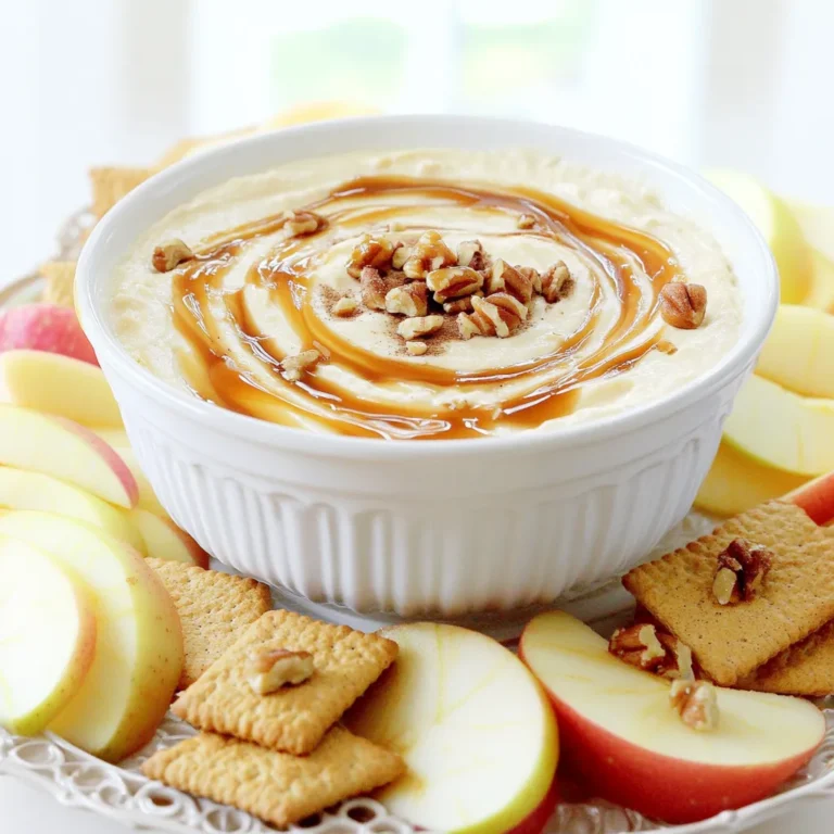 - 8 oz cream cheese, softened - 1/2 cup powdered sugar - 1 teaspoon vanilla extract - 1 cup sour cream - 1 cup apple pie filling The heart of this dip is the cream cheese. It gives the dip a smooth and creamy base. The powdered sugar adds sweetness without being too much. Vanilla extract brings depth of flavor. Sour cream makes the dip fluffy and tangy. Finally, apple pie filling adds chunks of sweet apples that are full of flavor. - 1/4 cup caramel sauce (plus extra for drizzling) - 1 teaspoon cinnamon - 1/2 cup chopped nuts (optional, such as walnuts or pecans) - Sliced apples and graham crackers for dipping Caramel sauce is a must for this dip. It gives a rich, sweet topping. A sprinkle of cinnamon adds warmth and spice. If you like crunch, chopped nuts make a great addition. For dipping, sliced apples and graham crackers are perfect. They balance the creaminess of the dip with their crispness. 1. First, grab a medium mixing bowl. Beat the softened cream cheese until it is creamy. 2. Next, slowly add the powdered sugar and vanilla extract. Keep mixing until everything is smooth. 3. Now, add the sour cream. Mix again until the dip is light and fluffy. 4. Carefully fold in the apple pie filling. Break some apple chunks for a nice texture. 1. Drizzle in the caramel sauce. Sprinkle the cinnamon on top and fold gently. 2. If you want, mix in the chopped nuts for a tasty crunch. 3. Transfer the dip to a serving bowl. Drizzle more caramel on top for decoration. 1. Serve right away with sliced apples and graham crackers. These make perfect dippers. 2. You can also sprinkle extra cinnamon or nuts on top for a fun twist. To get a smooth dip, start with room temperature cream cheese. Cold cream cheese can clump. Use an electric mixer to beat it until it’s creamy. This takes about two minutes. Next, add the powdered sugar slowly. Mixing slowly helps blend it well without lumps. When you fold in the apple pie filling, do it gently. You want to keep some apple chunks for texture. Avoid stirring too hard. This keeps the mix light and fluffy. You can change the flavor of the dip easily. Try adding a pinch of nutmeg or pumpkin spice for fall vibes. A splash of almond extract gives a nice twist. For a beautiful presentation, drizzle extra caramel on top. This adds appeal and extra sweetness. Use a nice bowl to serve it. Place sliced apples and graham crackers around the dip. This makes it fun and inviting for everyone to enjoy. {{image_2}} You can change the flavor of this dip easily. Try adding other fruits, like pears or peaches. Just chop them up and fold them into the mix. This gives your dip a fresh twist. You could also use flavored cream cheese. Think of options like cinnamon or vanilla. These flavors can make your dip even more exciting. If you want to make it vegan, swap the cream cheese for a plant-based version. Use dairy-free sour cream, too. For a gluten-free option, ensure that your graham crackers are gluten-free. You can also skip the nuts if you have allergies. The dip still tastes great without them! After making your caramel apple cheesecake dip, store any leftovers in an airtight container. This helps keep it fresh and tasty. Place it in the fridge right away. The dip will last about 3 to 5 days. Always check for signs of spoilage before serving it again. If you want to keep the dip longer, you can freeze it. Pour the dip into a freezer-safe container. Leave some space at the top, as it may expand when frozen. It can last up to 2 months in the freezer. To enjoy it later, thaw it in the fridge overnight. When ready to serve, stir it well to mix the texture. If it seems too thick, add a tiny bit of sour cream to smooth it out. This dip tastes best fresh, so try to finish it within a few days after thawing. Can I make this dip ahead of time? Yes, you can make this dip a day before. Just store it in the fridge. Cover it tightly to keep it fresh. When ready to serve, give it a good stir. What can I serve with Caramel Apple Cheesecake Dip? I love serving this dip with sliced apples and graham crackers. You can also try pretzels for a salty crunch. Some people even like cookies or vanilla wafers. How do I adjust the sweetness level? If you want it less sweet, use less powdered sugar. You can also add more sour cream for a tangy taste. Taste as you mix, and adjust to your liking. What to do if the dip is too runny? If your dip is too runny, try adding more cream cheese. Beat it until smooth, then mix it in. This will help thicken it up. How to fix a grainy texture? If your dip feels grainy, it might be from the sugar. Make sure to mix the cream cheese well first. If it still feels grainy, add a bit more sour cream and mix well. This dip blends cream cheese, sour cream, and apple pie filling for a rich taste. I showed you how to make it, serve it, and store it. You can even adapt it for your needs, like vegan or gluten-free. Remember to use tips for a great texture and flavor. Enjoy your dip with dippers like apples or crackers. I hope this recipe brings joy to your gatherings and adds sweetness to your day.