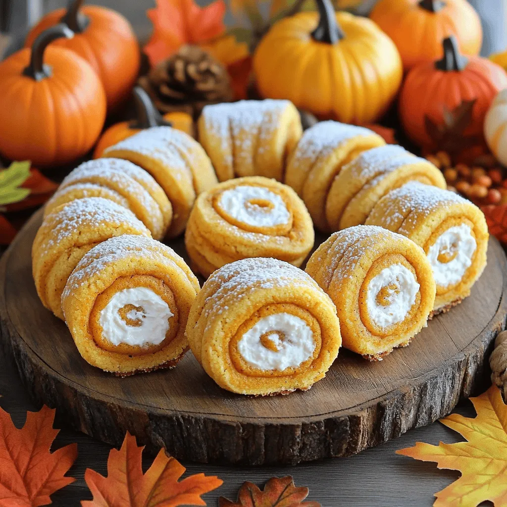To make these delicious pumpkin roll cookies, you need specific ingredients. Here's the list: - 1 cup pumpkin puree - 1/2 cup granulated sugar - 1/4 cup packed brown sugar - 1/2 cup unsalted butter, softened - 1 large egg - 1 teaspoon vanilla extract - 2 cups all-purpose flour - 1 1/2 teaspoons baking powder - 1 teaspoon baking soda - 1 teaspoon ground cinnamon - 1/2 teaspoon nutmeg - 1/4 teaspoon allspice - 1/4 teaspoon salt - 1/2 cup cream cheese, softened - 1/4 cup powdered sugar - 1/2 teaspoon vanilla extract (for filling) These ingredients create a soft, moist cookie with a creamy filling. To switch things up, you can add optional ingredients. Consider trying: - Chopped nuts for crunch - Chocolate chips for sweetness - Dried cranberries for a fruity twist These variations add new flavors and textures to your cookies. Having the right tools makes baking easier. Here are some recommended items: - Mixing bowls for combining ingredients - Electric mixer for creaming and beating - Baking sheet lined with parchment paper - Cookie scoop for even portions - Cooling rack for letting cookies cool With these tools, you can whip up the perfect pumpkin roll cookies with ease. First, preheat your oven to 350°F (175°C). This step is key for even baking. Next, grab a large bowl. Cream together 1/2 cup of softened butter, 1/2 cup of granulated sugar, and 1/4 cup of packed brown sugar. Mix until it feels light and fluffy. This takes about two minutes. Add in 1 cup of pumpkin puree, 1 large egg, and 1 teaspoon of vanilla extract. Stir until everything combines well. In another bowl, mix together 2 cups of all-purpose flour, 1 1/2 teaspoons of baking powder, 1 teaspoon of baking soda, 1 teaspoon of ground cinnamon, 1/2 teaspoon of nutmeg, 1/4 teaspoon of allspice, and 1/4 teaspoon of salt. Gradually add this dry mix to the pumpkin mix. Blend gently until just combined. Now, scoop tablespoons of your dough onto a lined baking sheet. Remember to leave space between each scoop. Bake in the preheated oven for 12-15 minutes. Look for lightly golden edges. The cookies should feel set but soft. Once baked, remove the sheet from the oven and let them cool for a few minutes. This helps them firm up a bit before moving. While your cookies cool, let’s make the filling. In a bowl, beat 1/2 cup of softened cream cheese with 1/4 cup of powdered sugar. Add in another 1/2 teaspoon of vanilla extract. Mix until it’s smooth and creamy. This filling will add a touch of sweetness to our cookies. To assemble, take half of your cooled cookies. Spread a generous amount of the cream cheese filling on the bottom side of each. Top with another cookie, bottom side down. This creates a delightful sandwich. If you want an extra touch, dust the cookies with powdered sugar before serving. Enjoy this tasty treat! To make soft and chewy pumpkin roll cookies, keep a few tips in mind. First, use room temperature butter. This helps the sugars blend well and gives your cookies a nice texture. Next, do not overmix the dough. Mix just until you see no flour. Overmixing can make cookies tough. Keep an eye on the baking time. Cookies should be light golden on the edges but soft in the center. If you bake them too long, they will be hard. Lastly, let the cookies cool completely before adding the cream cheese filling. This step prevents the filling from melting. Many home cooks make some common mistakes. One is using too much flour. Always measure your flour correctly. Use the spoon and level method for best results. Another mistake is skipping the cooling time. If you fill warm cookies, the filling will slide out. Don’t forget to check your baking powder and baking soda. If they are old, they might not work well, and your cookies won’t rise. Also, avoid pressing the dough too flat on the baking sheet. This can cause uneven baking. To get the perfect cookie texture, you need to balance ingredients. The pumpkin puree adds moisture, while the flour gives structure. Use the right amount of each. Aim for 2 cups of flour and 1 cup of pumpkin puree. If you want softer cookies, add a bit more butter or a splash of milk. This can help make them extra tender. You can also chill the dough for 30 minutes before baking. This helps the cookies spread less, making them thicker and chewier. Finally, remember the cream cheese filling adds creaminess. Spread it on the cookies only after they are cool. This keeps the cookies from becoming soggy. Enjoy your pumpkin roll cookies! {{image_2}} You can make gluten-free pumpkin roll cookies. Use a gluten-free flour blend instead of all-purpose flour. This swap keeps the cookies soft and tasty. Make sure the blend has xanthan gum. This helps the cookies hold their shape. Follow the same steps in the recipe for the best results. You can switch up the filling to match your taste. Try using chocolate ganache for a richer flavor. You can also add chopped nuts, like walnuts or pecans, for a nice crunch. If you want a fruity twist, mix in some crushed pineapple. This adds more moisture and a unique taste to your cookies. Get creative with seasonal flavors! Add pumpkin spice to the cream cheese filling for a stronger pumpkin flavor. You can also use maple syrup instead of sugar for a sweet twist. Another fun idea is to add a touch of orange zest. This gives a bright flavor that pairs well with pumpkin. Don’t be afraid to experiment and find your favorite mix! To keep your pumpkin roll cookies fresh, place them in an airtight container. This helps maintain their soft texture. You can store them at room temperature for up to three days. For longer storage, keep them in the fridge. This keeps the cream cheese filling nice and cool. You can also freeze these cookies for later enjoyment. First, let them cool completely. Then, assemble the cookies with the filling. Wrap each cookie sandwich in plastic wrap or foil. Place them in a freezer bag, removing as much air as possible. They can last in the freezer for up to three months. When you're ready to eat them, thaw them in the fridge overnight. If stored correctly, pumpkin roll cookies last about three days at room temperature. In the fridge, they stay fresh for about a week. If you freeze them, they maintain their flavor and texture for three months. Always check for any off smells or changes in texture before eating. Enjoy these delightful treats anytime! Yes, you can use canned pumpkin puree. It saves time and is easy to find. Just make sure it’s pure pumpkin, not pumpkin pie filling. This gives you the right flavor and consistency. Canned pumpkin has a smooth texture, making it perfect for these cookies. You can simply scoop it straight from the can and mix it into your dough. You can make these cookies without cream cheese by using a different filling. Try using a simple buttercream or whipped cream instead. Mix softened butter with powdered sugar and vanilla for a quick filling. This adds sweetness and keeps the cookies moist. You can also use a fruit jam, like raspberry or apple, for a fun twist. These cookies pair well with many drinks and snacks. Serve them with a warm cup of coffee or tea. A glass of cold milk is always a favorite, too. For a festive touch, try pumpkin spice lattes or apple cider. You can also add a side of whipped cream for extra sweetness. You’ve learned how to make delicious pumpkin roll cookies. We covered key ingredients, step-by-step instructions, and tips for great texture. I shared variations for gluten-free options and seasonal twists. Storing these cookies properly keeps them fresh for longer. Remember, even if you make a mistake, it’s part of the fun. Enjoy baking and sharing these treats. They are sure to impress!