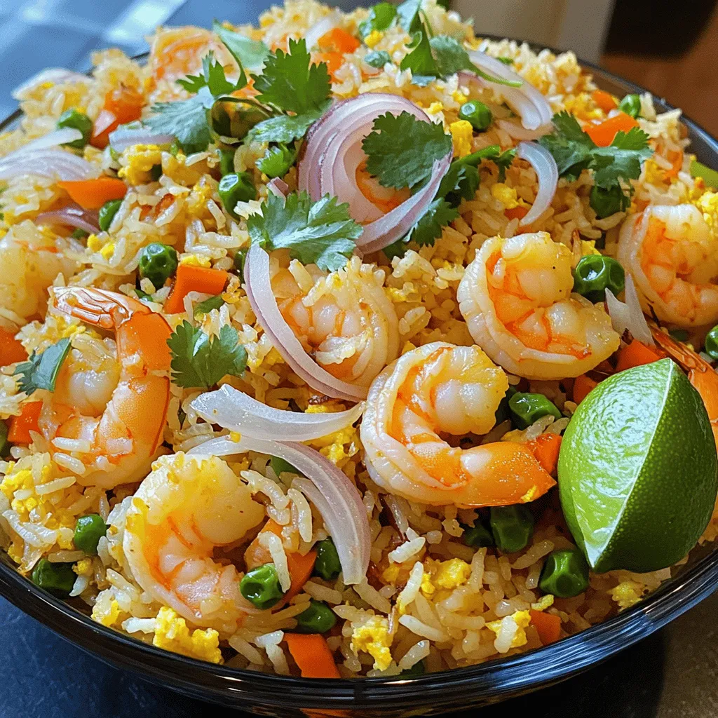 To make garlic shrimp fried rice, you need these key items: - 1 lb shrimp, peeled and deveined - 4 cups cooked jasmine rice (preferably day-old) - 4 cloves garlic, minced - 1 small onion, finely chopped - 1 cup mixed vegetables (carrots, peas, corn) - 2 large eggs, lightly beaten These ingredients create a tasty base for our dish. The shrimp adds protein, while the rice gives volume. The garlic and onion bring depth of flavor. Mixed vegetables add color and nutrition. The right spices and sauces make this dish pop. You will need: - 3 tablespoons soy sauce - 2 tablespoons sesame oil - Salt and pepper to taste Soy sauce gives that umami taste. Sesame oil adds a nutty flavor. Salt and pepper help enhance all the other tastes. These seasonings make the dish savory and satisfying. For the final touch, consider adding: - 2 green onions, sliced - 1 tablespoon fresh cilantro, chopped (for garnish) Garnishing with green onions and cilantro brightens the dish. They add freshness and a pop of color. You can also add a lime wedge for a zesty kick. These garnishes make your plate look and taste amazing. Start by heating 1 tablespoon of sesame oil in a large skillet. Use medium-high heat. Add 1 pound of peeled and deveined shrimp. Cook until the shrimp turn pink and opaque, about 2 to 3 minutes. Sprinkle with salt and pepper for flavor. Once done, remove the shrimp from the skillet and set them aside. In the same skillet, add another tablespoon of sesame oil. Next, add 4 cloves of minced garlic and 1 small finely chopped onion. Sauté for about 1 to 2 minutes until the garlic smells good and the onion looks clear. Now, toss in 1 cup of mixed vegetables, like carrots, peas, and corn. Stir-fry these for about 3 to 4 minutes. You want them to be tender but still crisp. Push the vegetables to one side of the skillet. Pour 2 large lightly beaten eggs into the empty side. Scramble the eggs until they are fully cooked. Once done, mix them with the vegetables in the skillet. Add the 4 cups of cooked jasmine rice to the skillet. Then, return the cooked shrimp to the pan. Pour 3 tablespoons of soy sauce over everything. Mix well to combine. Cook for another 3 to 4 minutes until everything is heated through. Turn off the heat and sprinkle sliced green onions and 1 tablespoon of chopped fresh cilantro on top. Give it a final toss. Taste and adjust with more salt or soy sauce if needed. Serve the garlic shrimp fried rice in a large bowl. Add extra green onions and cilantro for color. A lime wedge on the side adds a nice touch! To make your garlic shrimp fried rice taste like it came from a restaurant, focus on a few key steps. First, use high heat when cooking. This helps caramelize the garlic and onions, giving a deeper flavor. Second, add the soy sauce at the end. This keeps the taste bright and fresh. Lastly, finish with fresh herbs like cilantro for a burst of flavor. Using day-old rice is crucial for great fried rice. Freshly cooked rice is too moist and sticky. This can make your dish mushy. Day-old rice has had time to dry out. It separates easily, making it perfect for frying. If you don’t have day-old rice, spread fresh rice on a tray to cool. Let it sit for 30 minutes before using. You can easily change this recipe to fit dietary needs. Want it vegetarian? Skip the shrimp and add tofu or more veggies. If you need gluten-free options, use tamari instead of soy sauce. You can also adjust the spice level. Add chili flakes or hot sauce for a kick. This recipe is flexible and easy to customize for everyone! {{image_2}} You can switch the shrimp for many other proteins. Chicken works great in this dish. Just chop it into small pieces and cook until it's fully done. Tofu is also a good choice. It soaks up flavors well and adds protein. You can even use beef or pork strips if you like. These changes will keep the dish fresh and tasty. Feel free to change the mixed vegetables. You can use bell peppers for a crunch. Broccoli adds a nice green touch. Zucchini is another great option, giving a light flavor. If you want something different, try adding snap peas or baby corn. The more colorful the veggies, the more fun your fried rice will look! For a vegetarian version, just leave out the shrimp and any meat. You can add more veggies or include chickpeas for protein. Use plant-based soy sauce for a richer flavor. You can even add some extra garlic and onions to boost the taste. This way, you get a filling meal that’s still super satisfying. After enjoying your garlic shrimp fried rice, store leftovers in an airtight container. This keeps the flavors fresh. Let the rice cool to room temperature before sealing it. It can last in the fridge for about three days. To reheat, use a skillet over medium heat. Add a splash of water or oil to prevent sticking. Stir frequently until heated through. You can also use the microwave. Place the rice in a microwave-safe bowl, cover it, and heat for 1-2 minutes. Stir and check if it's warm. You can freeze garlic shrimp fried rice for longer storage. Place it in a freezer-safe bag or container. Squeeze out as much air as possible before sealing. It will keep for about two months in the freezer. When ready to eat, thaw it in the fridge overnight, then reheat as mentioned above. Yes, you can use fresh shrimp. Fresh shrimp taste great in fried rice. Just make sure to peel and devein them first. Cook them until they turn pink and opaque. This usually takes about 2 to 3 minutes. Fresh shrimp will add a nice flavor to your dish. Jasmine rice is the best choice for fried rice. It has a fragrant aroma and a fluffy texture. Using day-old rice is key. Fresh rice can be too sticky. If you don’t have jasmine rice, you can use long-grain rice. Just ensure it is cooked and cooled before frying. To add spice, you can include chili flakes or hot sauce. Stir in 1 to 2 teaspoons of chili paste while cooking. You can also use diced fresh peppers. Add them when you sauté the vegetables. Adjust the heat to your taste by adding more or less spice. Absolutely! You can add chicken, beef, or even tofu. Simply cook the protein first, just like the shrimp. Remove it from the skillet, and then add it back in after mixing the rice. This keeps all the flavors blended together. Make sure to adjust cooking times based on the protein used. In this post, we covered key ingredients for great fried rice. You learned how to prepare shrimp, sauté aromatics, and cook veggies. We've shared tips for restaurant-quality taste and ideas for dietary changes. You can store leftovers, reheat, or freeze them easily. Change proteins or add veggies to suit your taste. Now, you have all the tools to make your own fried rice masterpiece. Enjoy experimenting and personalizing each dish!