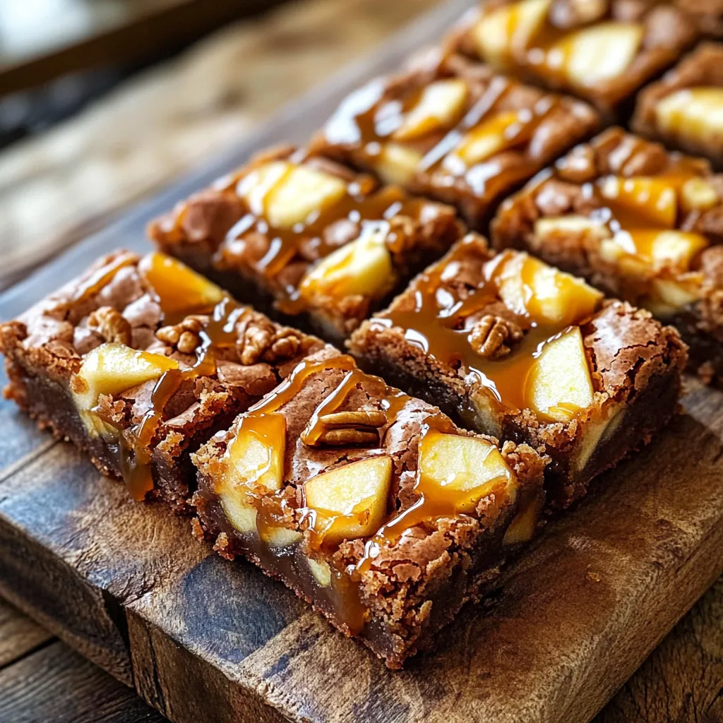 - 1 cup unsalted butter - 1 cup brown sugar - 2 large eggs - 1 teaspoon vanilla extract - 2 cups all-purpose flour - 1 teaspoon baking powder - 1/2 teaspoon baking soda - 1/4 teaspoon salt - 1 1/2 cups diced apples (preferably Honeycrisp) - 1/2 cup caramel sauce (store-bought or homemade) - 1/2 cup chopped walnuts (optional) To make caramel apple blondies, gather your ingredients first. You need unsalted butter for richness. Brown sugar adds sweetness and a nice color. Eggs give structure and moisture. Vanilla extract adds a warm flavor. All-purpose flour is the base for the blondies. Baking powder and baking soda help them rise. A pinch of salt balances the sweetness. For apples, I recommend using a sweet variety like Honeycrisp. They add a lovely texture and flavor. Caramel sauce is key for that gooey goodness. You can use store-bought or make your own if you’re feeling adventurous. Chopped walnuts add a nice crunch, but they are not required. Having everything ready will make your baking process smooth. Enjoy the sweet aromas while you prepare these treats! 1. Preheat your oven to 350°F (175°C). 2. Grease a 9x13 inch baking pan. You can also use parchment paper for easy removal. 3. In a large bowl, mix 1 cup of melted butter with 1 cup of brown sugar. Stir until smooth. 1. Add 2 large eggs one at a time. Mix well after each egg. 2. Pour in 1 teaspoon of vanilla extract and mix again. 3. In another bowl, whisk together 2 cups of all-purpose flour, 1 teaspoon of baking powder, 1/2 teaspoon of baking soda, and 1/4 teaspoon of salt. 4. Gradually add the dry mix to the wet mix. Stir until just combined. 5. Fold in 1 1/2 cups of diced apples and 1/2 cup of chopped walnuts, if you like. 1. Pour half of the batter into the prepared pan. Spread it evenly. 2. Drizzle half of the 1/2 cup of caramel sauce over the batter. 3. Carefully spread the rest of the batter on top. Drizzle with the remaining caramel sauce. 4. Use a knife to gently swirl the caramel into the top layer. 5. Bake for 25-30 minutes. Check doneness by inserting a toothpick in the center. It should come out with a few moist crumbs. 6. Once done, take the pan out of the oven. Let it cool on a wire rack. 7. After cooling, cut into squares and drizzle with extra caramel if you wish. - Ensuring proper measurements Use a kitchen scale for accuracy. This helps you get the right amount of each ingredient. For flour, spoon it into the cup and level it off. Avoid packing it down. - Tips for a marbled caramel effect When you layer the caramel, drizzle it in a zigzag pattern. Then, use a knife to swirl it gently. This creates a beautiful marbled look without mixing it too much. - Best practices for cooling Let the blondies cool in the pan for about 10 minutes. Then, transfer them to a wire rack to cool completely. This helps keep them from getting soggy. - Alternative apples for varying sweetness Try using Granny Smith for a tart taste or Fuji for extra sweetness. Each apple brings a different flavor to your blondies. Choose based on your personal preference! - Options for caramel sauce You can use store-bought caramel for convenience. If you want to make it at home, simply melt sugar and mix in cream. This gives a rich, fresh flavor to your blondies. - Nut substitutions If you’re not a fan of walnuts, try pecans or almonds. You can also skip the nuts for a nut-free version. Each option changes the texture and taste, so pick what you enjoy. {{image_2}} You can make caramel apple blondies even more fun. Try adding spices like cinnamon or nutmeg. Just a pinch can boost the flavor. These spices add warmth and depth to each bite. You can also mix in chocolate chips or other treats. Dark chocolate chips add a rich taste. White chocolate or butterscotch chips bring sweetness. Feel free to experiment based on what you love! If you want a gluten-free option, swap the all-purpose flour. Use a gluten-free flour blend instead. It works just as well and keeps the texture nice. For a vegan option, replace the eggs. You can use flax eggs or applesauce. Also, choose a plant-based butter to keep it dairy-free. These swaps let everyone enjoy this delicious treat! To keep your caramel apple blondies fresh, store them in an airtight container. This will help maintain their moist texture. You can also wrap them tightly in plastic wrap. This way, they can stay fresh for up to five days at room temperature. If you want to keep them longer, refrigerating them works too. Just remember to let them cool completely before sealing. For storage containers, I recommend glass or plastic containers with tight-fitting lids. They help prevent air from entering. Avoid metal containers, as they can affect the taste. If you want to save some blondies for later, freezing them is a smart choice. To freeze, cut the blondies into squares first. Then, wrap each piece in plastic wrap. Place the wrapped pieces in a freezer-safe bag or container. You can keep them in the freezer for up to three months. When you're ready to enjoy them, simply take out the blondies. Let them thaw in the fridge overnight or on the counter for a couple of hours. You can also warm them slightly in the microwave for a few seconds. This will make them taste fresh again! Can I use a different type of caramel sauce? Yes, you can use any caramel sauce you like. Store-bought is easy. Homemade adds a special touch. You can even try flavors like sea salt caramel. How do I know when the blondies are done baking? Check for a toothpick inserted in the center. It should come out with a few moist crumbs, not wet batter. The edges will look golden and set. What’s the best way to cut blondies? Let the blondies cool completely. Use a sharp knife for clean cuts. Wipe the knife between cuts to keep edges neat. Why are my blondies too dry? Overbaking can dry them out. Make sure to check them at 25 minutes. Also, measure your flour correctly. Too much flour will lead to dryness. What can I do if the blondies sink in the middle? This can happen if the batter is too thick. Ensure you mix well and incorporate air. Also, check your baking powder for freshness. Ideal pairings and accompaniments Serve blondies warm with vanilla ice cream. Top with whipped cream and extra caramel sauce. A sprinkle of sea salt can enhance the flavors. Presentation ideas for serving Cut into neat squares and place on a decorative plate. Drizzle extra caramel sauce over the top. Garnish with apple slices or chopped walnuts for a lovely touch. You learned how to make delicious blondies by using simple ingredients. We covered essential steps, like mixing and baking, plus helpful tips for the best results. Whether you prefer apples or want to try different flavors, there are plenty of options. Remember to store leftovers well for fresh snacks later. Now, you can enjoy making these treats or share them with friends! Happy baking!