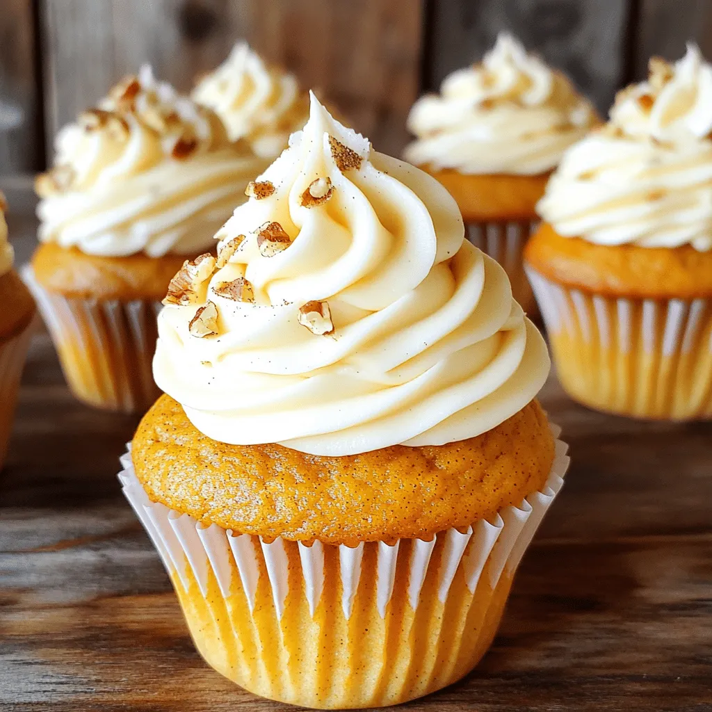 - 1 ½ cups all-purpose flour - 1 teaspoon baking powder - 1 teaspoon baking soda - 1 teaspoon ground cinnamon - ½ teaspoon ground nutmeg - ½ teaspoon ground ginger - ½ teaspoon salt - ½ cup granulated sugar - ½ cup brown sugar, packed - 1 cup canned pumpkin puree - ½ cup vegetable oil - 2 large eggs - 1 teaspoon vanilla extract - 8 oz cream cheese, softened - ½ cup unsalted butter, softened - 2 cups powdered sugar - 1 teaspoon vanilla extract - A pinch of salt Every ingredient plays a key role in making these cupcakes great. The flour gives structure, while the pumpkin adds moisture and flavor. The sugars create sweetness and help the cupcakes rise. Baking powder and baking soda work together to ensure a light texture. For the wet ingredients, pumpkin puree is a star. It brings a rich taste and keeps the cupcakes soft. Vegetable oil adds moisture without making them too heavy. Eggs help with binding and create a fluffy texture. The vanilla extract rounds out the flavors nicely. The cream cheese frosting is the perfect finish. Cream cheese gives a tangy flavor. Butter makes it smooth and rich. Powdered sugar sweetens it up, while a pinch of salt balances the sweetness. You’ll love how the frosting complements the pumpkin flavor in the cupcakes! First, preheat your oven to 350°F (175°C). This step warms the oven for even baking. Next, line a muffin tin with cupcake liners. This keeps the cupcakes from sticking and makes for easy cleanup. In a medium bowl, whisk together the dry ingredients. Combine 1 ½ cups of all-purpose flour, 1 teaspoon of baking powder, 1 teaspoon of baking soda, and spices like 1 teaspoon of ground cinnamon, ½ teaspoon of ground nutmeg, and ½ teaspoon of ground ginger. Add ½ teaspoon of salt and mix well. This blend creates a flavorful base for your cupcakes. In a large bowl, mix your sugars with the wet ingredients. Combine ½ cup of granulated sugar and ½ cup of packed brown sugar. Add 1 cup of canned pumpkin puree, ½ cup of vegetable oil, 2 large eggs, and 1 teaspoon of vanilla extract. Beat this mixture until smooth and fluffy. This step adds moisture and flavor to the batter. Gradually add the dry ingredients to the wet mixture. Use a spatula to fold gently until just combined. Avoid overmixing; this keeps your cupcakes light and airy. Once combined, spoon the batter into the lined muffin tin, filling each liner about two-thirds full for the best rise. Bake your cupcakes in the preheated oven for 18-20 minutes. To check if they’re done, insert a toothpick into the center. If it comes out clean, they are ready. Once baked, let them cool in the pan for 5 minutes. Then, transfer them to a wire rack to cool completely. For the cream cheese frosting, beat 8 oz of softened cream cheese and ½ cup of softened unsalted butter together until creamy. Gradually mix in 2 cups of powdered sugar, 1 teaspoon of vanilla extract, and a pinch of salt. Keep mixing until it’s smooth and fluffy. Once the cupcakes are cool, frost them generously using a piping bag or a spatula. For a nice touch, sprinkle some cinnamon or crushed pecans on top. Overmixing can lead to dense cupcakes. To avoid this, mix until just combined. When you add dry ingredients to wet, fold gently with a spatula. You want to see some flour. This means your cupcakes will rise light and fluffy. Be patient; it’s better to leave small lumps than to overmix. For creamy frosting, ensure your cream cheese and butter are soft. Beat them together until smooth. Gradually add the powdered sugar to avoid clouds of sugar dust. Add a pinch of salt to balance the sweetness. If your frosting is too thick, add a tiny splash of milk to get a perfect spread. For a fun twist, add a touch of cinnamon to the frosting. To make your cupcakes look fancy, sprinkle a bit of cinnamon on top of the frosting. You can also add crushed pecans for a nice crunch. Use a piping bag for smooth, swirled frosting. Place the cupcakes on a pretty plate or stand to catch attention. These small touches make your treats stand out at any gathering. {{image_2}} You can make pumpkin spice cupcakes with a twist! Just add more spices. Use two teaspoons of pumpkin pie spice instead of just cinnamon, nutmeg, and ginger. This mix gives a warm, cozy flavor. You can also add chopped nuts or chocolate chips for fun texture. If you want a richer taste, consider using brown butter in the batter. It adds depth and makes them taste even better. Want to go gluten-free? Swap out the all-purpose flour for a gluten-free flour blend. Look for blends that work well in baking. They help keep the texture light and fluffy. Use a mix with xanthan gum for the best results. You can also check if your baking powder is gluten-free. This small change lets everyone enjoy these tasty cupcakes! You can make a dairy-free version of the cream cheese frosting. Try using a dairy-free cream cheese made from almonds or cashews. These options work great and taste fantastic. You can also use coconut cream for a lighter frosting. Just beat it until fluffy. This way, you still get that creamy texture, but without dairy. Enjoy these cupcakes with your friends and family, no matter their dietary needs! To store leftover cupcakes, place them in an airtight container. This keeps them fresh and moist. You can also cover them tightly with plastic wrap. Make sure to store them at room temperature for up to three days. If you want to keep them longer, the fridge is a good option. Just remember to let them come back to room temperature before enjoying. Freezing your pumpkin cream cheese cupcakes is easy. First, let the cupcakes cool completely. Then, wrap each cupcake in plastic wrap. After that, place the wrapped cupcakes in a freezer bag or container. This helps prevent freezer burn. They can stay frozen for up to three months. When you're ready to eat them, thaw them in the fridge overnight. The shelf life of pumpkin cream cheese cupcakes depends on how you store them. If kept at room temperature, they last about three days. In the fridge, they can last up to a week. For frozen cupcakes, enjoy them within three months for the best taste. Always check for any signs of spoilage before eating. Yes, you can use homemade pumpkin puree. Just make sure it’s smooth and not too watery. If it is too wet, it may make your cupcakes soggy. Roast fresh pumpkin slices, scoop out the flesh, and blend it until creamy. This adds a fresh taste to your cupcakes. To keep your cupcakes moist, use oil instead of butter. Oil makes cupcakes softer. Be careful not to overmix the batter; this can make them tough. Also, adding a little extra pumpkin puree helps keep them moist and flavorful. Absolutely! You can bake the cupcakes a day ahead. Store them in an airtight container at room temperature. Frost them just before serving to keep the frosting fresh. If you want to make them even earlier, freeze the baked cupcakes without frosting for up to three months. The best way to frost cupcakes is to use a piping bag. This method gives a nice swirl and is fun to do. If you don’t have one, use a spatula to spread the frosting on top. Make sure the cupcakes are cool before frosting to prevent melting. You’ve learned about making delicious pumpkin cream cheese cupcakes. We covered the key ingredients, step-by-step instructions, and helpful tips. Variations offered new ideas, while storage info helped keep your treats fresh. These cupcakes are tasty and fun to make. With practice, you’ll impress friends and family. Enjoy baking and experimenting with flavors. Happy baking!