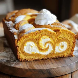 - 1 ½ cups all-purpose flour - 1 teaspoon baking powder - 1 teaspoon baking soda - ½ teaspoon salt - 1 teaspoon ground cinnamon - ½ teaspoon ground nutmeg - ¼ teaspoon ground ginger These dry ingredients create the base of our loaf. Each spice adds warmth and flavor. The baking powder and soda help the loaf rise, giving it that perfect texture. - ½ cup granulated sugar - ½ cup brown sugar, packed - ½ cup vegetable oil - 1 cup pumpkin puree - 2 large eggs - 1 teaspoon vanilla extract The sugars add sweetness and depth. The vegetable oil keeps the loaf moist. Pumpkin puree brings in that rich flavor and color. Eggs and vanilla extract help bind everything together. - 8 oz cream cheese, softened - ½ cup powdered sugar - 1 teaspoon vanilla extract - 1 egg yolk This creamy filling takes the loaf to the next level. The cream cheese provides a tangy taste. Powdered sugar sweetens it up, while the egg yolk adds richness. You’ll need a mixing bowl and a hand mixer to whip this up. Gather all these ingredients, and you’ll be ready to create a delightful pumpkin cream cheese swirl loaf. Each bite will be a treat! To start, preheat your oven to 350°F (175°C). This sets the stage for even baking. Next, take a 9x5-inch loaf pan and grease it well. You can use non-stick spray or butter. Make sure the sides are coated, so the loaf comes out easily. In a medium bowl, whisk together the dry ingredients. Combine 1 ½ cups of all-purpose flour, 1 teaspoon of baking powder, 1 teaspoon of baking soda, and ½ teaspoon of salt. Add 1 teaspoon of ground cinnamon, ½ teaspoon of ground nutmeg, and ¼ teaspoon of ground ginger. This mix will add flavor. In a large bowl, mix ½ cup of granulated sugar, ½ cup of brown sugar, and ½ cup of vegetable oil. Stir until well blended. Then, add 1 cup of pumpkin puree, 2 large eggs, and 1 teaspoon of vanilla extract. Mix until smooth. Now, gradually add the dry ingredients to the wet mix. Stir gently until just combined. It’s okay to have a few lumps. Overmixing can make the loaf tough. In a small bowl, combine 8 oz of softened cream cheese, ½ cup of powdered sugar, 1 teaspoon of vanilla extract, and 1 egg yolk. Beat until smooth and creamy. This filling adds richness to your loaf. To create the swirl, pour half of the pumpkin batter into the loaf pan. Spoon dollops of the cream cheese mixture over the batter. Use a knife or toothpick to swirl it. Then, pour the remaining pumpkin batter over the cream cheese mixture and swirl again gently. This creates a beautiful marbled effect. Place the loaf pan in your preheated oven. Bake for 55-65 minutes. To check if it's done, insert a toothpick into the center. If it comes out clean, the loaf is ready. If the top is browning too fast, you can cover it loosely with aluminum foil. Once baked, remove the loaf from the oven. Let it cool in the pan for about 10 minutes. Then transfer it to a wire rack. Allow it to cool completely before slicing. Enjoy the warm, cozy flavors of your pumpkin cream cheese swirl loaf! To make the best pumpkin cream cheese swirl loaf, avoid common mistakes. First, do not overmix the batter. This can lead to a dense loaf. Mix until just combined. Second, measure your flour correctly. Too much flour can dry out the loaf. Use a spoon to fill your measuring cup, then level it off. For dietary restrictions, you can make easy swaps. Use gluten-free flour if needed. Replace the sugar with a sugar substitute for a lower-calorie option. If you want a dairy-free version, try a vegan cream cheese. When serving your loaf, slice it neatly. Arrange the slices on a large platter. This creates an inviting look. You can dust the top with powdered sugar for a nice touch. Garnishes can enhance the flavor too. Serve with a dollop of fresh whipped cream. Add a sprinkle of cinnamon or nutmeg on top for extra flair. You can also add some chopped nuts for a crunchy bite. To make your loaf even more flavorful, consider adding spices. A pinch of allspice or cloves can add warmth. You can also experiment with alternative extracts. Instead of vanilla, use almond extract for a unique twist. Try adding dark chocolate chips or dried fruit for variety. This adds sweetness and texture to every bite. These small changes can turn a good loaf into a great one! {{image_2}} You can easily swap ingredients to make this loaf suit your taste. - Using different types of sugar: You can use coconut sugar or maple sugar instead of granulated sugar. This change can add a unique flavor that complements the pumpkin well. - Alternative flours: If you need a gluten-free option, try using almond flour or gluten-free all-purpose flour. Mix it with a bit of xanthan gum to help with texture. Adding different flavors can make this loaf more exciting. - Adding chocolate, nuts, or fruits: You can fold in chocolate chips, chopped nuts, or dried fruits like cranberries. These additions can provide a delightful crunch or burst of flavor. - Seasonal spice variations: Try adding a pinch of cardamom or a hint of allspice for a more complex flavor. These spices can bring a new twist to your pumpkin loaf. If you want to change the cream cheese filling, there are great options. - Vegan options for cream cheese: Use a store-bought vegan cream cheese or make your own with blended cashews. Just add a bit of lemon juice for tang. - Other fillings for variety: Instead of cream cheese, consider using ricotta or mascarpone. These creamy options can create a different yet delicious swirl. To keep your pumpkin cream cheese swirl loaf fresh, store it in an airtight container. This helps keep moisture in and prevents it from becoming dry. You can also wrap it tightly in plastic wrap. Place it at room temperature for short-term storage. If you plan to eat it within a few days, this method works well. To freeze the loaf, first let it cool completely. Then, wrap it tightly in plastic wrap. After that, place it in a freezer-safe bag or container. Make sure to label it with the date. For the best taste, eat it within three months. When you're ready to enjoy it, take it out of the freezer. Place it in the fridge overnight to thaw. If you're in a hurry, you can thaw it at room temperature for a few hours. Avoid using a microwave, as it can change the loaf's texture. The loaf lasts about 4 to 5 days at room temperature. If stored in the fridge, it can stay fresh for up to a week. Always check for signs of spoilage. If you see mold or notice an off smell, it’s best to toss it. Enjoy your delicious treat while it’s still fresh! Yes, you can use fresh pumpkin. Fresh pumpkin gives a bright flavor. It also has more nutrients. To use fresh pumpkin, roast it first. Cut the pumpkin, remove seeds, and bake until soft. Then puree it until smooth. This might take more time than using canned pumpkin. You can reduce sugar by using less granulated and brown sugar. Try using applesauce or mashed bananas in place of some sugar. For fat, replace some vegetable oil with unsweetened applesauce. You can also use whole wheat flour for more fiber. This way, your loaf stays tasty but becomes a bit healthier. This loaf pairs well with coffee or chai tea. A dollop of whipped cream adds a nice touch. You can also serve it with a side of fresh fruit, like sliced apples or pears. Adding a sprinkle of nuts or granola on top boosts the texture and flavor. Yes, you can double the recipe easily. Just make sure to use a larger loaf pan. You may need to bake it longer. Check for doneness with a toothpick. If the center is not set, bake longer in small increments. Adjust the baking time based on your oven. This blog post covered how to make a delicious Pumpkin Cream Cheese Swirl Loaf. We discussed ingredients, step-by-step instructions, tips, variations, and storage methods. Remember to mix well but avoid overmixing to keep your loaf light. Experiment with flavors and presentations to make your loaf unique. Store it properly for freshness, and enjoy it for up to a week. Baking is fun and rewarding, so get started today with your new skills!
