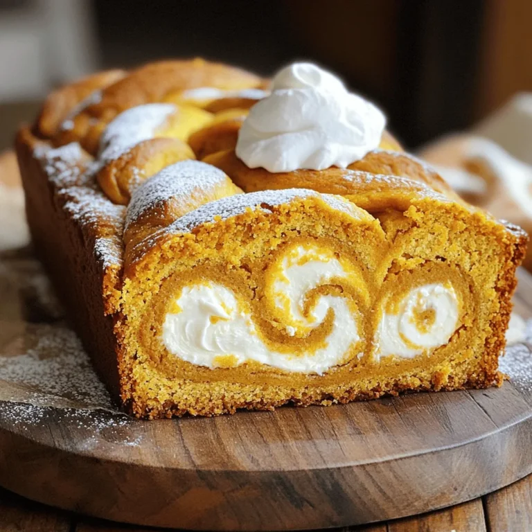 - 1 ½ cups all-purpose flour - 1 teaspoon baking powder - 1 teaspoon baking soda - ½ teaspoon salt - 1 teaspoon ground cinnamon - ½ teaspoon ground nutmeg - ¼ teaspoon ground ginger These dry ingredients create the base of our loaf. Each spice adds warmth and flavor. The baking powder and soda help the loaf rise, giving it that perfect texture. - ½ cup granulated sugar - ½ cup brown sugar, packed - ½ cup vegetable oil - 1 cup pumpkin puree - 2 large eggs - 1 teaspoon vanilla extract The sugars add sweetness and depth. The vegetable oil keeps the loaf moist. Pumpkin puree brings in that rich flavor and color. Eggs and vanilla extract help bind everything together. - 8 oz cream cheese, softened - ½ cup powdered sugar - 1 teaspoon vanilla extract - 1 egg yolk This creamy filling takes the loaf to the next level. The cream cheese provides a tangy taste. Powdered sugar sweetens it up, while the egg yolk adds richness. You’ll need a mixing bowl and a hand mixer to whip this up. Gather all these ingredients, and you’ll be ready to create a delightful pumpkin cream cheese swirl loaf. Each bite will be a treat! To start, preheat your oven to 350°F (175°C). This sets the stage for even baking. Next, take a 9x5-inch loaf pan and grease it well. You can use non-stick spray or butter. Make sure the sides are coated, so the loaf comes out easily. In a medium bowl, whisk together the dry ingredients. Combine 1 ½ cups of all-purpose flour, 1 teaspoon of baking powder, 1 teaspoon of baking soda, and ½ teaspoon of salt. Add 1 teaspoon of ground cinnamon, ½ teaspoon of ground nutmeg, and ¼ teaspoon of ground ginger. This mix will add flavor. In a large bowl, mix ½ cup of granulated sugar, ½ cup of brown sugar, and ½ cup of vegetable oil. Stir until well blended. Then, add 1 cup of pumpkin puree, 2 large eggs, and 1 teaspoon of vanilla extract. Mix until smooth. Now, gradually add the dry ingredients to the wet mix. Stir gently until just combined. It’s okay to have a few lumps. Overmixing can make the loaf tough. In a small bowl, combine 8 oz of softened cream cheese, ½ cup of powdered sugar, 1 teaspoon of vanilla extract, and 1 egg yolk. Beat until smooth and creamy. This filling adds richness to your loaf. To create the swirl, pour half of the pumpkin batter into the loaf pan. Spoon dollops of the cream cheese mixture over the batter. Use a knife or toothpick to swirl it. Then, pour the remaining pumpkin batter over the cream cheese mixture and swirl again gently. This creates a beautiful marbled effect. Place the loaf pan in your preheated oven. Bake for 55-65 minutes. To check if it's done, insert a toothpick into the center. If it comes out clean, the loaf is ready. If the top is browning too fast, you can cover it loosely with aluminum foil. Once baked, remove the loaf from the oven. Let it cool in the pan for about 10 minutes. Then transfer it to a wire rack. Allow it to cool completely before slicing. Enjoy the warm, cozy flavors of your pumpkin cream cheese swirl loaf! To make the best pumpkin cream cheese swirl loaf, avoid common mistakes. First, do not overmix the batter. This can lead to a dense loaf. Mix until just combined. Second, measure your flour correctly. Too much flour can dry out the loaf. Use a spoon to fill your measuring cup, then level it off. For dietary restrictions, you can make easy swaps. Use gluten-free flour if needed. Replace the sugar with a sugar substitute for a lower-calorie option. If you want a dairy-free version, try a vegan cream cheese. When serving your loaf, slice it neatly. Arrange the slices on a large platter. This creates an inviting look. You can dust the top with powdered sugar for a nice touch. Garnishes can enhance the flavor too. Serve with a dollop of fresh whipped cream. Add a sprinkle of cinnamon or nutmeg on top for extra flair. You can also add some chopped nuts for a crunchy bite. To make your loaf even more flavorful, consider adding spices. A pinch of allspice or cloves can add warmth. You can also experiment with alternative extracts. Instead of vanilla, use almond extract for a unique twist. Try adding dark chocolate chips or dried fruit for variety. This adds sweetness and texture to every bite. These small changes can turn a good loaf into a great one! {{image_2}} You can easily swap ingredients to make this loaf suit your taste. - Using different types of sugar: You can use coconut sugar or maple sugar instead of granulated sugar. This change can add a unique flavor that complements the pumpkin well. - Alternative flours: If you need a gluten-free option, try using almond flour or gluten-free all-purpose flour. Mix it with a bit of xanthan gum to help with texture. Adding different flavors can make this loaf more exciting. - Adding chocolate, nuts, or fruits: You can fold in chocolate chips, chopped nuts, or dried fruits like cranberries. These additions can provide a delightful crunch or burst of flavor. - Seasonal spice variations: Try adding a pinch of cardamom or a hint of allspice for a more complex flavor. These spices can bring a new twist to your pumpkin loaf. If you want to change the cream cheese filling, there are great options. - Vegan options for cream cheese: Use a store-bought vegan cream cheese or make your own with blended cashews. Just add a bit of lemon juice for tang. - Other fillings for variety: Instead of cream cheese, consider using ricotta or mascarpone. These creamy options can create a different yet delicious swirl. To keep your pumpkin cream cheese swirl loaf fresh, store it in an airtight container. This helps keep moisture in and prevents it from becoming dry. You can also wrap it tightly in plastic wrap. Place it at room temperature for short-term storage. If you plan to eat it within a few days, this method works well. To freeze the loaf, first let it cool completely. Then, wrap it tightly in plastic wrap. After that, place it in a freezer-safe bag or container. Make sure to label it with the date. For the best taste, eat it within three months. When you're ready to enjoy it, take it out of the freezer. Place it in the fridge overnight to thaw. If you're in a hurry, you can thaw it at room temperature for a few hours. Avoid using a microwave, as it can change the loaf's texture. The loaf lasts about 4 to 5 days at room temperature. If stored in the fridge, it can stay fresh for up to a week. Always check for signs of spoilage. If you see mold or notice an off smell, it’s best to toss it. Enjoy your delicious treat while it’s still fresh! Yes, you can use fresh pumpkin. Fresh pumpkin gives a bright flavor. It also has more nutrients. To use fresh pumpkin, roast it first. Cut the pumpkin, remove seeds, and bake until soft. Then puree it until smooth. This might take more time than using canned pumpkin. You can reduce sugar by using less granulated and brown sugar. Try using applesauce or mashed bananas in place of some sugar. For fat, replace some vegetable oil with unsweetened applesauce. You can also use whole wheat flour for more fiber. This way, your loaf stays tasty but becomes a bit healthier. This loaf pairs well with coffee or chai tea. A dollop of whipped cream adds a nice touch. You can also serve it with a side of fresh fruit, like sliced apples or pears. Adding a sprinkle of nuts or granola on top boosts the texture and flavor. Yes, you can double the recipe easily. Just make sure to use a larger loaf pan. You may need to bake it longer. Check for doneness with a toothpick. If the center is not set, bake longer in small increments. Adjust the baking time based on your oven. This blog post covered how to make a delicious Pumpkin Cream Cheese Swirl Loaf. We discussed ingredients, step-by-step instructions, tips, variations, and storage methods. Remember to mix well but avoid overmixing to keep your loaf light. Experiment with flavors and presentations to make your loaf unique. Store it properly for freshness, and enjoy it for up to a week. Baking is fun and rewarding, so get started today with your new skills!