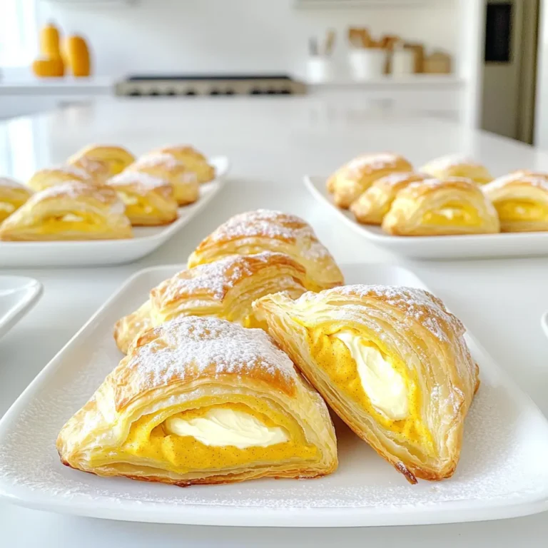 - 1 sheet of puff pastry, thawed - 4 oz cream cheese, softened - 1/2 cup pumpkin puree - 1/4 cup sugar - 1/2 teaspoon vanilla extract - 1/2 teaspoon ground cinnamon - 1/4 teaspoon ground nutmeg - 1/4 teaspoon ground ginger - 1 egg, beaten (for egg wash) - 1 tablespoon powdered sugar (for dusting) - Additional spices (e.g., allspice, clove) - Nuts for topping (e.g., pecans or walnuts) I love the key ingredients in this Pumpkin Cream Cheese Danish. Each one adds a special touch. Puff pastry gives a light and flaky base. It puffs up nicely in the oven. Cream cheese adds a rich and creamy layer. It blends perfectly with the pumpkin. Pumpkin puree brings warmth and a lovely color. It pairs well with sugar for sweetness. The vanilla extract adds depth to the flavor. Spices like cinnamon, nutmeg, and ginger create that cozy fall taste. They work together to make each bite feel special. For a twist, you can add extra spices or nuts. They enhance the flavor and texture. With these ingredients, you can create a treat that feels both simple and gourmet. Gather these items, and you are ready to start your tasty adventure! - Preheat your oven to 400°F (200°C). - Prepare a baking sheet with parchment paper. Start by getting your oven nice and hot. This helps the pastries puff up well. While it heats, grab a baking sheet. Line it with parchment paper. This keeps the danishes from sticking. - Beat cream cheese until smooth. - Combine pumpkin mixture with cream cheese. In a medium bowl, beat the softened cream cheese using an electric mixer. It should be creamy and smooth. Next, add the pumpkin puree, sugar, vanilla, cinnamon, nutmeg, and ginger. Mix everything until it is well blended. The mixture should look and taste great! - Roll out puff pastry and cut into squares. - Fill and seal pastry pockets. - Bake until golden brown. On a lightly floured surface, roll out the puff pastry sheet. This helps to smooth out any folds. Cut it into four equal squares. Now, take about a tablespoon of the pumpkin cream cheese mixture. Place it in the center of each square. Fold the corners towards the middle to make little pockets. Pinch the edges to seal them well. This keeps the filling inside while baking. Brush the tops with the beaten egg. This gives them a nice golden color. Place the danishes on your lined baking sheet. Bake them in the oven for 15 to 20 minutes. Keep an eye on them until they puff up and turn golden brown. Once done, take them out and let them cool a bit. Dust them with powdered sugar for a sweet finish. Enjoy your tasty Pumpkin Cream Cheese Danishes! To avoid soggy pastries, keep these tips in mind: - Use a baking sheet: Always line it with parchment paper. This helps catch any drips. - Pre-bake the pastry: For a few minutes, bake the puff pastry squares before filling them. This creates a sturdy base. - Seal well: Make sure to pinch the edges tightly so the filling stays inside. For sealing pastries, the best tools are your fingers and a fork. Use your fingers to press down the edges. Then, run a fork along the seams for a fun design and extra sealing power. Presentation can elevate your Pumpkin Cream Cheese Danish. Here are some serving suggestions: - Serve warm: A warm danish tastes best. It melts in your mouth. - Add a side: Serve with a dollop of whipped cream or a scoop of ice cream for a treat. - Use a plate: Place them on a colorful plate to draw attention. For extra flavor and appeal, consider these toppings: - Powdered sugar: Dust lightly over the top for a sweet finish. - Nuts: Sprinkle chopped pecans or walnuts for a crunchy texture. - Caramel drizzle: A small drizzle of caramel sauce adds sweetness and looks great. These tips make your danish not just tasty but also beautiful! {{image_2}} You can make your Pumpkin Cream Cheese Danish even better by changing up the flavors. To spice things up, try adding more spices. For example, you can add allspice or ground cloves. This gives the filling a richer taste. Adjust the spices based on what you like best. If you want more sweetness, mix in chocolate or caramel. Chocolate chips add a nice touch. A drizzle of caramel on top makes it fancy. These small changes can create a new favorite treat. If you need gluten-free options, there are great substitutes for puff pastry. Look for gluten-free puff pastry at your local store. You can also make your own using gluten-free flour. This way, anyone can enjoy the danish. For vegan diets, you can change the filling, too. Use a plant-based cream cheese instead of regular cream cheese. Replace the egg wash with a plant milk like almond or soy. These swaps keep the flavor while meeting dietary needs. Everyone can enjoy this tasty treat! To keep your leftover danishes fresh, place them in an airtight container. This keeps them moist and tasty. You can also wrap them in plastic wrap before storing them. This method helps prevent drying out. In the fridge, your pumpkin cream cheese danishes will last for about 2 to 3 days. Check for any signs of spoilage, like odd smells or changes in texture. If they look good, they should be fine to eat. If you want to save your danishes for later, freezing is a great option. First, let them cool completely. Then, wrap each danish tightly in plastic wrap. After that, place them in a freezer-safe bag or container. This prevents freezer burn and keeps them fresh. When you're ready to enjoy a frozen danish, remove it from the freezer. Thaw it in the fridge overnight. To reheat, place it in a preheated oven at 350°F (175°C) for about 10-15 minutes. This will make it warm and flaky again, just like fresh! Can I make the Pumpkin Cream Cheese Danish ahead of time? Yes, you can make these danishes ahead of time. Prepare the filling and puff pastry. Store them separately in the fridge for up to one day. When ready to bake, simply assemble and follow the baking steps. This saves time and gives you fresh danishes. What can I substitute for cream cheese? If you need a substitute for cream cheese, try mascarpone cheese or Greek yogurt. Both options give a similar creamy texture. You can also blend cottage cheese for a lower-fat option. Keep in mind that the flavor may change slightly. How do I know when the danishes are done? To check if the danishes are done, look for a golden brown color. The pastries should puff up nicely. You can also gently tap the top; it should feel firm. If they look golden and crisp, they’re ready! You now have all the steps to make a delicious Pumpkin Cream Cheese Danish. Start with simple ingredients. Follow each step to bake perfectly golden pastries. Remember to check your oven’s temperature and use parchment paper to avoid mess. Feel free to experiment with flavors or dietary needs. Whether for a special occasion or just a treat, these danishes will impress. Store leftovers properly, and enjoy them later. Baking is all about fun and creativity. Enjoy your tasty rewards!