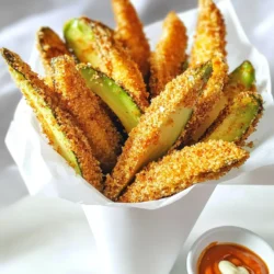- 2 ripe avocados - 1 cup breadcrumbs (panko recommended) - 1/4 cup all-purpose flour - 1/2 teaspoon garlic powder - 1/2 teaspoon paprika - 1/4 teaspoon cayenne pepper (optional) - 2 large eggs - Salt and pepper to taste - Cooking spray or olive oil spray Gathering the right ingredients is key to making great air fryer avocado fries. First, choose two ripe avocados. The ripeness is important for a creamy inside. Next, pick up one cup of breadcrumbs, preferably panko. Panko gives a nice crunch to the fries. You will also need a quarter cup of all-purpose flour to help the coating stick. For flavor, you need half a teaspoon of garlic powder and paprika. These spices add a savory touch. If you like some heat, add a quarter teaspoon of cayenne pepper. Don't forget about the basics. You will need two large eggs for the batter. Salt and pepper add seasoning to taste. Finally, grab some cooking spray or olive oil spray to help the fries crisp up in the air fryer. With these ingredients, you’re set for a tasty snack that is both easy and healthy! - Preheat your air fryer to 400°F (200°C) for about 5 minutes. This step is key for getting that perfect crunch. - Slice the ripe avocados in half and remove the pit. Scoop out the flesh gently. Cut each half into wedges. Aim for about six wedges per avocado. - In a shallow dish, combine 1/4 cup of all-purpose flour with 1/2 teaspoon each of garlic powder, paprika, and a pinch of salt and pepper. If you like heat, add 1/4 teaspoon of cayenne pepper. - In another bowl, beat 2 large eggs until smooth. This mixture helps the breading stick well. - Set out another bowl with 1 cup of breadcrumbs. Panko breadcrumbs work best for a crispy finish. - Take each avocado wedge. First, coat it in the flour mixture. Then dip it in the beaten egg. Finally, roll it in the breadcrumbs. Make sure each wedge is fully covered. Repeat this for all wedges. - Spray the air fryer basket with cooking spray to keep the fries from sticking. - Arrange the coated avocado fries in a single layer in the basket. Avoid overcrowding; this helps them crisp up nicely. You may need to cook in batches. - Lightly spray the tops of the fries with cooking spray or olive oil. This adds flavor and crispiness. - Air fry the wedges for 10-12 minutes. Shake the basket halfway through to ensure even cooking. You want them golden brown and crispy. - Once finished, take them out carefully. Let them cool for a minute before serving. Enjoy your crunchy avocado fries! To get that perfect crunch in your air fryer avocado fries, flour and breadcrumbs are key. The flour creates a base layer that helps the egg stick. The breadcrumbs, especially panko, add the crunch we all love. Cooking times can differ depending on your air fryer model. If yours cooks faster, check the fries a bit early. If it cooks slower, you might need a few extra minutes. Always shake the basket halfway through to help them cook evenly. When serving, make it fun! You can use a cone or a small basket lined with parchment paper. This adds a nice touch. Pair them with delicious dips like spicy sriracha mayo or creamy ranch. These choices will elevate your snack and impress your guests. Want to switch things up? Try adding different spices! Cumin or chili powder can give your fries a whole new flavor. Fresh herbs like cilantro or parsley can also add freshness. For spice lovers, add more cayenne or even some crushed red pepper for an extra kick. Experimenting with flavors keeps your avocado fries exciting and tasty! {{image_2}} You can make avocado fries vegan by swapping eggs for plant-based options. Use flaxseed meal or chia seeds mixed with water. Combine 1 tablespoon of flaxseed meal or chia seeds with 2.5 tablespoons of water. Let it sit for 5 minutes until it thickens. This mix works great as a binding agent. Dip your avocado wedges in this mix, then coat them in breadcrumbs. The texture remains crispy and delicious. To kick up the heat, add more cayenne or chili powder to your batter. You can also sprinkle some red pepper flakes over the fries before cooking. This gives each bite a zesty kick. If you love spice, consider mixing in a dash of hot sauce into your egg wash. This adds flavor and heat to the fries. Pair your avocado fries with tasty dips for added flavor. Here are a few ideas for homemade dips: - Spicy Sriracha Mayo: Mix mayonnaise with sriracha for a creamy, spicy dip. - Creamy Ranch: Blend ranch dressing with a squeeze of lime for a zesty twist. - Garlic Aioli: Combine mayo, minced garlic, and lemon juice for a rich, garlicky dip. These dips elevate your snack and make it even more enjoyable! Keep leftover avocado fries fresh by storing them in an airtight container. Line the container with paper towels to absorb excess moisture. This step helps maintain their crispiness. Place them in the fridge for up to two days. If you want to enjoy them longer, consider freezing. To reheat avocado fries, use your air fryer for the best results. Preheat the air fryer to 400°F (200°C). Place the fries in a single layer in the basket. Heat them for about 5-7 minutes. Check frequently to avoid overcooking. This method restores their crunch and flavor. Yes, you can freeze avocado fries! To freeze, arrange the breaded fries on a baking sheet in a single layer. Freeze them for about an hour until solid. Then, transfer them to a freezer bag or container. They can last up to three months in the freezer. When ready to eat, cook them directly from frozen in the air fryer. Adjust the cooking time to about 15-18 minutes for a golden finish. You can use frozen avocados, but the texture may change. Frozen avocados often become soft when thawed. This can affect the crunch of your fries. If you use frozen ones, let them thaw completely. Then, pat them dry before breading. This step helps keep them from getting too soggy. Yes, avocado fries are healthy. Avocados are full of good fats, vitamins, and minerals. They have monounsaturated fats, which are good for your heart. Also, avocados provide fiber, which helps with digestion. Eating avocados can help you feel full longer. They are a great snack choice, especially when air-fried instead of deep-fried. You can serve avocado fries with many tasty sides. Try a fresh salad or a bowl of salsa. They pair well with dips like spicy sriracha mayo or creamy ranch. For a fun twist, serve them in a cone or small basket. This makes your snack look extra special! In this post, we covered how to make delicious avocado fries. You learned about the main ingredients, the steps for preparation, and tips for achieving a crispy texture. I also shared ideas for variations, storage, and meal pairings. These avocado fries are not only tasty but also healthy. You can enjoy them in many ways. Try them with your favorite dips and share them with friends. Enjoy making and eating these crunchy treats!