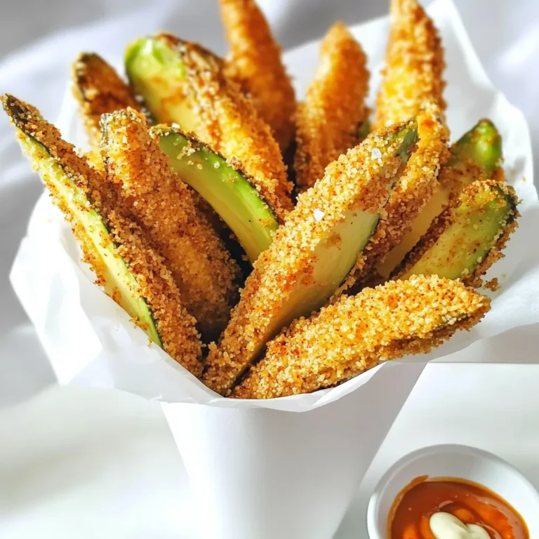 - 2 ripe avocados - 1 cup breadcrumbs (panko recommended) - 1/4 cup all-purpose flour - 1/2 teaspoon garlic powder - 1/2 teaspoon paprika - 1/4 teaspoon cayenne pepper (optional) - 2 large eggs - Salt and pepper to taste - Cooking spray or olive oil spray Gathering the right ingredients is key to making great air fryer avocado fries. First, choose two ripe avocados. The ripeness is important for a creamy inside. Next, pick up one cup of breadcrumbs, preferably panko. Panko gives a nice crunch to the fries. You will also need a quarter cup of all-purpose flour to help the coating stick. For flavor, you need half a teaspoon of garlic powder and paprika. These spices add a savory touch. If you like some heat, add a quarter teaspoon of cayenne pepper. Don't forget about the basics. You will need two large eggs for the batter. Salt and pepper add seasoning to taste. Finally, grab some cooking spray or olive oil spray to help the fries crisp up in the air fryer. With these ingredients, you’re set for a tasty snack that is both easy and healthy! - Preheat your air fryer to 400°F (200°C) for about 5 minutes. This step is key for getting that perfect crunch. - Slice the ripe avocados in half and remove the pit. Scoop out the flesh gently. Cut each half into wedges. Aim for about six wedges per avocado. - In a shallow dish, combine 1/4 cup of all-purpose flour with 1/2 teaspoon each of garlic powder, paprika, and a pinch of salt and pepper. If you like heat, add 1/4 teaspoon of cayenne pepper. - In another bowl, beat 2 large eggs until smooth. This mixture helps the breading stick well. - Set out another bowl with 1 cup of breadcrumbs. Panko breadcrumbs work best for a crispy finish. - Take each avocado wedge. First, coat it in the flour mixture. Then dip it in the beaten egg. Finally, roll it in the breadcrumbs. Make sure each wedge is fully covered. Repeat this for all wedges. - Spray the air fryer basket with cooking spray to keep the fries from sticking. - Arrange the coated avocado fries in a single layer in the basket. Avoid overcrowding; this helps them crisp up nicely. You may need to cook in batches. - Lightly spray the tops of the fries with cooking spray or olive oil. This adds flavor and crispiness. - Air fry the wedges for 10-12 minutes. Shake the basket halfway through to ensure even cooking. You want them golden brown and crispy. - Once finished, take them out carefully. Let them cool for a minute before serving. Enjoy your crunchy avocado fries! To get that perfect crunch in your air fryer avocado fries, flour and breadcrumbs are key. The flour creates a base layer that helps the egg stick. The breadcrumbs, especially panko, add the crunch we all love. Cooking times can differ depending on your air fryer model. If yours cooks faster, check the fries a bit early. If it cooks slower, you might need a few extra minutes. Always shake the basket halfway through to help them cook evenly. When serving, make it fun! You can use a cone or a small basket lined with parchment paper. This adds a nice touch. Pair them with delicious dips like spicy sriracha mayo or creamy ranch. These choices will elevate your snack and impress your guests. Want to switch things up? Try adding different spices! Cumin or chili powder can give your fries a whole new flavor. Fresh herbs like cilantro or parsley can also add freshness. For spice lovers, add more cayenne or even some crushed red pepper for an extra kick. Experimenting with flavors keeps your avocado fries exciting and tasty! {{image_2}} You can make avocado fries vegan by swapping eggs for plant-based options. Use flaxseed meal or chia seeds mixed with water. Combine 1 tablespoon of flaxseed meal or chia seeds with 2.5 tablespoons of water. Let it sit for 5 minutes until it thickens. This mix works great as a binding agent. Dip your avocado wedges in this mix, then coat them in breadcrumbs. The texture remains crispy and delicious. To kick up the heat, add more cayenne or chili powder to your batter. You can also sprinkle some red pepper flakes over the fries before cooking. This gives each bite a zesty kick. If you love spice, consider mixing in a dash of hot sauce into your egg wash. This adds flavor and heat to the fries. Pair your avocado fries with tasty dips for added flavor. Here are a few ideas for homemade dips: - Spicy Sriracha Mayo: Mix mayonnaise with sriracha for a creamy, spicy dip. - Creamy Ranch: Blend ranch dressing with a squeeze of lime for a zesty twist. - Garlic Aioli: Combine mayo, minced garlic, and lemon juice for a rich, garlicky dip. These dips elevate your snack and make it even more enjoyable! Keep leftover avocado fries fresh by storing them in an airtight container. Line the container with paper towels to absorb excess moisture. This step helps maintain their crispiness. Place them in the fridge for up to two days. If you want to enjoy them longer, consider freezing. To reheat avocado fries, use your air fryer for the best results. Preheat the air fryer to 400°F (200°C). Place the fries in a single layer in the basket. Heat them for about 5-7 minutes. Check frequently to avoid overcooking. This method restores their crunch and flavor. Yes, you can freeze avocado fries! To freeze, arrange the breaded fries on a baking sheet in a single layer. Freeze them for about an hour until solid. Then, transfer them to a freezer bag or container. They can last up to three months in the freezer. When ready to eat, cook them directly from frozen in the air fryer. Adjust the cooking time to about 15-18 minutes for a golden finish. You can use frozen avocados, but the texture may change. Frozen avocados often become soft when thawed. This can affect the crunch of your fries. If you use frozen ones, let them thaw completely. Then, pat them dry before breading. This step helps keep them from getting too soggy. Yes, avocado fries are healthy. Avocados are full of good fats, vitamins, and minerals. They have monounsaturated fats, which are good for your heart. Also, avocados provide fiber, which helps with digestion. Eating avocados can help you feel full longer. They are a great snack choice, especially when air-fried instead of deep-fried. You can serve avocado fries with many tasty sides. Try a fresh salad or a bowl of salsa. They pair well with dips like spicy sriracha mayo or creamy ranch. For a fun twist, serve them in a cone or small basket. This makes your snack look extra special! In this post, we covered how to make delicious avocado fries. You learned about the main ingredients, the steps for preparation, and tips for achieving a crispy texture. I also shared ideas for variations, storage, and meal pairings. These avocado fries are not only tasty but also healthy. You can enjoy them in many ways. Try them with your favorite dips and share them with friends. Enjoy making and eating these crunchy treats!