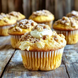 - 1 cup pumpkin puree - ½ cup brown sugar - ½ cup granulated sugar - 2 large eggs - ⅓ cup vegetable oil - 1 teaspoon vanilla extract - 1 teaspoon baking powder - ½ teaspoon baking soda - 1 teaspoon ground cinnamon - ½ teaspoon ground nutmeg - ¼ teaspoon ground ginger - 1 ½ cups all-purpose flour - ½ teaspoon salt - 4 oz cream cheese - ¼ cup powdered sugar - ½ teaspoon vanilla extract - ⅓ cup all-purpose flour - ⅓ cup rolled oats - ⅓ cup brown sugar - ¼ teaspoon ground cinnamon - ¼ cup unsalted butter The pumpkin cream cheese streusel muffins need simple and fresh ingredients. Start with pumpkin puree, brown sugar, and granulated sugar for sweetness. Two large eggs help bind everything. Next, add vegetable oil for moisture and vanilla extract for flavor. For the spices, ground cinnamon, nutmeg, and ginger give it that warm taste. You’ll also need baking powder and baking soda for rising and all-purpose flour for structure. Don’t forget the salt; it enhances all the flavors. For the cream cheese filling, use softened cream cheese. Mix it with powdered sugar and vanilla extract for a sweet surprise in the center of each muffin. The streusel topping adds a crunchy layer. Combine flour, oats, brown sugar, and a pinch of cinnamon. Melted butter brings it all together into a crumbly topping. Gather these ingredients, and you’re ready to bake some delightful muffins! - Preheat the oven to 350°F (175°C). - Line a muffin tin with paper liners. - In a bowl, mix 4 oz of softened cream cheese, ¼ cup of powdered sugar, and ½ teaspoon of vanilla extract. - Blend until smooth. Set aside. - In a large bowl, combine 1 cup of pumpkin puree, ½ cup of brown sugar, and ½ cup of granulated sugar. - Add 2 large eggs, ⅓ cup of vegetable oil, and 1 teaspoon of vanilla extract. - Mix well until everything is combined. - In another bowl, whisk together 1 teaspoon of baking powder, ½ teaspoon of baking soda, 1 teaspoon of ground cinnamon, ½ teaspoon of ground nutmeg, ¼ teaspoon of ground ginger, 1 ½ cups of all-purpose flour, and ½ teaspoon of salt. - Gradually add this mixture to the wet ingredients. - Stir until just combined. Do not overmix. - In a medium bowl, combine ⅓ cup of all-purpose flour, ⅓ cup of rolled oats, ⅓ cup of brown sugar, and ¼ teaspoon of ground cinnamon. - Pour in ¼ cup of melted unsalted butter. - Mix until crumbly. - Fill each muffin liner about halfway with the muffin batter. - Spoon a dollop of the cream cheese filling into the center of each muffin. - Cover with more batter until almost full. - Generously sprinkle the streusel topping over each muffin. - Place the muffin tin in the oven. - Bake for 18-22 minutes. - Check doneness by inserting a toothpick into the muffin. It should come out clean, without any cream cheese. To get the best texture in your muffins, avoid overmixing the batter. When you combine wet and dry ingredients, mix just until you see no dry flour. This helps create a light and fluffy muffin. If you want to experiment, try using alternative flour options. You can use whole wheat flour or oat flour. These can add a nice flavor and texture to your muffins. Just remember to adjust the liquid if needed. Adding nuts or chocolate chips can take your muffins to the next level. Walnuts or pecans add a crunchy bite, while chocolate chips can add a sweet surprise. Mix in about half a cup for a delightful twist. You can also adjust the spice levels. If you love warm spices, add more cinnamon or nutmeg. For a different taste, try adding a bit of cardamom or allspice. For serving, these muffins shine with a dusting of powdered sugar on top. It adds a nice touch and makes them look special. Serve them warm with a hot drink like coffee or tea for a cozy feel. You can also arrange them on a pretty plate for an inviting look. This makes them perfect for brunch or a gathering. {{image_2}} You can easily make gluten-free muffins. Simply swap all-purpose flour for a gluten-free blend. Look for a blend that contains xanthan gum. This will help mimic the texture of wheat flour. You can also use almond flour or coconut flour. Just remember to adjust the liquid amounts since these flours absorb more moisture. For a dairy-free version, replace the cream cheese with a dairy-free cream cheese. You can find options made from nuts or soy. Instead of butter, use coconut oil or a dairy-free margarine. These alternatives still give that rich flavor without dairy. Adding seasonal ingredients can elevate your muffins. Toss in a handful of fresh cranberries for a tart kick. You can also add chopped pecans for a crunchy texture. These flavors pair well with pumpkin and are perfect for the holidays. Store your pumpkin cream cheese streusel muffins at room temperature. Use an airtight container for best results. This keeps them fresh for about three days. If you want to keep them longer, place them in the fridge. They will last up to a week in the fridge. Just remember, they may become a bit dry in the fridge. Freezing muffins is a great way to preserve them. Allow the muffins to cool completely first. Wrap each muffin in plastic wrap, then place them in a freezer-safe bag. They can stay frozen for up to three months. When you’re ready to enjoy, thaw them overnight in the fridge or at room temperature for a few hours. Reheat muffins for the best taste and texture. Use a microwave for quick reheating. Heat for 15 to 20 seconds, checking to avoid overheating. You can also use an oven. Preheat it to 350°F (175°C) and warm the muffins for about 10 minutes. This method keeps them soft and tasty. Enjoy your muffins warm, especially with a cup of coffee or tea! Yes, you can use fresh pumpkin. To puree fresh pumpkin, first, select a small sugar pumpkin. Cut it in half and remove the seeds. Roast the halves cut-side down at 350°F until soft, about 45 minutes. Once cool, scoop out the flesh and blend it until smooth. This fresh puree will add a vibrant flavor to your muffins. To check if your muffins are done, insert a toothpick into the center. If it comes out clean or with just a few crumbs, your muffins are ready. You can also look for a golden-brown top and a slight spring back when you touch it. If you need a substitute for cream cheese, try mascarpone or Greek yogurt. Both will give a creamy texture. You can also mix cottage cheese with a bit of sour cream for a similar taste. Each option will still keep your muffins moist and lovely. To cut down on sugar, reduce the amount by one-third. You can also use applesauce or mashed bananas to add sweetness naturally. Another option is to use a sugar substitute like stevia or monk fruit. Just make sure to adjust the liquid in your recipe if needed. Yes, you can prepare the muffin batter ahead of time. Store it in the fridge for up to 24 hours. Just remember to stir it gently before filling your muffin liners. You can also freeze the batter in an airtight container for up to three months. Just thaw it overnight in the fridge before baking. You now know the key ingredients for making delicious muffins, including the cream cheese filling and streusel topping. You also have step-by-step instructions to guide you. With tips for enhancing flavor and storage, you’re set to bake your perfect batch. Remember, you can adapt these recipes with gluten-free or dairy-free options. Have fun experimenting! These muffins are sure to delight you and anyone you share them with. Happy baking!