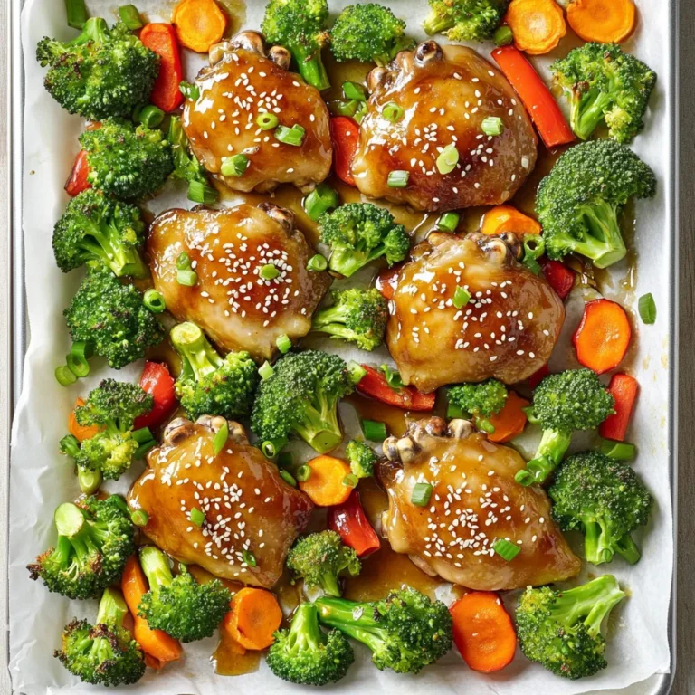 - 4 bone-in, skin-on chicken thighs - 1/4 cup honey - 1/4 cup soy sauce (low sodium) The main stars of this dish are the chicken thighs. They have rich flavor and juicy meat. The honey adds sweetness, while the soy sauce gives a savory kick. This mix makes a nice glaze that coats the chicken well. - 1 cup broccoli florets - 1 cup baby carrots - 1 red bell pepper, sliced Adding vegetables makes the dish colorful and healthy. Broccoli gives a nice crunch. Baby carrots add sweetness, and red bell pepper brings brightness. Each veggie cooks well and absorbs the honey garlic flavor. - 4 cloves garlic, minced - 1 tablespoon fresh ginger, grated - 1 tablespoon sesame seeds (for garnish) - 2 green onions, sliced (for garnish) Garlic and ginger are key for flavor. They add depth and aroma. After cooking, sprinkle sesame seeds and green onions on top. This makes the dish look great and adds a fresh taste. First, you need to preheat your oven to 425°F (220°C). This high heat helps the chicken and veggies cook quickly. Next, take a large baking sheet and line it with parchment paper. This step makes cleanup easy and keeps the food from sticking. In a mixing bowl, combine the following ingredients: - 1/4 cup honey - 1/4 cup soy sauce (low sodium recommended) - 4 cloves garlic, minced - 1 tablespoon fresh ginger, grated - 1 tablespoon olive oil - Salt and pepper to taste Whisk these together until smooth. This marinade gives the chicken a sweet and savory flavor. Now, place the chicken thighs on the prepared baking sheet. Pour half of the honey garlic marinade over the chicken. Make sure each piece is coated well. Set aside the other half of the marinade for later. Next, add 1 cup of broccoli florets, 1 cup of baby carrots, and 1 sliced red bell pepper around the chicken. Drizzle these veggies with a bit of olive oil, salt, and pepper. Toss them gently to coat. Put the baking sheet in your preheated oven. Roast everything for 25-30 minutes. The chicken should reach an internal temperature of 165°F (74°C). Check the veggies too; they should be tender. Halfway through cooking, brush the remaining honey garlic marinade over the chicken. This step boosts the flavor even more. Once cooked, take the baking sheet out of the oven. Let the chicken rest for 5 minutes. This resting time makes the chicken juicy. Finally, garnish with sesame seeds and sliced green onions before serving. This dish looks great and tastes even better! To check for doneness, use a meat thermometer. Insert it into the thickest part of the chicken thigh. Aim for an internal temperature of 165°F (74°C) to ensure safety. If you don’t have a thermometer, cut into the chicken. The juices should run clear without pink. This method gives you a visual check. To boost flavor, consider adding more garlic or fresh herbs. Cilantro or parsley can brighten the dish. You might sprinkle some red pepper flakes for heat. A splash of orange juice adds a nice zest. These simple tweaks can change the flavor profile. For an elegant look, serve chicken and veggies on a large platter. Drizzle extra marinade over the top for gloss. Scatter sesame seeds and green onions as a garnish. Adding lime wedges gives a pop of color. This makes the dish look as good as it tastes. {{image_2}} You can swap chicken thighs for other meats. Try bone-in chicken breasts for a leaner option. They cook well but may dry out faster, so watch them closely. Pork chops also work great, bringing a different flavor. If you want a meatless meal, use tofu. Firm tofu absorbs flavors well and adds protein. Feel free to mix up the veggies. Green beans add a nice crunch and cook quickly. Cauliflower florets soak up the honey garlic sauce, making it tasty. Zucchini slices can be a fun change, too. They cook fast and are easy to prepare. Just remember to cut them thick enough to stay firm. Add spices to boost flavor. A pinch of red pepper flakes brings heat. Try smoked paprika for a smoky touch. You can also use different sauces. Teriyaki sauce works well instead of soy. For a tropical vibe, use pineapple juice in your marinade. Each choice gives a new twist to your dish! To keep your Sheet-Pan Honey Garlic Chicken Thighs fresh, store the leftovers in an airtight container. Let the chicken cool down before sealing it up. You can keep it in the fridge for up to three days. When you’re ready to eat, just reheat it in the oven or microwave. This way, you keep all the tasty flavors intact. If you want to save some for later, freezing is a great option. Place the chicken and veggies in a freezer-safe bag or container. Make sure to squeeze out as much air as possible to avoid freezer burn. You can freeze the dish for up to three months. When you’re ready to enjoy it again, thaw it in the fridge overnight. Then, reheat it in the oven until hot. When stored properly, your chicken dish will stay fresh for up to three days in the fridge. If you freeze it, you can enjoy it for up to three months. Always check for any signs of spoilage before eating. This way, you ensure that every bite is delicious and safe. Yes, you can use bone-in chicken thighs. Skin-on adds crispiness and flavor. Skinless thighs cook faster and are lower in fat. If you use skinless thighs, watch cooking time closely. Bone-in thighs keep meat moist and tender. Both options work well, so choose what you prefer. Pair this dish with rice or quinoa. They soak up the tasty sauce. Steamed or roasted veggies make a great side too. You can also serve a fresh salad for crunch. Garlic bread adds a nice touch as well. Consider these sides to round out your meal. Use a meat thermometer to check the chicken. The safe internal temperature is 165°F (74°C). Insert the thermometer into the thickest part of the thigh. If you don’t have a thermometer, cut into the chicken. The juices should run clear, not pink. Always ensure your chicken is fully cooked for safety. This blog post shared a simple and tasty recipe for Honey Garlic Chicken. You learned about the main ingredients like chicken thighs, honey, and low-sodium soy sauce. The step-by-step guide ensured easy prep, cooking, and presentation. I also shared tips for perfect results and variations to suit your taste. Remember, making this dish is not just about dinner; it's about joy. Enjoy every bite!