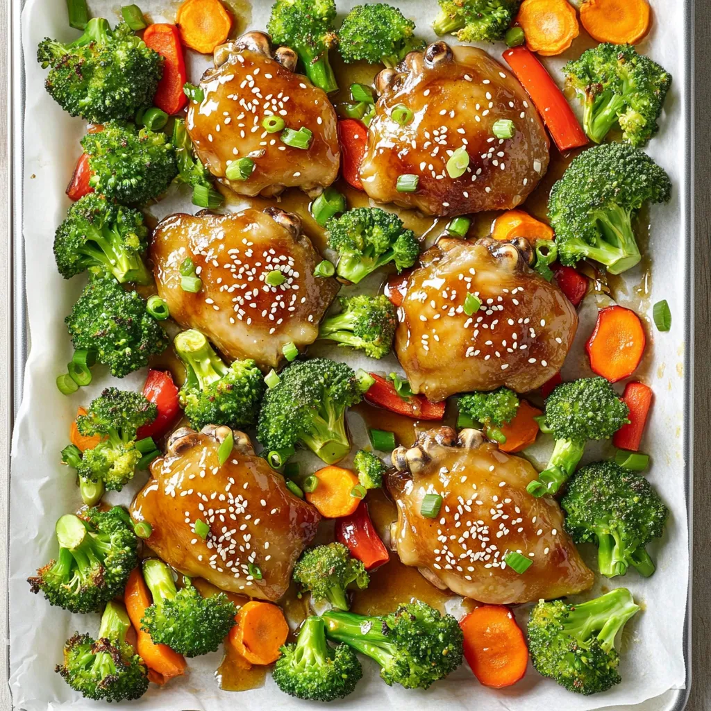 - 4 bone-in, skin-on chicken thighs - 1/4 cup honey - 1/4 cup soy sauce (low sodium) The main stars of this dish are the chicken thighs. They have rich flavor and juicy meat. The honey adds sweetness, while the soy sauce gives a savory kick. This mix makes a nice glaze that coats the chicken well. - 1 cup broccoli florets - 1 cup baby carrots - 1 red bell pepper, sliced Adding vegetables makes the dish colorful and healthy. Broccoli gives a nice crunch. Baby carrots add sweetness, and red bell pepper brings brightness. Each veggie cooks well and absorbs the honey garlic flavor. - 4 cloves garlic, minced - 1 tablespoon fresh ginger, grated - 1 tablespoon sesame seeds (for garnish) - 2 green onions, sliced (for garnish) Garlic and ginger are key for flavor. They add depth and aroma. After cooking, sprinkle sesame seeds and green onions on top. This makes the dish look great and adds a fresh taste. First, you need to preheat your oven to 425°F (220°C). This high heat helps the chicken and veggies cook quickly. Next, take a large baking sheet and line it with parchment paper. This step makes cleanup easy and keeps the food from sticking. In a mixing bowl, combine the following ingredients: - 1/4 cup honey - 1/4 cup soy sauce (low sodium recommended) - 4 cloves garlic, minced - 1 tablespoon fresh ginger, grated - 1 tablespoon olive oil - Salt and pepper to taste Whisk these together until smooth. This marinade gives the chicken a sweet and savory flavor. Now, place the chicken thighs on the prepared baking sheet. Pour half of the honey garlic marinade over the chicken. Make sure each piece is coated well. Set aside the other half of the marinade for later. Next, add 1 cup of broccoli florets, 1 cup of baby carrots, and 1 sliced red bell pepper around the chicken. Drizzle these veggies with a bit of olive oil, salt, and pepper. Toss them gently to coat. Put the baking sheet in your preheated oven. Roast everything for 25-30 minutes. The chicken should reach an internal temperature of 165°F (74°C). Check the veggies too; they should be tender. Halfway through cooking, brush the remaining honey garlic marinade over the chicken. This step boosts the flavor even more. Once cooked, take the baking sheet out of the oven. Let the chicken rest for 5 minutes. This resting time makes the chicken juicy. Finally, garnish with sesame seeds and sliced green onions before serving. This dish looks great and tastes even better! To check for doneness, use a meat thermometer. Insert it into the thickest part of the chicken thigh. Aim for an internal temperature of 165°F (74°C) to ensure safety. If you don’t have a thermometer, cut into the chicken. The juices should run clear without pink. This method gives you a visual check. To boost flavor, consider adding more garlic or fresh herbs. Cilantro or parsley can brighten the dish. You might sprinkle some red pepper flakes for heat. A splash of orange juice adds a nice zest. These simple tweaks can change the flavor profile. For an elegant look, serve chicken and veggies on a large platter. Drizzle extra marinade over the top for gloss. Scatter sesame seeds and green onions as a garnish. Adding lime wedges gives a pop of color. This makes the dish look as good as it tastes. {{image_2}} You can swap chicken thighs for other meats. Try bone-in chicken breasts for a leaner option. They cook well but may dry out faster, so watch them closely. Pork chops also work great, bringing a different flavor. If you want a meatless meal, use tofu. Firm tofu absorbs flavors well and adds protein. Feel free to mix up the veggies. Green beans add a nice crunch and cook quickly. Cauliflower florets soak up the honey garlic sauce, making it tasty. Zucchini slices can be a fun change, too. They cook fast and are easy to prepare. Just remember to cut them thick enough to stay firm. Add spices to boost flavor. A pinch of red pepper flakes brings heat. Try smoked paprika for a smoky touch. You can also use different sauces. Teriyaki sauce works well instead of soy. For a tropical vibe, use pineapple juice in your marinade. Each choice gives a new twist to your dish! To keep your Sheet-Pan Honey Garlic Chicken Thighs fresh, store the leftovers in an airtight container. Let the chicken cool down before sealing it up. You can keep it in the fridge for up to three days. When you’re ready to eat, just reheat it in the oven or microwave. This way, you keep all the tasty flavors intact. If you want to save some for later, freezing is a great option. Place the chicken and veggies in a freezer-safe bag or container. Make sure to squeeze out as much air as possible to avoid freezer burn. You can freeze the dish for up to three months. When you’re ready to enjoy it again, thaw it in the fridge overnight. Then, reheat it in the oven until hot. When stored properly, your chicken dish will stay fresh for up to three days in the fridge. If you freeze it, you can enjoy it for up to three months. Always check for any signs of spoilage before eating. This way, you ensure that every bite is delicious and safe. Yes, you can use bone-in chicken thighs. Skin-on adds crispiness and flavor. Skinless thighs cook faster and are lower in fat. If you use skinless thighs, watch cooking time closely. Bone-in thighs keep meat moist and tender. Both options work well, so choose what you prefer. Pair this dish with rice or quinoa. They soak up the tasty sauce. Steamed or roasted veggies make a great side too. You can also serve a fresh salad for crunch. Garlic bread adds a nice touch as well. Consider these sides to round out your meal. Use a meat thermometer to check the chicken. The safe internal temperature is 165°F (74°C). Insert the thermometer into the thickest part of the thigh. If you don’t have a thermometer, cut into the chicken. The juices should run clear, not pink. Always ensure your chicken is fully cooked for safety. This blog post shared a simple and tasty recipe for Honey Garlic Chicken. You learned about the main ingredients like chicken thighs, honey, and low-sodium soy sauce. The step-by-step guide ensured easy prep, cooking, and presentation. I also shared tips for perfect results and variations to suit your taste. Remember, making this dish is not just about dinner; it's about joy. Enjoy every bite!