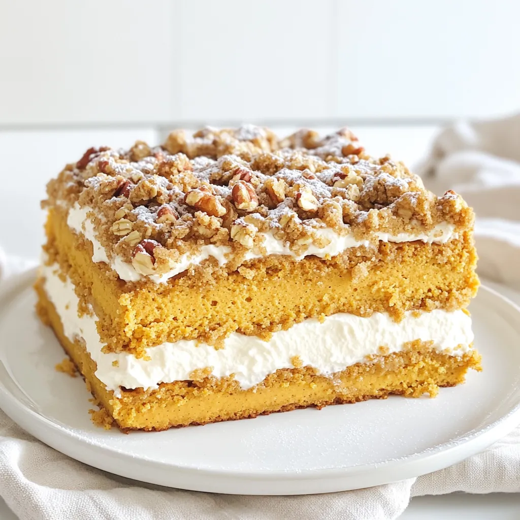 - 1 ½ cups all-purpose flour - 1 teaspoon baking powder - 1 teaspoon baking soda - 1 teaspoon ground cinnamon - ½ teaspoon ground nutmeg - ½ teaspoon salt - ½ cup unsalted butter, softened - 1 cup granulated sugar - 2 large eggs - 1 cup canned pumpkin puree - 1 teaspoon vanilla extract - 8 oz cream cheese, softened - ½ cup powdered sugar - ½ cup chopped pecans (optional) - 1 cup brown sugar - ½ cup rolled oats Using fresh ingredients makes this cake taste even better. The pumpkin puree gives a rich flavor. I love to use canned pumpkin for its convenience, but fresh works too. - You can add chocolate chips or dried fruits for a twist. - If you're gluten-free, consider using a gluten-free flour blend. - For a dairy-free option, choose a vegan cream cheese. Feel free to adjust these ingredients based on your taste. This recipe is flexible, so make it your own! - Preheat your oven to 350°F (175°C). - Grease a 9x13-inch baking pan well. This helps the cake come out easily. - In a medium bowl, combine the brown sugar, rolled oats, and chopped pecans. - Add ½ cup of softened butter to the bowl. Mix with your fingers until it looks crumbly. Set this aside for later. - In another bowl, beat 8 oz of softened cream cheese with ½ cup of powdered sugar until smooth. This mixture will add a creamy layer to your cake. - In a large bowl, whisk together 1 ½ cups of all-purpose flour, 1 teaspoon of baking powder, 1 teaspoon of baking soda, 1 teaspoon of ground cinnamon, ½ teaspoon of ground nutmeg, and ½ teaspoon of salt. - In a separate bowl, cream ½ cup of softened butter with 1 cup of granulated sugar until it looks light and fluffy. - Add 2 large eggs one at a time, mixing well after each. Stir in 1 cup of canned pumpkin puree and 1 teaspoon of vanilla extract. - Gradually mix the dry ingredients into the wet mixture until just combined. - Pour half of the batter into the prepared baking pan and spread it evenly. - Drop spoonfuls of the cream cheese filling over the batter. Carefully spread it out. - Pour the rest of the batter over the cream cheese filling. - Evenly sprinkle the crumb topping over the top of the cake batter. - Bake in the preheated oven for 45-50 minutes. A toothpick inserted in the center should come out clean. To get the best texture for your pumpkin cream cheese crumb cake, avoid overmixing. When you mix, do it just until the ingredients come together. This keeps your cake light and fluffy. After baking, let the cake cool in the pan for at least 15 minutes. This helps set the cake and makes it easier to cut into squares. For a delightful presentation, dust the cake with powdered sugar right before serving. A dollop of whipped cream adds a rich touch. This cake is perfect for fall gatherings, holidays, or cozy evenings at home. Serve it warm for a comforting treat that everyone will love. Watch the baking time closely. If you bake it too long, the cake can dry out. Always check with a toothpick; it should come out clean but not dry. Also, be careful with your ingredients. Using cold cream cheese or butter can lead to lumps in the filling. Make sure they are softened for a smooth mix. {{image_2}} You can add fun twists to this cake. Try mixing in chocolate chips for a rich taste. Dried fruits like cranberries or raisins also work great. They add a sweet, chewy texture. For nut lovers, you can swap the pecans for walnuts or almonds. Each nut brings a unique crunch and flavor. If you need gluten-free options, use almond flour or a gluten-free blend. For dairy-free needs, look for plant-based cream cheese. There are many brands that taste great in this recipe. You can also make this cake vegan. Use flax eggs instead of real eggs. This keeps the texture moist while being plant-based. Seasoning can change the whole vibe of the cake. You can add spices like ginger or cloves for extra warmth. These spices enhance the pumpkin flavor nicely. For a fresh touch, consider using real pumpkin instead of canned. Fresh pumpkin makes the cake taste even better! Just cook and puree the pumpkin before adding it to the batter. To store your pumpkin cream cheese crumb cake, let it cool first. After cooling, place it in an airtight container. This keeps the cake fresh and moist. You can also wrap it tightly in plastic wrap. Make sure to store it in the fridge. It will stay good for about three days. You can freeze this cake for later enjoyment. First, let the cake cool completely. Cut it into squares for easy portions. Wrap each piece tightly in plastic wrap. Then, put the wrapped pieces in a freezer bag. Label the bag with the date. The cake can last up to three months in the freezer. To reheat your cake, you have two great options. You can use the microwave or the oven. - Microwave: Heat a slice for about 20 seconds. Check if it’s warm enough. If not, heat in short bursts. - Oven: Preheat the oven to 350°F (175°C). Place the cake on a baking sheet. Heat for about 10 minutes. This keeps the cake nice and soft. These methods help maintain the cake’s texture and flavor. Enjoy your tasty treat anytime! Pumpkin Cream Cheese Crumb Cake stays fresh in the fridge for up to five days. Store it in an airtight container to keep it moist. If you want to keep it longer, you can freeze the cake. It lasts well in the freezer for about three months. Wrap it tightly in plastic wrap, then foil, for best results. Yes, you can make this cake ahead of time. Bake it a day or two before you plan to serve it. Let it cool completely, then cover and store it in the fridge. This allows the flavors to meld beautifully. If you want to bake it even earlier, freeze it after cooling. Just thaw it in the fridge before serving. If you need a substitute for cream cheese, you have a few options. You can use Greek yogurt for a tangy twist. Mascarpone cheese is a rich option too. For dairy-free choices, try silken tofu blended until smooth. Each option will give a unique flavor, but they all work well in this cake. Yes, you can make this cake gluten-free. Substitute the all-purpose flour with a gluten-free blend. Look for a blend that contains xanthan gum for better texture. Almond flour or coconut flour are also great options, but you may need to adjust the liquid in the recipe. Experimenting can lead to delicious results! This blog post covered everything you need for the Pumpkin Cream Cheese Crumb Cake. We discussed the ingredients, gave step-by-step instructions, and provided tips for serving and storage. Remember, you can adjust flavors and ingredients to suit your taste. Avoid common mistakes for the best results. Enjoy your baking journey! Each cake you make can be a new experience. Happy baking!