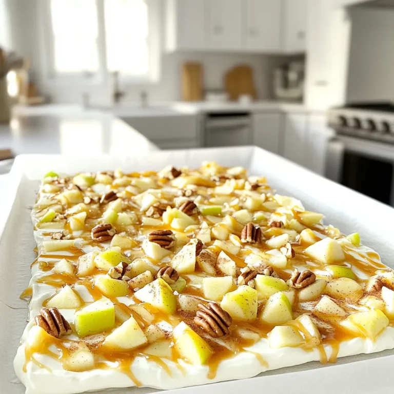 - 2 cups Greek yogurt (plain or vanilla) - 1 large apple, diced (preferably Granny Smith for a tart flavor) - 1/4 cup caramel sauce (store-bought or homemade) - 1/4 cup chopped pecans or walnuts - 1 tablespoon cinnamon - A pinch of sea salt When making caramel apple yogurt bark, the ingredients shine through. The Greek yogurt gives a creamy base. You can choose plain or vanilla. I recommend using Greek yogurt for its thick texture and protein. The diced apple adds a crisp bite. Granny Smith apples work best because they balance the sweetness. Next, the caramel sauce adds that delightful, sweet touch. You can use store-bought caramel for ease. If you're feeling adventurous, making your own caramel sauce can be fun! The chopped pecans or walnuts bring a nice crunch. They also add healthy fats and protein. Cinnamon and sea salt enhance all the flavors. Cinnamon gives warmth, while sea salt cuts through the sweetness. Just a pinch of salt can elevate this treat to another level. - Baking sheet - Parchment paper - Mixing bowl - Spatula Having the right tools makes this recipe easy. A baking sheet is essential to hold your yogurt bark. Parchment paper prevents sticking and helps with clean-up. You will need a mixing bowl to combine the yogurt, cinnamon, and salt. A spatula will help spread the yogurt on the baking sheet evenly. With these ingredients and tools, you are ready to create a delicious treat. Each bite of caramel apple yogurt bark will be a delightful mix of flavors and textures. - Line the baking sheet with parchment paper. This helps prevent sticking. - In a medium bowl, mix Greek yogurt with cinnamon and a pinch of sea salt. Stir until smooth. This adds a warm flavor to the yogurt. - Spread the yogurt mixture evenly on the baking sheet. Aim for about 1/4 inch thick. - Distribute the diced apples across the yogurt layer. Press them down gently so they stick. - Drizzle caramel sauce over the apple pieces. Make sure to cover them well. - Sprinkle the chopped nuts over the top for a nice crunch. - Use a spatula to swirl the caramel into the yogurt. This creates a pretty marbled look. - Place the baking sheet in the freezer. Freeze for at least 3-4 hours until solid. - Once frozen, let it sit for about 5 minutes. This makes it easier to cut. - Break or cut into pieces. Enjoy your delicious, healthy treat! - Serve with fresh fruit or a scoop of yogurt for a fun twist. To keep your yogurt bark smooth, avoid ice crystals. Freeze it at a steady, cold temperature. If you freeze it too slowly, ice can form. This can make your bark icy and less tasty. A good trick is to spread the yogurt evenly. Aim for about 1/4 inch thick. This helps it freeze evenly and makes it easy to cut later. Ensure an even layer of toppings. After you spread the yogurt, press the diced apples gently. This keeps them from floating on top of the yogurt. Drizzle the caramel sauce evenly over the apples. This way, every bite gets that sweet, gooey taste. Adding vanilla extract makes your yogurt bark richer. Just a splash can deepen the flavor. You can also experiment with spices. Try nutmeg or ginger for a new twist. Just a pinch can change the whole taste. Pair your yogurt bark with fresh fruits or nuts. Slices of banana or berries add color and flavor. You can also serve it with yogurt dip for extra fun. For gatherings, cut the bark into fun shapes. Use cookie cutters for stars or hearts. This makes it a hit with kids and adults alike! {{image_2}} You can switch apples for any fruit you like. Bananas work well, adding a soft texture. Berries like strawberries or blueberries give a burst of flavor and color. Seasonal fruits are great, too. In summer, use peaches or cherries. In fall, try pears or pomegranates. Each fruit brings a new taste to your yogurt bark. If you want different nuts, use almonds or pistachios for a tasty twist. You can also use seeds like sunflower or pumpkin seeds. If you need it nut-free, skip the nuts altogether. The yogurt bark will still be delicious and crunchy without them. For a vegan option, swap Greek yogurt for a plant-based yogurt. Almond or coconut yogurt is a great choice. You can also find vegan caramel sauce or make your own. If you need gluten-free ingredients, check that your yogurt and caramel are safe. This way, everyone can enjoy your caramel apple yogurt bark. To keep your yogurt bark fresh, store it in the freezer. First, cut the bark into pieces. Then, place the pieces in an airtight container. You can also wrap them in plastic wrap. This keeps them from sticking together. For best results, layer parchment paper between the pieces. When you want to eat some, take out only what you need. Let it sit for a few minutes to soften before eating. Yogurt bark can last in the freezer for up to three months. After that, it may lose flavor and texture. If you notice ice crystals forming, this can be a sign of freezer burn. Also, if the bark looks discolored or smells off, it’s best to toss it. Always check for these signs before enjoying your treat. If you have leftover yogurt bark pieces, don’t waste them! You can blend the pieces into smoothies for a creamy texture. You can also crumble them over oatmeal or yogurt for added crunch. Another fun idea is to use them in parfaits with fresh fruit. Get creative and enjoy the tasty ways to use your yogurt bark! Can I use regular yogurt instead of Greek yogurt? Yes, you can use regular yogurt. However, Greek yogurt has a thicker texture. This makes the bark creamier. If you use regular yogurt, the bark may be less firm. How do I make homemade caramel sauce? To make caramel sauce, melt sugar in a pan over medium heat. Stir until it turns golden brown. Slowly add in cream and butter. Mix well until smooth. Let it cool before using. Caloric content and health benefits Each piece of this bark has about 100 calories. It offers protein from yogurt and fiber from apples. The nuts add healthy fats. This treat is both tasty and nutritious. Is this recipe good for meal prep? Yes, this recipe is great for meal prep. You can make it in advance and store it in the freezer. Grab a piece when you need a quick snack. It’s ready in seconds! How to adjust sweetness levels You can change the sweetness by adding more or less caramel sauce. Taste the yogurt mix before freezing. If you like it sweeter, drizzle more caramel on top. Can I skip the nuts? Absolutely! If you prefer, skip the nuts. You can replace them with seeds for crunch. Or, you can leave them out completely for a nut-free treat. In this post, we explored how to make yogurt bark with Greek yogurt, apples, nuts, and toppings. I shared tips on preparation, freezing, and serving for the best results. You can customize it to fit your taste and dietary needs. This recipe is simple, fun, and great for snacks or gatherings. Enjoy experimenting with flavors and variations. Make it your own and have fun with every bite!