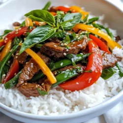 - 1 lb flank steak, thinly sliced against the grain - 2 tablespoons vegetable oil - 4 cloves garlic, minced - 2-3 Thai bird chilies, finely chopped Flank steak brings a rich flavor and tender texture to the dish. When you slice it against the grain, it stays juicy. Vegetable oil works best for stir-frying, as it has a high smoke point. Garlic adds aroma, while Thai chilies bring heat. Adjust the number of chilies based on your spice preference. - 1 tablespoon soy sauce - 1 tablespoon oyster sauce - 1 tablespoon fish sauce - 1 tablespoon brown sugar These sauces are key to the dish's umami flavor. Soy sauce adds saltiness, while oyster sauce gives a sweet depth. Fish sauce contributes a salty kick. Brown sugar balances the flavors with sweetness. Together, they create a rich sauce that coats the beef and veggies well. - 1 red bell pepper, sliced - 1 cup green beans, trimmed - 1 cup fresh Thai basil leaves Red bell pepper adds color and sweetness. Green beans provide a nice crunch. Fresh Thai basil gives a unique aroma that makes the dish special. When you fold the basil in at the end, it wilts and releases its flavor, adding freshness to each bite. {{ingredient_image_1}} - In a large bowl, combine the sliced flank steak with soy sauce, oyster sauce, fish sauce, and brown sugar. - Mix well to coat the meat evenly. - Allow the beef to marinate for at least 15 minutes. This step adds flavor and tenderizes the meat. - Heat 2 tablespoons of vegetable oil in a large wok over medium-high heat. Wait until the oil shimmers. - Add the marinated beef to the hot wok. Spread it out in a single layer. Cook for 2-3 minutes until it turns brown and crispy. Remove the beef and set it aside. - In the same wok, add 4 minced garlic cloves and 2-3 finely chopped Thai bird chilies. Stir for about 30 seconds until they smell great. Be careful not to burn the garlic. - Toss in 1 sliced red bell pepper and 1 cup of trimmed green beans. Stir-fry for 2-3 minutes until the veggies are bright and slightly tender. - Return the cooked beef to the wok. Quickly toss everything together for another minute to mix the flavors. - Finally, take the wok off the heat and fold in 1 cup of fresh Thai basil leaves. The heat will wilt the basil perfectly. - Serve the stir fry over bowls of hot jasmine rice. - You can add extra basil on top for a fresh touch. - This dish serves 4, so plan your portions to share with family or friends. - Use a high heat to stir-fry. This gives you the best texture. - Cook the beef in small batches. This keeps it from steaming and helps it brown. - Thinly slice the flank steak against the grain. This makes it tender and easy to chew. - Keep your wok or skillet hot. This helps to seal in the juices of the meat. To achieve the right doneness for beef, cook it for just 2-3 minutes. You want it browned but not overcooked. Remove it from the pan before adding garlic and chilies. This keeps the beef juicy and tender. If you need alternatives, try these options: - Swap flank steak for chicken or tofu for a lighter meal. - Instead of soy sauce, use tamari for a gluten-free option. - You can replace oyster sauce with hoisin sauce if you want a sweeter flavor. - Use bell peppers or snap peas if you can’t find green beans. Adjust these bases to fit your diet. This makes the dish more personal and enjoyable. To modify heat with chilies, add more or fewer Thai bird chilies. Start with one for mild heat, then increase as you like. Balance flavors by adding sugar or more soy sauce. This can help counteract too much heat. Taste as you go to find your perfect mix. Pro Tips Marinating Time: For optimal flavor, marinate the beef for at least 30 minutes, or even overnight in the refrigerator if time permits. Adjusting Spice Levels: If you prefer a milder dish, remove the seeds from the Thai bird chilies before chopping them, or substitute with milder peppers. Wok Cooking: Ensure your wok is very hot before adding the beef to achieve a nice sear and prevent steaming. Fresh Basil: Add the Thai basil at the end of cooking for the best flavor and to preserve its vibrant color and nutrients. {{image_2}} You can swap the flank steak for other proteins. Chicken works well and cooks quickly. Just slice it thin like the beef. Tofu is a great choice for a plant-based meal. Use firm tofu and press it to remove excess water. For seafood lovers, shrimp or scallops can add a fresh twist. Just cook them until they turn pink, then follow the same steps. If you prefer no meat, load up on veggies. Bell peppers, green beans, and carrots add color and crunch. You can also add mushrooms or zucchini for more texture. For sauce, replace fish sauce with soy sauce or a vegan alternative. Look for plant-based oyster sauce too. These swaps keep the dish flavorful and satisfying. Thai basil beef stir fry can change by region. In some areas, cooks add different sauces or spices. For example, in Southern Thailand, they might use more chilies for heat. Other Southeast Asian cuisines have unique takes too. Vietnamese dishes often add more herbs, while Malaysian versions might include coconut milk for creaminess. Exploring these variations can give you new ideas for your stir-fry. To store leftover Thai basil beef stir fry, follow these steps: - Refrigeration: Place the stir fry in an airtight container. This keeps it fresh. Store in the fridge for up to three days. - Freezing: For longer storage, freeze the stir fry. Use a freezer-safe container or bag. It will last up to three months in the freezer. Reheating your stir fry can be easy and quick. Here are some methods: - Stovetop: Heat a pan over medium heat. Add a splash of water or broth. This helps keep moisture. Stir until heated through. - Microwave: Place the stir fry in a microwave-safe bowl. Add a few drops of water. Cover with a lid or microwave-safe wrap. Heat for one to two minutes. Stir halfway for even heating. Knowing how long your dish lasts is key: - Refrigerator: Thai basil beef stir fry lasts up to three days when stored properly. - Signs of Spoilage: Look for changes in smell, color, or texture. If it smells sour or looks slimy, it’s best to toss it. Always trust your senses! You can serve this dish with many sides. Here are some tasty options: - Cooked jasmine rice - Steamed broccoli - Stir-fried bok choy - Fresh cucumber salad - Spring rolls These sides add flavor and balance to your meal. Jasmine rice soaks up the sauce well. Fresh salads bring crunch and brightness. You can mix and match to please everyone at the table. Using dried Thai basil changes the taste. Fresh basil has a sweet and fragrant flavor. Dried basil is more subtle. You can use it in a pinch, but the dish won’t taste the same. If you choose dried basil, use less than fresh. Start with one teaspoon and adjust to your taste. It won’t wilt like fresh basil, so add it earlier in the cooking process. To cut down on grease, try these tips: - Use less oil in the wok. Start with one tablespoon. - Cook on high heat to sear quickly. This helps reduce oil absorption. - Drain excess oil from the meat before adding vegetables. - Use lean cuts of beef, like flank steak, to lower fat content. These steps help keep your stir fry light and healthy. You can enjoy all the flavors without the heaviness. This blog post covered the key steps to making a great Thai basil beef stir-fry. You learned about essential ingredients like flank steak, garlic, and fresh veggies. I shared tips on cooking techniques and ways to adjust the dish to suit your taste. In the end, cooking should be fun and flexible. Don't be scared to experiment. Enjoy every bite and make it your own!