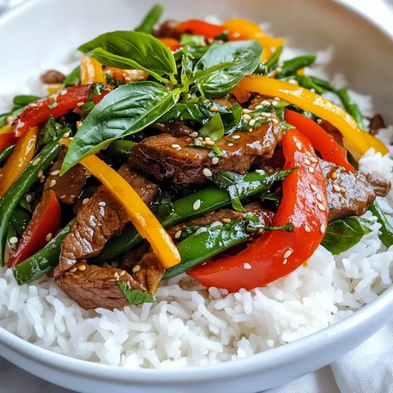 - 1 lb flank steak, thinly sliced against the grain - 2 tablespoons vegetable oil - 4 cloves garlic, minced - 2-3 Thai bird chilies, finely chopped Flank steak brings a rich flavor and tender texture to the dish. When you slice it against the grain, it stays juicy. Vegetable oil works best for stir-frying, as it has a high smoke point. Garlic adds aroma, while Thai chilies bring heat. Adjust the number of chilies based on your spice preference. - 1 tablespoon soy sauce - 1 tablespoon oyster sauce - 1 tablespoon fish sauce - 1 tablespoon brown sugar These sauces are key to the dish's umami flavor. Soy sauce adds saltiness, while oyster sauce gives a sweet depth. Fish sauce contributes a salty kick. Brown sugar balances the flavors with sweetness. Together, they create a rich sauce that coats the beef and veggies well. - 1 red bell pepper, sliced - 1 cup green beans, trimmed - 1 cup fresh Thai basil leaves Red bell pepper adds color and sweetness. Green beans provide a nice crunch. Fresh Thai basil gives a unique aroma that makes the dish special. When you fold the basil in at the end, it wilts and releases its flavor, adding freshness to each bite. {{ingredient_image_1}} - In a large bowl, combine the sliced flank steak with soy sauce, oyster sauce, fish sauce, and brown sugar. - Mix well to coat the meat evenly. - Allow the beef to marinate for at least 15 minutes. This step adds flavor and tenderizes the meat. - Heat 2 tablespoons of vegetable oil in a large wok over medium-high heat. Wait until the oil shimmers. - Add the marinated beef to the hot wok. Spread it out in a single layer. Cook for 2-3 minutes until it turns brown and crispy. Remove the beef and set it aside. - In the same wok, add 4 minced garlic cloves and 2-3 finely chopped Thai bird chilies. Stir for about 30 seconds until they smell great. Be careful not to burn the garlic. - Toss in 1 sliced red bell pepper and 1 cup of trimmed green beans. Stir-fry for 2-3 minutes until the veggies are bright and slightly tender. - Return the cooked beef to the wok. Quickly toss everything together for another minute to mix the flavors. - Finally, take the wok off the heat and fold in 1 cup of fresh Thai basil leaves. The heat will wilt the basil perfectly. - Serve the stir fry over bowls of hot jasmine rice. - You can add extra basil on top for a fresh touch. - This dish serves 4, so plan your portions to share with family or friends. - Use a high heat to stir-fry. This gives you the best texture. - Cook the beef in small batches. This keeps it from steaming and helps it brown. - Thinly slice the flank steak against the grain. This makes it tender and easy to chew. - Keep your wok or skillet hot. This helps to seal in the juices of the meat. To achieve the right doneness for beef, cook it for just 2-3 minutes. You want it browned but not overcooked. Remove it from the pan before adding garlic and chilies. This keeps the beef juicy and tender. If you need alternatives, try these options: - Swap flank steak for chicken or tofu for a lighter meal. - Instead of soy sauce, use tamari for a gluten-free option. - You can replace oyster sauce with hoisin sauce if you want a sweeter flavor. - Use bell peppers or snap peas if you can’t find green beans. Adjust these bases to fit your diet. This makes the dish more personal and enjoyable. To modify heat with chilies, add more or fewer Thai bird chilies. Start with one for mild heat, then increase as you like. Balance flavors by adding sugar or more soy sauce. This can help counteract too much heat. Taste as you go to find your perfect mix. Pro Tips Marinating Time: For optimal flavor, marinate the beef for at least 30 minutes, or even overnight in the refrigerator if time permits. Adjusting Spice Levels: If you prefer a milder dish, remove the seeds from the Thai bird chilies before chopping them, or substitute with milder peppers. Wok Cooking: Ensure your wok is very hot before adding the beef to achieve a nice sear and prevent steaming. Fresh Basil: Add the Thai basil at the end of cooking for the best flavor and to preserve its vibrant color and nutrients. {{image_2}} You can swap the flank steak for other proteins. Chicken works well and cooks quickly. Just slice it thin like the beef. Tofu is a great choice for a plant-based meal. Use firm tofu and press it to remove excess water. For seafood lovers, shrimp or scallops can add a fresh twist. Just cook them until they turn pink, then follow the same steps. If you prefer no meat, load up on veggies. Bell peppers, green beans, and carrots add color and crunch. You can also add mushrooms or zucchini for more texture. For sauce, replace fish sauce with soy sauce or a vegan alternative. Look for plant-based oyster sauce too. These swaps keep the dish flavorful and satisfying. Thai basil beef stir fry can change by region. In some areas, cooks add different sauces or spices. For example, in Southern Thailand, they might use more chilies for heat. Other Southeast Asian cuisines have unique takes too. Vietnamese dishes often add more herbs, while Malaysian versions might include coconut milk for creaminess. Exploring these variations can give you new ideas for your stir-fry. To store leftover Thai basil beef stir fry, follow these steps: - Refrigeration: Place the stir fry in an airtight container. This keeps it fresh. Store in the fridge for up to three days. - Freezing: For longer storage, freeze the stir fry. Use a freezer-safe container or bag. It will last up to three months in the freezer. Reheating your stir fry can be easy and quick. Here are some methods: - Stovetop: Heat a pan over medium heat. Add a splash of water or broth. This helps keep moisture. Stir until heated through. - Microwave: Place the stir fry in a microwave-safe bowl. Add a few drops of water. Cover with a lid or microwave-safe wrap. Heat for one to two minutes. Stir halfway for even heating. Knowing how long your dish lasts is key: - Refrigerator: Thai basil beef stir fry lasts up to three days when stored properly. - Signs of Spoilage: Look for changes in smell, color, or texture. If it smells sour or looks slimy, it’s best to toss it. Always trust your senses! You can serve this dish with many sides. Here are some tasty options: - Cooked jasmine rice - Steamed broccoli - Stir-fried bok choy - Fresh cucumber salad - Spring rolls These sides add flavor and balance to your meal. Jasmine rice soaks up the sauce well. Fresh salads bring crunch and brightness. You can mix and match to please everyone at the table. Using dried Thai basil changes the taste. Fresh basil has a sweet and fragrant flavor. Dried basil is more subtle. You can use it in a pinch, but the dish won’t taste the same. If you choose dried basil, use less than fresh. Start with one teaspoon and adjust to your taste. It won’t wilt like fresh basil, so add it earlier in the cooking process. To cut down on grease, try these tips: - Use less oil in the wok. Start with one tablespoon. - Cook on high heat to sear quickly. This helps reduce oil absorption. - Drain excess oil from the meat before adding vegetables. - Use lean cuts of beef, like flank steak, to lower fat content. These steps help keep your stir fry light and healthy. You can enjoy all the flavors without the heaviness. This blog post covered the key steps to making a great Thai basil beef stir-fry. You learned about essential ingredients like flank steak, garlic, and fresh veggies. I shared tips on cooking techniques and ways to adjust the dish to suit your taste. In the end, cooking should be fun and flexible. Don't be scared to experiment. Enjoy every bite and make it your own!