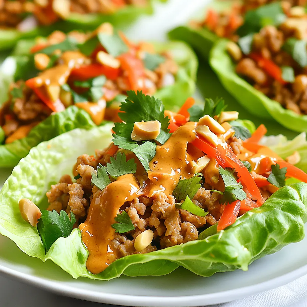 - 1 lb ground chicken - 2 tablespoons peanut butter - 2 tablespoons soy sauce (or tamari for gluten-free) - 1 tablespoon honey - 1 tablespoon sriracha (adjust to taste) - 1 tablespoon sesame oil - 2 cloves garlic, minced - 1 inch ginger, grated - 1 red bell pepper, diced - 1 cup shredded carrots - 3 green onions, chopped - 1 cup bean sprouts - 1 head of butter lettuce (or iceberg), leaves separated - Chopped cilantro and crushed peanuts for garnish These ingredients work together to create bold flavors. The chicken is the main protein. Peanut butter adds creaminess and a nutty taste. Sriracha gives a nice kick, but you can control the heat. Soy sauce brings umami depth. Fresh veggies add crunch and texture. - Chopped peanuts for garnish - Fresh cilantro for extra freshness - A squeeze of lime juice for tang These optional items can enhance your dish. Peanuts add extra crunch. Cilantro brightens up the flavors. Lime juice brings a zesty twist that wakes up your taste buds. - Use ground turkey or tofu for a different protein. - Swap soy sauce for coconut aminos for a soy-free option. - Use maple syrup instead of honey for a vegan version. With these substitutions, you can cater to various diets. Tofu is a great plant-based choice. Coconut aminos keep it soy-free. Maple syrup works well for vegans. These changes keep the dish tasty and satisfying. {{ingredient_image_1}} Start with a large skillet. Heat the sesame oil over medium heat. Add minced garlic and grated ginger. Sauté for about 30 seconds until you smell the aroma. This step builds flavor. Next, add the ground chicken. Cook it until it turns brown, which takes about 5 to 7 minutes. Use a spatula to break it apart as it cooks. After the chicken is browned, add diced red bell pepper and shredded carrots. Cook these for an extra 3 to 4 minutes until they soften slightly. In a small bowl, mix peanut butter, soy sauce, honey, and sriracha. Stir until it becomes smooth. Pour this sauce into the skillet over the chicken mixture. Make sure to stir well to combine everything. Let it cook for another 2 to 3 minutes. This helps the flavors blend together nicely. Once it is heated through, take it off the heat. Stir in chopped green onions and bean sprouts. This adds a fresh crunch to the filling. Now it's time to put everything together! Take a butter lettuce leaf and spoon a generous amount of the spicy peanut chicken mixture onto it. The leaf acts as a perfect wrap. To make it even better, garnish with chopped cilantro and crushed peanuts. These toppings add extra flavor and texture. Enjoy your tasty wraps right away for the best experience! To cook ground chicken well, start with a hot skillet. Heat the sesame oil first. Add minced garlic and grated ginger to the pan. Sauté for about 30 seconds. This brings out the flavors. Next, add the ground chicken. Cook for 5 to 7 minutes. Break it apart with a spatula as it cooks. Look for it to turn golden brown. This step keeps the chicken juicy and tasty. For serving, use fresh lettuce leaves. Butter lettuce works best for wraps. Spoon the spicy chicken mix onto each leaf. Add chopped cilantro and crushed peanuts on top. This adds color and crunch. Arrange the wraps on a platter for guests. Serve with extra sriracha for those who like spice. You can also pair it with rice or noodles for a full meal. One common mistake is overcooking the chicken. This can make it dry. Keep an eye on it while cooking. Another mistake is not seasoning enough. The sauce is key for flavor. Taste and adjust the heat with sriracha. Also, don't skip the fresh toppings. They add great texture and taste. Lastly, avoid using too many leaves at once. It makes the wrap hard to hold. Pro Tips Adjust the Spice Level: Feel free to modify the amount of sriracha to match your heat preference. Start with less and add more if you like it spicier! Use Fresh Vegetables: Opt for fresh, crisp vegetables for the best texture and flavor. You can also add other veggies like cucumbers or radishes for extra crunch. Mix in Some Lime Juice: For an added layer of flavor, squeeze fresh lime juice over the wraps just before serving. It complements the peanut sauce beautifully. Meal Prep Friendly: This recipe can be made ahead of time. Store the chicken mixture in the fridge and assemble the wraps just before serving for optimal freshness. {{image_2}} You can easily switch this dish to a vegetarian or vegan option. For a vegetarian version, use cooked lentils or mushrooms instead of ground chicken. Both options provide great texture and flavor. If you want a vegan meal, use tofu or tempeh, and replace honey with maple syrup. This way, you keep the sweet and spicy flavor without using animal products. Feel free to play with the flavors! If you like it spicier, add more sriracha or even red pepper flakes. You can also try adding lime juice for a zesty kick. If you want a sweeter taste, increase the honey or maple syrup. Each change can create a unique twist on the classic recipe! Toppings can really change your dish. Try adding sliced avocado for creaminess. You can also use diced cucumbers for a fresh crunch. Chopped peanuts and cilantro are great but consider adding sesame seeds or a drizzle of chili oil. These simple touches can make your wraps even more exciting and tasty! To store leftover filling, let it cool first. Place it in an airtight container. This helps keep it fresh. You can store it in the fridge for up to three days. If you are storing it longer, consider freezing it. When reheating, use a skillet over medium heat. Add a splash of water or oil to keep it moist. Stir often until it is heated through. You can also use a microwave. Use a microwave-safe dish and cover it. Heat in short bursts, stirring in between. If you want to freeze the filling, use freezer bags. Remove as much air as possible before sealing. Label the bags with the date. This way, you know when to use them. The filling can last in the freezer for up to three months. When ready to use, thaw it in the fridge overnight before reheating. You can serve these wraps with rice or noodles. They pair well with a crisp salad too. For drinks, try iced tea or a light beer. If you love crunch, add some veggie sticks on the side. Yes, you can make the filling ahead of time. Store it in the fridge for up to three days. Just prepare the lettuce wraps fresh before serving. This keeps the lettuce crisp and tasty. Absolutely! Use tamari instead of soy sauce. Ensure your peanut butter is gluten-free too. Most other ingredients are already gluten-free. This way, you can enjoy the meal without worry. The spice level depends on how much sriracha you add. For mild flavor, start with less sriracha. You can always add more if you want extra heat. The beauty of this recipe is its flexibility. You learned about the key ingredients for spicy peanut chicken lettuce wraps and how to make them. I shared tips for cooking and serving to help you impress your guests. You also explored variations for diets and preferences, along with storage tips for meal prep. Remember, feel free to adjust flavors and toppings to suit your taste. Now, go ahead and enjoy making these delicious wraps for yourself and others!