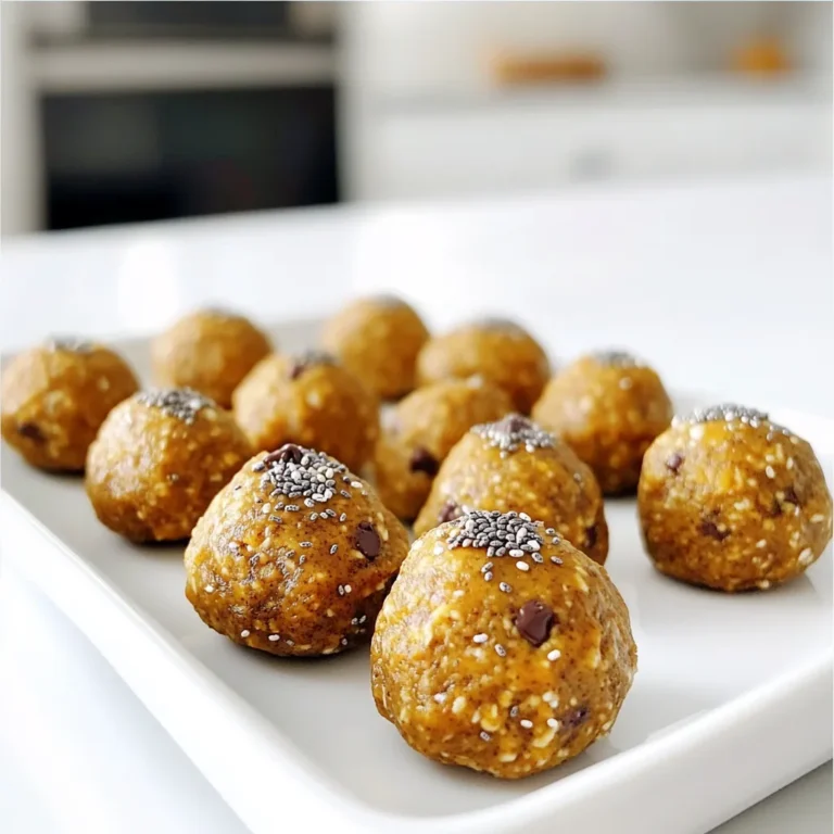 To make these tasty bites, you need some basic ingredients. Here’s what you will need: - 1 cup rolled oats - 1/2 cup almond butter (or peanut butter) - 1/4 cup pure maple syrup - 1/2 cup canned pumpkin puree - 1 tablespoon pumpkin spice (or a mix of cinnamon, nutmeg, and ginger) - 1/4 cup chia seeds - 1/4 cup ground flaxseed - 1/2 teaspoon vanilla extract - Pinch of salt These ingredients work together to create a snack that is both healthy and delicious. The oats provide fiber, while the nut butter gives you protein. The pumpkin adds moisture and flavor. You can change up the taste and texture with some optional add-ins. Consider these: - 1/4 cup mini chocolate chips - Dried fruit like cranberries or raisins - Nuts or seeds like walnuts or sunflower seeds Adding chocolate chips can make them more fun and sweet. Dried fruit can add a chewy texture. Feel free to mix and match! Each energy bite is packed with nutrients. Here is the rough nutritional info per bite: - Calories: 90 - Protein: 3g - Carbohydrates: 10g - Fiber: 2g - Sugar: 3g - Fat: 5g These bites give you energy without a sugar crash. They are great for a quick snack or a healthy treat. Enjoy these bites anytime you need a boost! Start with a large mixing bowl. Add 1 cup of rolled oats. Then, scoop in 1/2 cup of almond butter. If you prefer peanut butter, feel free to use that instead. Next, pour in 1/4 cup of pure maple syrup. Mix these three ingredients well until they blend smoothly. Now, add in 1/2 cup of canned pumpkin puree. Follow that with 1/2 teaspoon of vanilla extract. Stir until the mixture is nice and smooth. This is where the magic begins! Sprinkle in 1 tablespoon of pumpkin spice, along with 1/4 cup of chia seeds and 1/4 cup of ground flaxseed. Add a pinch of salt to enhance the flavors. Mix everything until the dry ingredients spread evenly through the mixture. If you want a touch of sweetness, fold in 1/4 cup of mini chocolate chips, but this step is optional. Now comes the fun part! Use your hands to scoop out the mixture. Roll it into small balls, about 1 inch across. If the mixture feels sticky, dampen your hands with a bit of water or oil. This will help you shape the bites easily. Place each formed energy bite on a baking sheet lined with parchment paper. Make sure they are spaced apart so they don’t stick together. Next, pop the baking sheet into the fridge. Let the energy bites chill for at least 30 minutes. This helps them firm up and hold their shape. Once they are set, transfer your energy bites to an airtight container. Store them in the refrigerator. They will stay fresh for up to a week, making them a great snack option. Enjoy! To get the right texture, use rolled oats. They add chewiness. If your mix is too wet, add more oats or ground flaxseed. If it's too dry, add a little almond butter or pumpkin puree. The goal is a sticky, but firm mix that holds shape. Add more fun with extra spices. Try a dash of cinnamon or nutmeg for warmth. You can also include nuts like walnuts or pecans for crunch. Mini chocolate chips offer sweetness and joy. Don't forget to keep it balanced. Too many add-ins may change the texture. One mistake is not chilling the bites long enough. They need at least 30 minutes in the fridge to firm up. Another common error is not measuring ingredients accurately. Use measuring cups for best results. Lastly, avoid overmixing the dough. This can make your bites tough instead of soft and chewy. {{image_2}} To make these bites vegan, swap almond butter for sunflower butter. Use agave syrup instead of maple syrup for sweetness. The canned pumpkin and spices remain the same. These small changes keep the taste great while making it plant-based. You can enjoy these bites without any animal products. If you need gluten-free options, stick with rolled oats labeled gluten-free. The other ingredients, like almond butter and pumpkin, are naturally gluten-free. This snack is safe for those with gluten allergies. You can indulge without worry. Want to switch things up? Add different spices to the mix. Try cinnamon or cardamom for a new taste. You can also mix in dried fruits like cranberries or raisins. For a crunchy twist, throw in some chopped nuts. Adjust the flavors to match your mood or season. The options are endless! You can store Pumpkin Spice Energy Bites in the refrigerator. Place them in an airtight container. This keeps them fresh and tasty. Make sure to keep them away from light and heat. They will stay good for about a week. If you want to save some for later, freezing is a great option. To freeze, first, let the energy bites cool completely. Then, place them in a single layer on a baking sheet. Freeze for about an hour. After they are firm, transfer them to a freezer bag. Remove as much air as possible before sealing. They can last for up to three months in the freezer. For the best flavor and texture, eat the energy bites fresh. If you store them in the fridge, enjoy them within one week. When frozen, thaw them in the fridge overnight before eating. This way, they taste great and remain safe to eat. Always check for any signs of spoilage before consuming. Yes, you can use other nut butters. Peanut butter works well and adds a nice taste. Sunflower seed butter is a great option too if you need a nut-free choice. Each butter will change the flavor slightly. Choose what you love most! To reduce sweetness, cut back on maple syrup. You can use just 2 tablespoons instead of 1/4 cup. Another option is to skip the mini chocolate chips. You can also add more oats or chia seeds to balance the flavors. Taste as you go to get it just right! Yes, these bites are quite healthy! They have oats, pumpkin, and seeds. Oats provide fiber, and pumpkin is full of vitamins. The healthy fats from nut butter and seeds give energy. Just watch the amount of maple syrup for extra sugar. Overall, they make a great snack! These pumpkin spice energy bites are easy to make and taste great. We covered the main ingredients, preparation steps, and tips to avoid mistakes. You can customize them to fit your needs, like making vegan or gluten-free options. Storing them is simple, too. In summary, these bites are a fun snack. They boost energy and satisfy your sweet craving. Enjoy making and sharing them with friends and family!