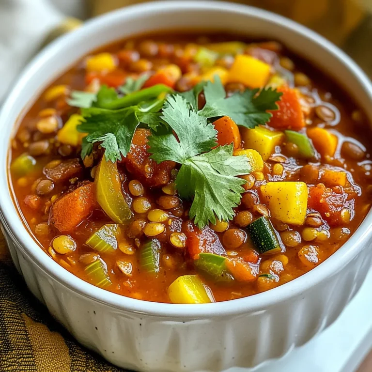 - 1 cup green or brown lentils, rinsed - 1 medium onion, diced - 3 cloves garlic, minced - 1 bell pepper, diced - 2 carrots, diced - 2 celery stalks, diced - 1 zucchini, diced - 1 can (14 oz) diced tomatoes (with juice) - 2 cups vegetable broth - 1 can (15 oz) kidney beans, drained and rinsed - 1 cup corn (fresh or frozen) These main ingredients form the heart of your veggie packed lentil chili. Lentils are rich in protein and fiber. Fresh veggies add color and nutrients. You get a tasty mix that warms you inside. - 1 tablespoon chili powder - 1 teaspoon cumin - 1 teaspoon smoked paprika - 1/2 teaspoon cayenne pepper (adjust to taste) - Salt and pepper to taste Spices bring life to the chili. Chili powder gives it warmth. Cumin adds earthiness. Smoked paprika gives a nice depth. Adjust cayenne pepper for more or less heat. Salt and pepper enhance all the flavors. - Chopped fresh cilantro or parsley - Avocado slices or sour cream Garnishes make your chili shine. Fresh herbs add brightness. Creamy avocado or sour cream gives richness. These options let you customize your bowl. Enjoy adding your personal touch! {{ingredient_image_1}} To start, heat one tablespoon of olive oil in a large pot over medium heat. Next, add one medium diced onion. Sauté the onion for about 3-4 minutes until it softens. This step builds a tasty base for your chili. Once the onion is ready, stir in three cloves of minced garlic. Cook this for 1-2 minutes until it becomes fragrant. The smell will make your kitchen feel warm and inviting. Now it’s time to add some color. Toss in one diced bell pepper, two diced carrots, and two diced celery stalks. Cook these veggies for about 5 minutes. Stir them occasionally until they soften nicely. This mix adds great flavor and texture to the chili. Finally, include one diced zucchini. Cook for another 3 minutes until it is slightly soft. This veggie blend creates a hearty base for the chili. Now, we can build the chili. Add one cup of rinsed green or brown lentils to the pot. Then, pour in one can of diced tomatoes, including the juice. Add two cups of vegetable broth next. For flavor, mix in one tablespoon of chili powder, one teaspoon of cumin, one teaspoon of smoked paprika, and half a teaspoon of cayenne pepper. Season with salt and pepper to taste. Bring the pot to a boil, then lower the heat. Cover the pot and let it simmer for about 25-30 minutes. Stir occasionally. You want the lentils to be tender but not mushy. This is the heart of your chili! After cooking the lentils, it's time for the final touches. Add one can of drained and rinsed kidney beans and one cup of corn to the pot. This adds protein and sweetness. Stir everything together. Let the chili simmer for another 5 minutes. This step heats the beans and corn through. Before serving, taste and adjust the seasonings if needed. You want it just right, bursting with flavor. Serve hot, and if you like, garnish with chopped fresh cilantro or parsley. Enjoy your veggie-packed lentil chili! To get the best flavor from your chili, start by sautéing your veggies. Heat a tablespoon of olive oil in a large pot. Add diced onion first. Cook it for about 3-4 minutes until it softens. Then, add minced garlic. Cook it for another 1-2 minutes until it smells good. This builds a strong base for your chili. Next, add diced bell pepper, carrots, and celery. Cook them for about 5 minutes. Stir occasionally until they soften. After that, stir in the zucchini. Cook it for another 3 minutes. This way, you ensure all veggies are tender and full of flavor. Lentils need time to cook just right. Green or brown lentils take about 25-30 minutes to become tender. Keep an eye on them, and stir occasionally. You want them soft but not mushy. You may have leftovers after making this chili. Store them in an airtight container. This keeps the chili fresh for up to five days in the fridge. If you want to keep it longer, freeze the chili. It stays good for three months in the freezer. When it’s time to eat your leftovers, you can reheat them easily. The best method is to use the stove. Pour the chili into a pot and heat it on medium. Stir often to make sure it warms up evenly. You can also use a microwave. Just place it in a microwave-safe bowl, cover it loosely, and heat in short bursts. Stir in between to avoid hot spots. Want to amp up the heat? Add more cayenne pepper! If you prefer a milder taste, skip it or use less. You can also mix in other spices. Consider adding more chili powder or smoked paprika. These spices give it depth and warmth. Toppings can change your chili game. Try adding diced avocado for creaminess. A dollop of sour cream adds a nice tang. Fresh cilantro or parsley makes it look great and adds flavor. Tortilla chips on the side give a nice crunch too. Enjoy playing with these ideas to make your chili unique! Pro Tips Cook Lentils Al Dente: To avoid mushy lentils, cook them just until tender but still firm. They will continue to absorb flavors as they sit. Enhance Flavor with Acidity: A splash of lime or lemon juice just before serving can brighten the flavors of the chili significantly. Customize Your Heat Level: Adjust the amount of cayenne pepper according to your spice preference. You can also add fresh jalapeños for an extra kick. Make It Ahead: This chili tastes even better the next day! Prepare it ahead of time and store it in the fridge for a quick meal. {{image_2}} You can easily make this chili vegan. Start by swapping any animal-based broth for vegetable broth. You can also skip any meat or cheese toppings. For added protein, try adding more beans or lentils. You can add chickpeas or black beans. These options keep the dish hearty and filling. Feel free to get creative with your ingredients. Use different beans, like pinto or navy beans, instead of kidney beans. You can also swap in lentils, like red or yellow, for a different texture. Seasonal veggies work great too! In the fall, try adding sweet potatoes or butternut squash. In the summer, fresh corn and bell peppers shine in this dish. Adjusting the spice level can make this chili suit anyone's taste. If you want it mild, skip the cayenne pepper. Instead, focus on the chili powder and cumin for flavor. To spice it up, add more cayenne or fresh jalapeños. You can also use fresh herbs like cilantro or parsley to add a nice kick. You can keep veggie packed lentil chili in the fridge for about 4 to 5 days. Make sure it cools before you store it. Place it in an airtight container. This helps keep it fresh and safe to eat. If you notice any off smells or changes in color, it's best to toss it. Freezing is a great way to save leftovers. To freeze chili, let it cool completely. Then, portion it into freezer bags or containers. Remove excess air from bags to prevent freezer burn. Label the bags with the date. This chili can last in the freezer for up to 3 months. When you're ready to eat, thaw it in the fridge overnight. Reheat it on the stove or in the microwave until hot. Choose containers that seal well. Glass or BPA-free plastic containers work great. They help keep your chili fresh and tasty. If using bags, ensure they are freezer-safe. Avoid using regular plastic bags for long-term storage. They can tear and leak, ruining your meal. To make lentil chili from scratch, follow these steps: 1. Heat oil: In a large pot, add 1 tablespoon of olive oil over medium heat. 2. Sauté onions: Add 1 medium diced onion. Cook for 3-4 minutes until soft. 3. Add garlic: Stir in 3 minced cloves of garlic. Cook for 1-2 minutes. 4. Incorporate veggies: Add 1 diced bell pepper, 2 diced carrots, and 2 diced celery stalks. Cook for about 5 minutes. 5. Add zucchini: Mix in 1 diced zucchini. Cook for another 3 minutes. 6. Combine lentils and spices: Add 1 cup of rinsed lentils, 1 can of diced tomatoes, 2 cups of vegetable broth, 1 tablespoon chili powder, 1 teaspoon cumin, 1 teaspoon smoked paprika, and 1/2 teaspoon cayenne pepper. Season with salt and pepper. 7. Simmer: Bring to a boil, then reduce heat. Cover and simmer for 25-30 minutes. 8. Finish chili: Stir in 1 can of drained kidney beans and 1 cup of corn. Heat for 5 minutes. 9. Serve: Enjoy hot, garnished with cilantro or parsley if desired. This process brings together fresh flavors and hearty lentils for a comforting meal. Yes, you can easily adapt this recipe for a slow cooker. Here’s how: 1. Sauté vegetables: Start by sautéing the onions and garlic in a pan. This step adds flavor. 2. Add ingredients to slow cooker: Transfer the sautéed mix to the slow cooker. Add the remaining veggies, lentils, tomatoes, broth, and spices. 3. Cook: Set your slow cooker to low for 6-8 hours or high for 3-4 hours. 4. Stir in beans and corn: About 30 minutes before serving, add the kidney beans and corn. This method allows the flavors to meld beautifully while you go about your day. You can pair your chili with several delicious sides: - Cornbread: A sweet and crumbly bread complements the chili well. - Tortilla chips: Provide a crunchy texture and fun dipping option. - Rice or quinoa: Serve over a bed of rice or quinoa for extra filling. - Fresh salad: A light salad adds a fresh contrast to the hearty chili. - Avocado slices: Add creaminess and richness to your bowl. These sides enhance the meal and make it more satisfying. Making lentil chili is fun and easy. You start with fresh veggies and lentils, adding spices for flavor. The results are healthy and delicious. You learned tips for storage, reheating, and even spicy variations. Remember, you can tailor this chili to your taste. Make it milder or spicier. Enjoy the warmth of each bowl and share with friends. With simple swaps and toppings, the options are endless. This chili is sure to please everyone. Happy cooking!