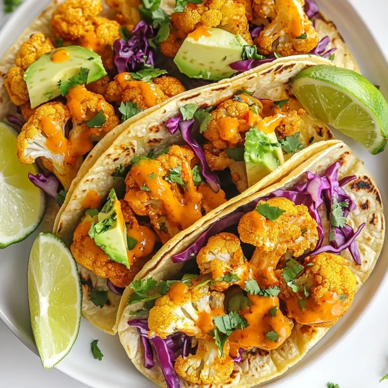 To make tasty Buffalo Cauliflower Tacos, you need simple, fresh ingredients. Here’s what you will need: - 1 medium head of cauliflower, cut into florets - 1 cup all-purpose flour (or gluten-free flour) - 1 cup water - 1 teaspoon garlic powder - 1 teaspoon onion powder - 1 teaspoon smoked paprika - ½ teaspoon cayenne pepper (adjust to taste) - Salt and pepper to taste - 1 cup buffalo sauce (store-bought or homemade) - 8 small corn or flour tortillas - 1 cup red cabbage, shredded - ½ cup cilantro, chopped - 1 avocado, sliced - Lime wedges for serving These ingredients create a bold flavor and a satisfying crunch. Cauliflower serves as a healthy base. The spices give it a kick, while the buffalo sauce adds heat. Tortillas hold everything together, and fresh toppings bring a burst of color and taste. Each element plays a role in making these tacos delicious and fun! {{ingredient_image_1}} 1. First, preheat your oven to 450°F (230°C). Line a baking sheet with parchment paper. This helps the cauliflower crisp up without sticking. 2. In a mixing bowl, add 1 cup of flour, 1 teaspoon garlic powder, 1 teaspoon onion powder, 1 teaspoon smoked paprika, and ½ teaspoon cayenne pepper. Mix well. Add salt and pepper to taste. Gradually pour in 1 cup of water. Stir until the batter is smooth and slightly thick. 1. Take each cauliflower floret and dip it into the batter. Let the excess batter drip off. 2. Place each battered floret on the prepared baking sheet. Make sure they are spaced out evenly. This helps them cook properly. 1. Bake the cauliflower for about 20 minutes. Flip them halfway through for even cooking. 2. After the initial bake, take the cauliflower out. Toss each piece in 1 cup of buffalo sauce until well coated. 3. Return the sauced cauliflower to the baking sheet and bake for another 10 minutes. This step makes them extra crispy and flavorful. To get crispy cauliflower, start by adjusting your cooking times. Bake at 450°F (230°C) for the best crunch. Flip the florets halfway through cooking to ensure even crisping. Next, focus on the batter. You want a smooth and slightly thick mix. If it’s too thin, the cauliflower won't get crunchy. If it’s too thick, it won’t coat well. Aim for a batter that sticks but doesn't drown the florets. For more flavor, try adding spices. A bit of cumin or chili powder can give your tacos a kick. You can also mix in some fresh herbs like parsley or dill for a fresh taste. When it comes to buffalo sauce, you have options. Store-bought sauce is quick and easy. If you want to make it from scratch, combine hot sauce, melted butter, and a dash of vinegar. This gives you control over the heat level and flavor. Serve these tacos with sides that complement their bold taste. A simple cucumber salad or a bowl of guacamole works well. You can also offer dips like ranch or blue cheese dressing for extra flavor. Think about how you present your tacos. Stack them neatly on a plate and add a sprinkle of cilantro on top. Lime wedges on the side not only look great but add a zesty finish when squeezed over the tacos. Pro Tips Choose Fresh Cauliflower: Look for a head of cauliflower with tight, compact florets and fresh green leaves for the best flavor and texture. Adjust Spiciness: Feel free to adjust the amount of cayenne pepper in the batter or buffalo sauce to suit your heat preference. Experiment with Toppings: Add your favorite toppings like diced tomatoes, jalapeños, or a drizzle of ranch dressing to customize your tacos. Make it Gluten-Free: Substitute the all-purpose flour with a gluten-free flour blend to make these tacos suitable for gluten-sensitive diets. {{image_2}} You can easily make this dish vegan or gluten-free. For a gluten-free option, swap all-purpose flour with gluten-free flour. This keeps the texture and flavor intact. You can also use other veggies like broccoli or zucchini to change things up. These vegetables soak up the flavor well and add fun textures. Buffalo sauce comes in many styles. If you want a milder taste, choose a mild buffalo sauce. For spice lovers, use a hot sauce with extra heat. You can also add toppings like shredded cheese or black beans for a twist. They boost flavor and add creaminess or protein. Tortilla choices are flexible. If you want to skip the carbs, use large lettuce leaves as wraps. They make a fresh and crunchy option. You can also add garnishes to your tacos. Try sour cream for creaminess or pickles for a tangy bite. These little extras really enhance your meal. To store leftover buffalo cauliflower, place it in an airtight container. This helps keep it fresh. Make sure to let it cool before sealing. For best results, store it in the fridge within two hours of cooking. This way, it stays safe to eat. Try to eat the leftovers within three days for the best taste and texture. Use glass or BPA-free plastic containers. These materials help protect the cauliflower from absorbing other fridge smells. Plus, they are easy to clean. If you have a lot of leftovers, divide them into smaller portions. This makes it easier to reheat later. To reheat buffalo cauliflower without losing crunch, use an oven or an air fryer. These methods keep your tacos crispy. Preheat your oven to 400°F (200°C). Spread the cauliflower on a baking sheet. Bake for about 10-15 minutes, or until hot. If you’re using an air fryer, set it to 350°F (175°C). Heat for about 5-7 minutes. Check to ensure the cauliflower doesn't burn. Avoid using the microwave, as it can make the cauliflower soggy. Enjoy your tacos just as crispy as when they were fresh! Cutting cauliflower for tacos is simple. Start with a medium head of cauliflower. First, remove the leaves and the core. Then, slice the cauliflower into quarters. Use a sharp knife to cut each quarter into small florets. Aim for pieces that are about 1 to 2 inches wide. This size helps them cook evenly and fit well in tacos. If some florets are larger, cut them down to match. Yes, you can use frozen cauliflower. It is a great time saver. When using frozen cauliflower, thaw it first. You can do this in the fridge overnight or in the microwave for a few minutes. After thawing, make sure to drain excess water. This will help the batter stick better. The cooking time may be a bit shorter since the pieces are smaller. Making homemade buffalo sauce is easy and quick. You need just a few basic ingredients. Use 1 cup of hot sauce, ½ cup of melted butter, and a splash of vinegar. Combine the hot sauce and melted butter in a bowl. Whisk until smooth. Add vinegar for a tangy flavor. You can also mix in garlic powder or cayenne for extra heat. Adjust the heat to your liking. Toppings can really enhance your tacos. I suggest using shredded red cabbage for crunch. Fresh cilantro adds a burst of flavor. Sliced avocado gives a creamy touch. Lime wedges are perfect for a fresh squeeze. You can also add diced tomatoes or jalapeños for more flavor. Try mixing and matching to find your favorite combination! You learned how to make tasty Buffalo Cauliflower Tacos. We covered essential ingredients, prep steps, and baking tips. I shared ways to customize flavors and ensure crispiness. Proper storage and reheating help maintain texture. Remember, these tacos are flexible for different diets and taste preferences. You can make them your own. Enjoy your cooking journey with this fun and healthy dish!
