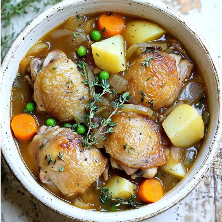 - 4 boneless, skinless chicken thighs - 4 medium-sized carrots, sliced - 3 medium potatoes, cubed - 1 large onion, diced - 3 cloves garlic, minced - 2 cups low-sodium chicken broth - 1 tablespoon fresh thyme leaves - 1 tablespoon fresh rosemary, chopped - 1 bay leaf - Salt and pepper to taste - 1 cup frozen peas - 2 tablespoons olive oil - Optional: Fresh parsley for garnish To make this rustic chicken stew, you need simple, fresh ingredients. The chicken thighs give great flavor and stay moist. Carrots and potatoes add heartiness to the dish. The onion and garlic give depth and aroma. Fresh thyme and rosemary bring a lovely herb taste. A bay leaf adds a subtle hint of earthiness. The low-sodium chicken broth ties everything together. It keeps the stew light yet flavorful. Frozen peas add a pop of color and sweetness at the end. Olive oil helps to sear the chicken, enhancing its flavor. You can garnish the stew with fresh parsley for a nice touch. This dish is not only hearty but also very easy to make. The ingredients are common and can be found at any grocery store. Each item plays an important role in creating a warm, comforting meal. Start by seasoning the chicken thighs with salt and pepper. This makes the chicken tasty. Next, heat olive oil in a large skillet over medium heat. Sear the chicken thighs until they turn golden brown. This takes about 4-5 minutes on each side. Once done, transfer the chicken to the slow cooker. In the same skillet, add the diced onions. Cook them until they are clear, which takes about 3 minutes. Then, add the minced garlic and cook for another minute. You want that nice garlic smell! Once ready, transfer the onions and garlic to the slow cooker. Layer them over the chicken for added flavor. Now, add sliced carrots and cubed potatoes into the slow cooker. These veggies add color and nutrients. Pour in the chicken broth, covering the chicken and vegetables. Next, sprinkle fresh thyme and rosemary on top. Add the bay leaf, too. Stir gently to mix everything, ensuring the chicken is submerged in the broth. Cover the slow cooker. Cook on low for 6-7 hours or on high for 3-4 hours. The chicken should be fully cooked and tender. About 30 minutes before serving, stir in the frozen peas. They add a nice pop of color and sweetness. Taste and adjust the seasoning with salt and pepper if needed. When ready, remove the bay leaf. You can shred the chicken right in the slow cooker for a rustic feel! Best Practices for Searing Chicken Searing the chicken is key for flavor. Start by heating olive oil in your skillet. Once hot, add the seasoned chicken thighs. Cook for about 4-5 minutes on each side until golden. This step locks in juices and adds a nice crust. Transfer the chicken to your slow cooker for the next steps. Importance of Layering Ingredients Layering is essential in this stew. After the chicken, add the onions and garlic from the skillet. They bring depth to the dish. Then, add carrots and potatoes on top. This helps every ingredient cook evenly and blend flavors well. How to Thicken the Stew If you want a thicker stew, you can mash some of the potatoes. Stir them into the broth. Another method is to mix a little cornstarch with water. Add this mixture to the stew and let it cook a bit longer. Modifying Seasoning to Taste Always taste your stew before serving. If it needs more flavor, add salt and pepper. Fresh herbs can also enhance the taste. You can add more thyme or rosemary based on your liking. Serving Suggestions and Garnish Ideas When serving, ladle the stew into rustic bowls. A sprinkle of fresh parsley makes it look great. It adds color and a fresh taste. Pairing with Side Dishes This stew pairs well with crusty bread. It’s perfect for dipping into the rich broth. A simple green salad can also complement the meal nicely. {{image_2}} You can easily change up this stew by using different proteins. For example, chicken breasts are a great option. They cook in the same way as thighs but have less fat. Turkey also works well and gives a nice twist to the dish. You can swap out the vegetables too. Sweet potatoes add a hint of sweetness. They cook down nicely and blend well with the broth. Green beans are another great choice. They add a nice crunch and color to your stew. To boost the flavor, consider adding wine or tomato paste. A splash of white wine adds depth and richness. Tomato paste brings a lovely acidity and helps thicken the stew. Both options can transform your dish into something special. Spices can also enhance the flavor. Paprika adds a subtle smokiness, while cumin brings warmth. A small amount can make a big difference in taste. If you want to make this stew gluten-free, use gluten-free broth. This simple swap keeps the dish safe for those with gluten issues. For a dairy-free option, this stew is already perfect. Just skip any dairy in your garnish. If you're looking for vegan-friendly alternatives, replace the chicken with chickpeas or lentils. Use vegetable broth instead of chicken broth. This keeps the stew hearty and delicious without meat. To keep your Slow Cooker Rustic Chicken Stew fresh, store leftovers well. Use an airtight container. This helps keep flavors strong. Make sure to cool the stew to room temperature before sealing it. - Place the stew in an airtight container. - Refrigerate it within two hours of cooking. - Consume it within 3-4 days for the best taste. If you want to keep it longer, freezing is a great option. - Cool the stew completely. - Use freezer-safe bags or containers. - Label with the date before freezing. - It can last up to three months in the freezer. When you are ready to eat the stew, reheating is easy. The best method is to use the stove. This helps keep the stew thick and tasty. - Pour the stew into a pot. - Heat over medium heat, stirring often. - Make sure it warms evenly. You can also use the microwave if you are in a hurry. - Transfer the stew to a microwave-safe bowl. - Cover it loosely with a lid or plastic wrap. - Heat in short bursts, stirring in between until hot. To keep the flavor and texture, avoid boiling it. This can make the chicken tough. Always taste before serving. Adjust the seasoning if needed. Enjoy your hearty stew! You can tell when chicken is done by checking its color and texture. Properly cooked chicken should be white and firm. You can also use a meat thermometer. The internal temperature should reach 165°F (75°C). This ensures it is safe to eat. If the juices run clear, the chicken is likely ready. Yes, you can prepare this stew ahead of time. Cook it in your slow cooker and let it cool. Store the stew in an airtight container. It lasts about three days in the fridge. For longer storage, freeze it for up to three months. Just thaw before reheating. This stew pairs well with many sides. Here are some great options: - Crusty bread for dipping - A fresh garden salad - Mashed potatoes for extra comfort - Rice or quinoa for a healthy twist These sides balance the stew’s rich flavors. You can easily adapt this recipe for stovetop cooking. Start by searing the chicken in a large pot. Then, add the onions and garlic, just like in the slow cooker. Next, add the vegetables and broth. Bring it to a boil, then reduce the heat. Let it simmer for about 30-40 minutes. Make sure the chicken is cooked through before serving. This blog post covered every step for making a delicious Slow Cooker Rustic Chicken Stew. You learned about the key ingredients, from tender chicken to fresh vegetables and herbs. I shared tips to boost flavor and ideas for variations, catering to different diets. Cooking this stew is simple and rewarding. So, roll up your sleeves and enjoy preparing this hearty meal. With care, you will make a dish that warms the soul. Happy cooking!